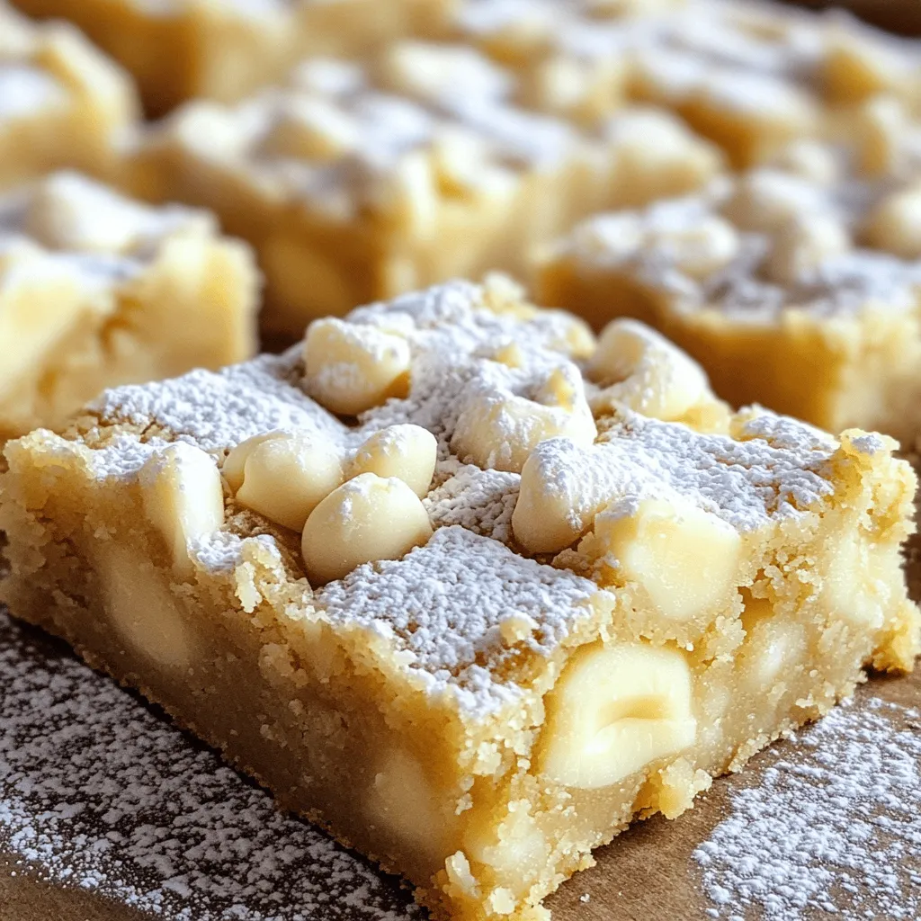 Gathering the right ingredients is key for great blondies. Here’s what you need: - 1 cup (2 sticks) unsalted butter, melted - 1 1/2 cups brown sugar, packed - 2 large eggs - 2 teaspoons vanilla extract - 2 cups all-purpose flour - 1 teaspoon baking powder - 1/2 teaspoon salt - 1 cup white chocolate chips - 1 cup macadamia nuts, coarsely chopped Using high-quality white chocolate and fresh macadamia nuts makes a big difference. The chocolate adds a creamy sweetness, while the nuts provide a nice crunch. These flavors work together to create that perfect bite. You can customize your blondies. Here are some swaps for dietary needs: - Use dairy-free butter for a vegan option. - Swap in dark chocolate chips for a richer taste. - Replace macadamia nuts with walnuts or pecans if you prefer. These options let you enjoy blondies no matter your diet. Make sure you have the right tools before you start baking: - A 9x13 inch baking pan - Parchment paper (for easy removal) - Mixing bowls (one large and one medium) - A whisk and spatula - A measuring cup and spoons Having these tools ready keeps your baking process smooth and fun. To start, preheat your oven to 350°F (175°C). Preheating is key. It helps the blondies bake evenly. If your oven is not hot enough, the blondies can be gooey inside. While the oven heats, grease a 9x13 inch baking pan. You can also use parchment paper for easy removal. This makes cutting the blondies easier later on. In a large mixing bowl, first combine the melted butter and brown sugar. Stir them until they blend smoothly. This mixture should feel thick and creamy. Next, add the eggs, one at a time. Mix well after adding each egg. Finally, stir in the vanilla extract. This adds a lovely flavor that complements the sweet white chocolate. In a separate bowl, whisk together the flour, baking powder, and salt. Make sure there are no lumps. Gradually add this dry mix to the wet mix. Stir just until you see no more dry flour. Be careful not to overmix; this keeps the blondies soft and chewy. Now it's time to fold in the fun ingredients! Gently add the white chocolate chips and chopped macadamia nuts. Use a spatula to mix them in evenly. Pour the batter into your prepared pan. Use a spatula to spread it out evenly. Bake the blondies for 25-30 minutes. They are done when the edges are golden. A toothpick inserted in the center should come out clean with a few moist crumbs. Let them cool for about 10 minutes in the pan before lifting them out. If you used parchment paper, this is easy. Cool them on a wire rack before cutting into squares. Enjoy your delicious blondies! To get that perfect chewy texture in your blondies, use melted butter. It adds moisture and richness. Make sure you mix the batter just until combined. Overmixing can make them tough. Letting the blondies cool completely also helps maintain their chewy consistency. If you want sweeter blondies, add more brown sugar. You can also try using a mix of white and brown sugars. For less sweetness, cut back on the sugar by a quarter cup. Taste the batter before baking; it should taste good even raw. Let the blondies cool in the pan for 10 minutes. Then, lift them out using parchment paper. Place them on a wire rack to cool completely. When cutting, use a sharp knife for clean edges. Wipe the knife between cuts for neat slices. {{image_2}} You can easily switch up the flavors in your blondies. Try adding shredded coconut for a tropical touch. Dark chocolate chips are a great option if you prefer a richer taste. You can mix and match these flavors. Just be sure to keep the same amount of chocolate and nuts. This way, the texture stays perfect. If you need gluten-free blondies, swap the all-purpose flour for gluten-free flour. Make sure to check for a good brand that works well in baking. For a dairy-free version, use coconut oil instead of butter. You can also find dairy-free white chocolate chips. These adjustments let everyone enjoy this treat, no matter their diet. Add seasonal ingredients to make your blondies shine. In fall, mix in pumpkin pie spice for a warm flavor. During winter, try adding a hint of peppermint extract. In summer, fresh berries can brighten up the taste. These seasonal twists keep your blondies exciting and fresh, making every batch unique. To keep your white chocolate macadamia blondies fresh, store them in an airtight container. You can keep them at room temperature for up to three days. For longer freshness, place them in the fridge. Just remember, they may lose some of their softness in the fridge. If you prefer warm blondies, try to eat them soon after baking. Freezing is a great way to keep blondies longer. Cut them into squares before freezing. Wrap each piece tightly in plastic wrap, then place them in a freezer bag. This helps to avoid freezer burn. You can freeze blondies for up to three months. When you are ready to enjoy them, simply thaw them at room temperature or pop them in the microwave for a few seconds. To reheat, you want to keep the blondies soft and chewy. Preheat your oven to 350°F (175°C). Place the blondies on a baking sheet and cover them with foil. Heat for about 10 minutes. If using a microwave, place one blondie on a microwave-safe plate. Heat it for about 10 seconds. Check and heat in small bursts if needed. Enjoy your warm blondies! White chocolate macadamia blondies are sweet treats that mix rich flavors. They are a twist on traditional brownies but use brown sugar and white chocolate. This gives them their unique taste and texture. The macadamia nuts add a buttery crunch. Together, they create a soft, chewy dessert that melts in your mouth. These blondies are perfect for any occasion, from parties to cozy nights at home. Yes, you can use other nuts in this recipe. If you prefer walnuts, pecans, or almonds, feel free to swap out the macadamia nuts. Just chop them coarsely, like you would with macadamias. Each nut brings its own flavor. Keep in mind that the taste will change based on the nut you choose. This allows you to customize the blondies to suit your taste. To check if your blondies are ready, look for golden edges. The center should be set but still soft. Use a toothpick to test; insert it in the middle. If it comes out clean with a few moist crumbs, they are done. Avoid overbaking, as this will make them dry. Let them cool in the pan for ten minutes before cutting. This helps keep them soft and chewy. This article covered everything you need to know about white chocolate macadamia blondies. We explored essential ingredients and the tools you need to bake. You learned step-by-step instructions for perfect blondies, along with tips for great texture and sweetness. We also discussed variations and how to store your treats for later. Baking blondies can be fun and rewarding. With this guide, you're set to create delicious treats that everyone will love.