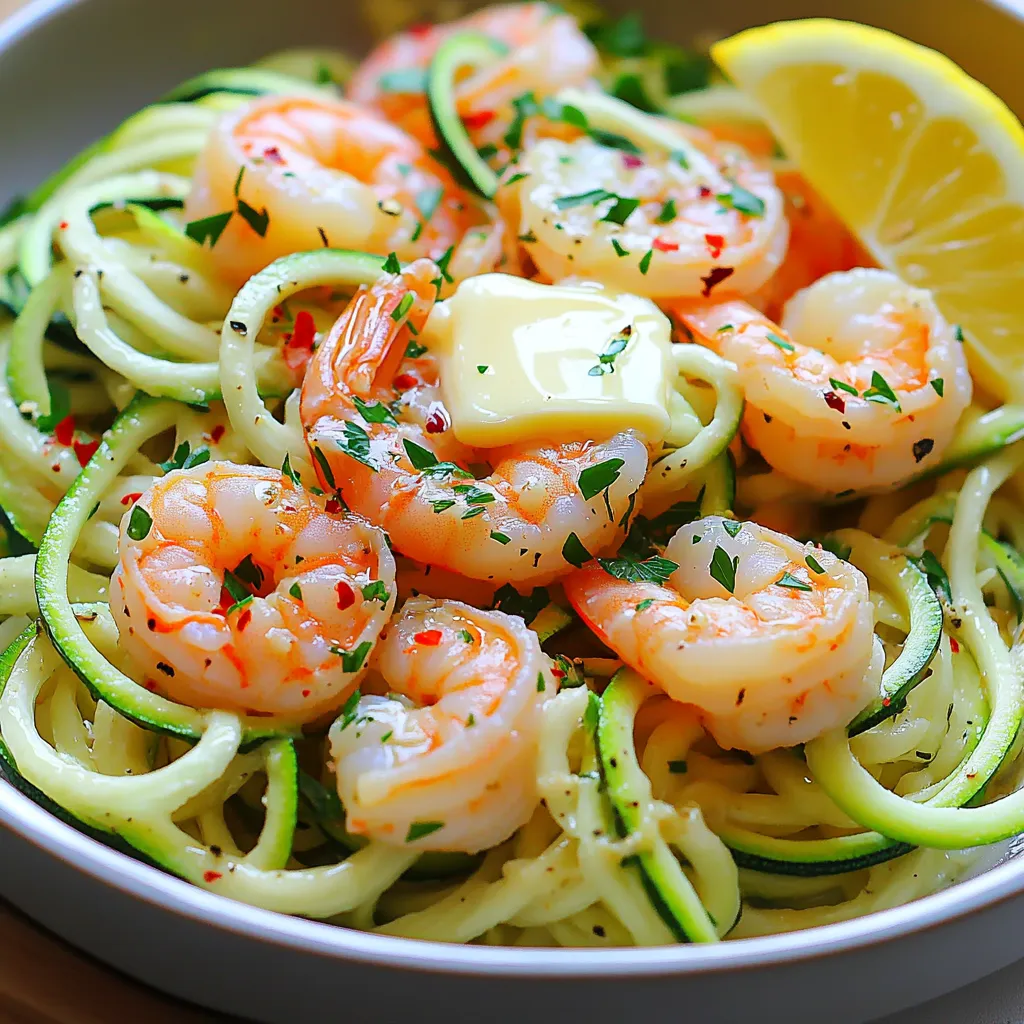 To make Minute Garlic Butter Shrimp Zoodles, you will need a few simple ingredients. Here’s what you should have on hand: - 1 pound large shrimp, peeled and deveined - 2 medium zucchinis, spiralized into noodles (zoodles) - 4 tablespoons unsalted butter - 4 garlic cloves, minced - 1 teaspoon red pepper flakes (adjust to taste) - Salt and pepper to taste - 2 tablespoons fresh parsley, finely chopped - Juice of 1 lemon - Optional: Parmesan cheese for garnish These ingredients create a delightful mix of flavors. The shrimp add protein, while the zoodles provide a fresh crunch. The garlic and butter bring richness, and the lemon juice adds a bright pop. Don't skip the fresh parsley; it gives a lovely color and taste. You can adjust the red pepper flakes based on your spice preference. If you love cheese, sprinkle some Parmesan on top for extra flavor. With these ingredients, you can whip up a quick and tasty meal that pleases everyone! - First, grab your spiralizer. It’s a fun tool that turns zucchini into noodles. - Cut the ends off the zucchinis, then spiralize them. Make sure they are nice and thin. - Once you have your zoodles, set them aside. We will use them soon. - Now, heat a large skillet over medium-high heat. Melt 2 tablespoons of butter in it. - Add the minced garlic and stir it for about 30 seconds. This step fills your kitchen with a lovely aroma. - Next, add the shrimp in a single layer. Sprinkle with red pepper flakes, salt, and pepper. - Cook the shrimp for about 2-3 minutes on each side. They should turn pink and opaque. Remove them from the skillet and put them aside. - In the same skillet, melt the remaining 2 tablespoons of butter. - Add the zoodles and sauté them for 2-3 minutes. Stir them often until they are just tender. - Season the zoodles with a pinch of salt and pepper. - Now, return the cooked shrimp to the skillet. Drizzle with fresh lemon juice and toss everything well. - Make sure the shrimp and zoodles are mixed evenly. This step brings all the flavors together. To get the best garlic butter shrimp, start with the right spice levels. I suggest starting with one teaspoon of red pepper flakes. You can add more if you like heat. Taste your dish as you cook. Adjust the spice to fit your taste. Cooking shrimp right is key. They should cook about two to three minutes on each side. When they turn pink and opaque, they are done. Don't overcook them. Overcooked shrimp can become chewy and tough. Using fresh ingredients makes a big difference. Fresh garlic gives a stronger taste than dried. Choose ripe zucchinis for the zoodles. They should feel firm and smooth. Fresh parsley adds a bright flavor and color to your dish. Garnishing is fun and easy. I love adding a sprinkle of fresh parsley on top. If you want more flavor, add grated Parmesan cheese. A lemon wedge on the side adds a nice touch. It also gives a fresh burst of flavor when squeezed over the dish. {{image_2}} You can swap shrimp for chicken or tofu. Both options work well in this dish. For chicken, use boneless and cut it into bite-sized pieces. Cook it in the same way as shrimp, making sure it reaches a safe temperature. Tofu can add a nice texture. Use firm tofu and press it to remove excess water. Cut it into cubes and sauté it until golden brown. If you want to try different veggies, go for carrots or squash. Spiralized carrots add a sweet crunch. They cook fast, so keep an eye on them. Squash, like yellow squash, gives a mild flavor and a pretty color. You can even mix various veggies for a fun twist. Adding herbs and spices can change the dish's taste. Fresh basil or dill can add a bright flavor. If you want more kick, try adding smoked paprika or a splash of soy sauce. For a touch of sweetness, consider a sprinkle of brown sugar or honey. You can experiment to find your perfect mix. To keep your Minute Garlic Butter Shrimp Zoodles fresh, use an airtight container. Place the zoodles and shrimp in it after they cool down. Make sure to separate them if you want to prevent sogginess. This way, the zoodles stay crisp. You can store them in the fridge for up to three days. After that, the flavors and texture may change. Reheating your zoodles and shrimp is easy. You can use a microwave or a skillet. For the microwave, place the leftovers in a bowl. Heat for 1-2 minutes, stirring halfway through. If you prefer a skillet, heat it on medium. Add a splash of water or broth for moisture. Then, gently toss the zoodles and shrimp until warmed through. Enjoy your meal without losing flavor! It takes just 15 minutes to make this dish. You will need about 10 minutes for prep. The cooking time adds another 5 minutes. Yes, you can prepare some parts in advance. Spiralize the zucchini and store them in the fridge. You can also clean and season the shrimp ahead of time. Cook the shrimp and zoodles fresh for the best taste. This dish pairs well with many sides. Try garlic bread for a classic touch. A fresh salad adds a nice crunch. You can also serve it with rice for a hearty meal. In this post, I shared how to make Minute Garlic Butter Shrimp Zoodles. You learned about the key ingredients, step-by-step instructions, and helpful tips. I also offered variations to suit your taste. Remember, fresh ingredients can boost flavor. You can switch shrimp for chicken or tofu if you like. This dish is quick and fun to make, perfect for busy days. Enjoy your meal and feel free to explore different combinations!