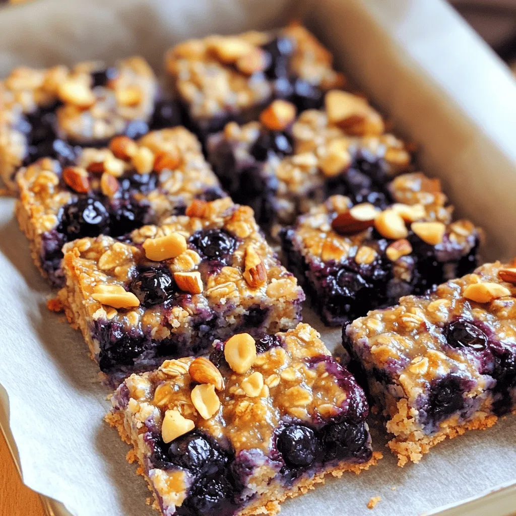- 2 cups rolled oats - 1 cup fresh or frozen blueberries - 1/2 cup almond flour The main ingredients give these bars their base. Rolled oats provide hearty fiber and texture. Blueberries add juicy sweetness and a pop of color. Almond flour keeps the bars moist and adds healthy fats. - 1/4 cup honey or maple syrup - 1/4 cup unsweetened applesauce - 1 teaspoon vanilla extract Sweeteners and binders help hold the bars together. Honey or maple syrup adds natural sweetness. Unsweetened applesauce keeps the texture soft and moist. Vanilla extract gives a lovely flavor that complements the blueberries. - 1/2 teaspoon cinnamon - 1/4 teaspoon salt - 1/2 cup chopped nuts (optional) - 1/4 cup dark chocolate chips (optional) Spices and add-ins add depth to the flavor. Cinnamon gives warmth, while salt enhances sweetness. Chopped nuts add crunch, and dark chocolate chips add a rich treat. You can customize these bars to fit your taste. 1. First, preheat your oven to 350°F (175°C). This helps the bars bake evenly. 2. Next, line an 8x8 inch baking dish with parchment paper. Leave some paper over the edges. This will make it easy to lift the bars out later. 3. In a large mixing bowl, combine 2 cups of rolled oats, 1/2 cup of almond flour, 1/2 teaspoon of cinnamon, and 1/4 teaspoon of salt. Stir well to blend all the dry ingredients. 1. In a separate bowl, whisk together 1/4 cup of honey or maple syrup, 1/4 cup of unsweetened applesauce, and 1 teaspoon of vanilla extract. Mix until smooth and well combined. 2. Pour the wet mixture into the bowl with the dry ingredients. Stir until everything is mixed well. 3. Gently fold in 1 cup of blueberries, and if you like, add 1/2 cup of chopped nuts or 1/4 cup of dark chocolate chips. 1. Transfer the mixture to the prepared baking dish. Press it down evenly with a spatula. Make sure it is packed tightly. This helps the bars hold together better. 2. Bake in the preheated oven for 25-30 minutes. Keep an eye on it and check for golden brown edges. 3. Once baked, take the dish out of the oven. Let it cool for 10 minutes. Use the parchment paper to lift the bars out. Allow them to cool completely on a wire rack before slicing into squares. To ensure your bars hold together, pack the mixture tightly in the pan. This helps the bars firm up and not crumble when you slice them. Press down firmly with a spatula to avoid air pockets. For even baking, turn your pan halfway through the baking time. This helps the bars bake evenly on all sides. If you want to change the sweetness, try using agave syrup or coconut sugar instead of honey or maple syrup. For a nut-free option, you can use sunflower seeds. Feel free to swap the blueberries with other fruits like raspberries or chopped apples. You can also use different nuts like pecans or hazelnuts for unique flavors. These bars are great for breakfast or as a snack. Pair them with yogurt or fresh fruit for a complete meal. Serve them with a glass of milk or a smoothie for a quick morning boost. You can also enjoy them with a cup of tea or coffee during a break. {{image_2}} You can change the taste of your blueberry oatmeal bars. Adding spices can give them a fun twist. Try adding nutmeg or ginger for warmth. These spices mix well with the blueberries. You can also swap out the fruit. Raspberries or cranberries are great choices. They add a tart flavor that pairs nicely with oats. If you have dietary needs, you can adjust this recipe. To make it gluten-free, use oats labeled as gluten-free. Almond flour is a great choice here. It keeps the bars soft and tasty. For a vegan option, replace honey with maple syrup. Applesauce works as a binder and adds moisture too. Toppings can make your breakfast bars even better. Drizzle yogurt or nut butter on top. This adds creaminess and flavor. You can also add fresh fruits or nuts as garnishes. Chopped almonds or walnuts add a nice crunch. These toppings make your bars look and taste gourmet! After baking your blueberry oatmeal breakfast bars, allow them to cool in the pan for about 10 minutes. Use the parchment paper to lift them out. Place them on a wire rack to cool completely. This step helps keep them from getting soggy. For storage, use an airtight container. Glass or plastic containers both work well. You can also wrap the bars in plastic wrap for extra freshness. This keeps them tasty and helps avoid any unwanted odors. These bars last about a week in the fridge. Store them in an airtight container for best results. If you want to keep them longer, freezing is a great option. Wrap each bar in plastic wrap and then place them in a freezer-safe bag. They can last up to three months in the freezer. Just thaw them in the fridge before eating. To reheat your bars, the best method is the microwave. Place a bar on a microwave-safe plate and heat for 15-20 seconds. This warms them up nicely without making them tough. You can also use the oven. Preheat it to 350°F (175°C) and place the bars on a baking sheet for about 10 minutes. This method keeps them crispy. Enjoy your warm, tasty bars any time! To make these bars gluten-free, just swap the rolled oats for certified gluten-free oats. Many brands offer oats free from gluten cross-contamination. Ensure that your almond flour is also gluten-free. This way, you keep the texture and flavor intact while making them safe for those with gluten issues. Yes, you can use frozen blueberries! They work great in this recipe. Just remember to fold them in gently to avoid breaking them up too much. You may want to add a couple of extra minutes to the baking time since frozen berries can add moisture to the mix. Check for golden edges and a firm center to know the bars are done. They should not jiggle when you lightly shake the pan. If they look slightly soft in the middle, that’s okay; they will firm up as they cool. Absolutely! These bars freeze well. Once they cool, wrap them tightly in plastic wrap or foil, then place them in an airtight container. They can last up to three months in the freezer. When you want to eat one, just thaw it overnight in the fridge. You’ve learned how to create delicious breakfast bars using simple ingredients like oats, blueberries, and almond flour. We discussed preparation steps, baking tips, and ways to customize your bars. Remember to store them correctly to keep them fresh. With these ideas, you can enjoy tasty bars tailored to your preferences. Now you can be creative in the kitchen and make these snacks fit any diet. Happy baking!