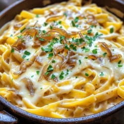 - 12 ounces pasta (fettuccine or linguine) - 2 large onions, thinly sliced - 3 cloves garlic, minced - 4 cups vegetable broth - 1 cup heavy cream - 1 tablespoon olive oil - 1 tablespoon butter - 1 tablespoon fresh thyme leaves (or 1 teaspoon dried) - 1 cup grated Gruyère cheese - Salt and pepper to taste - Optional: Fresh parsley for garnish For this creamy one pot French onion pasta, I use simple and fresh ingredients. Start with 12 ounces of your favorite pasta, like fettuccine or linguine. I love the way these shapes hold the sauce. Next, I add two large onions, sliced thin. The onions bring a sweet and rich flavor that makes this dish special. I also use three cloves of minced garlic. Garlic adds depth and aroma. For the base, I pour in four cups of vegetable broth. This gives the pasta a nice, hearty flavor. Then, I mix in one cup of heavy cream, which brings creaminess to our dish. To give it a nice finish, I use one tablespoon each of olive oil and butter. The olive oil adds a fruity note, while the butter enhances richness. Fresh thyme leaves are important, too. One tablespoon brings a touch of earthiness, or you can use one teaspoon of dried thyme if you prefer. Finally, I add one cup of grated Gruyère cheese. It melts beautifully and gives a nutty flavor. Don't forget to season with salt and pepper to taste. If you like, you can garnish with fresh parsley. This dish is all about comforting flavors and creamy goodness! 1. Start by heating one tablespoon of olive oil and one tablespoon of butter in a large pot over medium heat. 2. Once the fat is hot, add two large onions that you sliced thinly. 3. Sauté the onions for about 10 to 12 minutes. Stir them often until they become soft and caramelized. This step adds a deep, sweet flavor to the dish. 1. Now, add three cloves of minced garlic and one tablespoon of fresh thyme leaves to the pot. If you use dried thyme, one teaspoon will work. 2. Cook these together for another one to two minutes. You want the garlic to be fragrant but not burnt. 3. Next, pour in four cups of vegetable broth. Bring this mixture to a gentle boil. 1. Stir in 12 ounces of your choice of pasta, like fettuccine or linguine. Add salt and pepper to taste. 2. Lower the heat to a simmer and cover the pot. 3. Cook for about 10 to 12 minutes, stirring occasionally, until the pasta is al dente. This means it should be firm but cooked through. 1. After the pasta is cooked, reduce the heat to low. 2. Stir in one cup of heavy cream and half of the grated Gruyère cheese. Mix until everything is melted and creamy. 3. Taste the dish and adjust seasoning if needed. 4. Serve the pasta warm, adding the rest of the Gruyère cheese on top. If you like, you can also sprinkle fresh parsley for garnish. To get great caramelized onions, use a wide pot. This gives the onions space to cook evenly. Start with medium heat. Add oil and butter, then the onions. Stir them often for about 10-12 minutes. You want them soft and golden brown. Patience is key here. If you rush, they may burn instead of caramelizing. Take your time and enjoy the sweet smell as they cook. To keep your cream from curdling, add it slowly. Stir it in just before serving. This keeps the cream smooth and rich. If you want to switch cheeses, try mozzarella or cheddar. Each cheese gives a unique taste and texture. To stop pasta from sticking, stir it well during cooking. Use a large pot of boiling water. This helps the pasta move freely. For al dente pasta, cook it for about 10-12 minutes. Check it a few minutes before the time is up. It should be firm but not hard. {{image_2}} You can switch up the pasta type in this dish. Try using penne or rotini. These shapes hold the sauce well. For a gluten-free option, use chickpea or rice pasta. If you want to make it vegetarian or vegan, swap heavy cream with coconut cream or a nut-based cream. You can also replace Gruyère cheese with a vegan cheese blend. You can add more herbs for depth. Fresh basil or rosemary can enhance the taste. If you want a bit of heat, sprinkle in some red pepper flakes. Adding vegetables boosts the nutrition. Spinach or mushrooms can be great choices. Just sauté them with the onions for extra flavor. If you have a big gathering, you can easily double the recipe. Just use a larger pot and adjust the cooking time as needed. For smaller servings, cut the ingredients in half. This way, you still get that creamy delight without the waste. To keep your creamy one pot French onion pasta fresh, follow these steps: - Refrigerate: Place the pasta in an airtight container. Make sure it cools to room temp first. Store it in the fridge for up to 3 days. - Freeze: If you want to save it longer, freeze the pasta. Use freezer-safe bags or containers. It can last up to 3 months. Just remember to label them with the date! When it's time to enjoy your leftovers, reheating is key: - Stovetop Method: Heat a pan over low heat. Add the pasta and a splash of water or broth. Stir until warmed through. This helps keep the creamy texture. - Microwave Method: Transfer the pasta to a microwave-safe dish. Add a splash of water. Cover with a microwave-safe lid. Heat for about 1-2 minutes, stirring halfway through. Following these tips will help you enjoy your creamy one pot French onion pasta just like the first time! You can use any pasta you like! I recommend fettuccine or linguine. These shapes hold the creamy sauce well. They also mix nicely with the onions and garlic. You can try other shapes, too, like penne or spaghetti. Just keep an eye on the cooking time. Yes, you can make this dish ahead of time. Cook the pasta and let it cool. Store it in an airtight container in the fridge. It keeps well for up to three days. For reheating, add a splash of broth or cream. Heat it gently on the stove or in the microwave. This way, the pasta stays creamy and tasty. Absolutely! You can use gluten-free pasta. Brands like chickpea or brown rice pasta work great. They add a nice flavor and texture. Just follow the package instructions for cooking time. The rest of the recipe stays the same. Yes, you can swap cheeses! Gruyère adds a rich flavor, but you can use other cheeses too. Try Swiss, sharp cheddar, or even mozzarella. Each cheese gives a different taste. Experimenting can lead to fun new flavors! Just make sure to melt the cheese well into the sauce. You now have all you need to create a rich, creamy pasta dish. We explored essential ingredients, cooking steps, and important tips. You learned how to sauté onions for sweetness and ensure creaminess without curdling. Remember, pasta is versatile! You can swap ingredients and scale the recipe for any occasion. Store leftovers well to enjoy later. With this guide, you can confidently prepare a meal that impresses. Experiment and make it your own for delightful results every time.