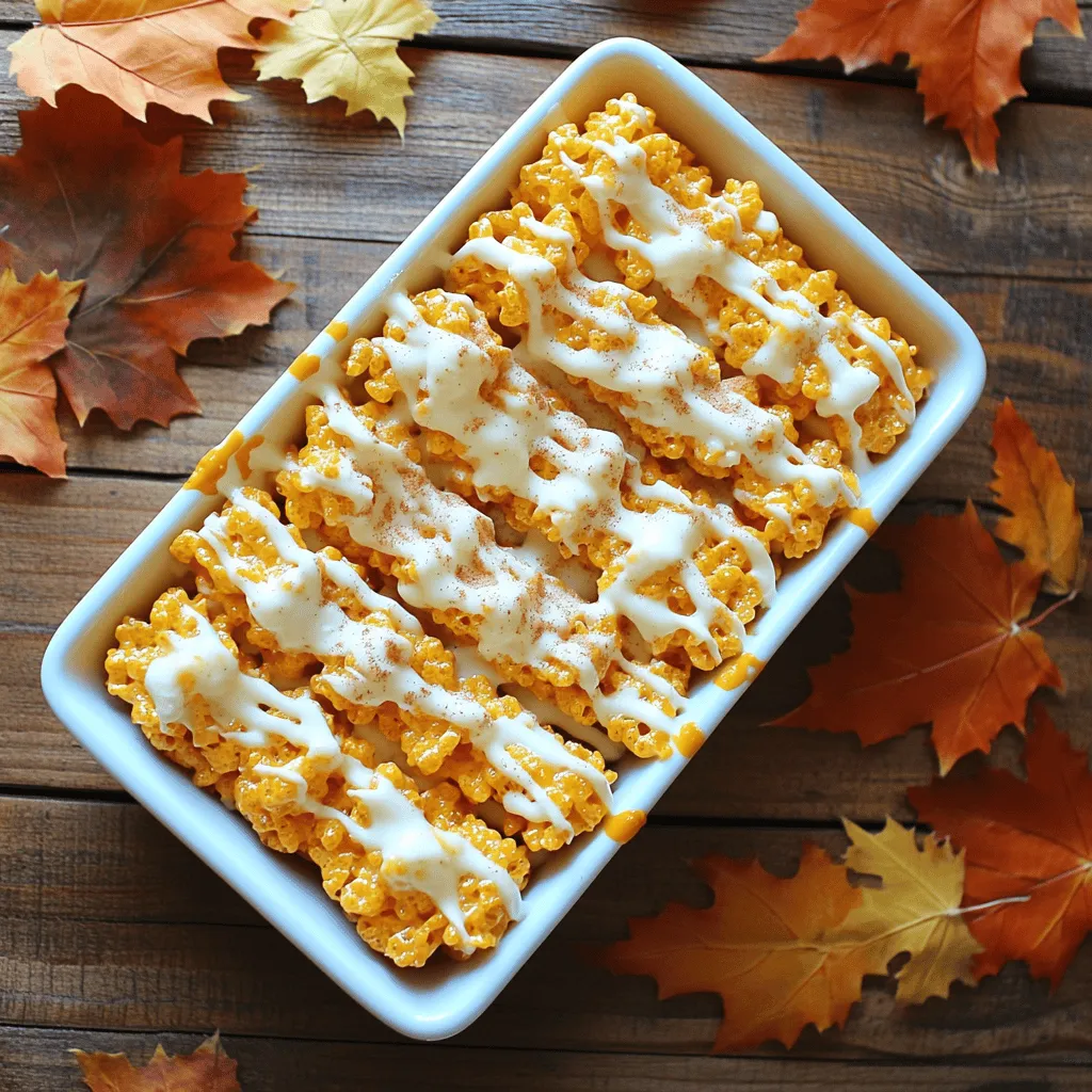 To make Pumpkin Spice Rice Krispie Treats, gather these key items: - 6 cups Rice Krispies cereal - 1 cup pumpkin puree - 1/2 cup unsalted butter - 1 bag (10 oz) marshmallows (mini or regular) - 1 teaspoon pumpkin pie spice - 1 teaspoon vanilla extract - Pinch of salt - Optional: 1/2 cup chopped walnuts or pecans for crunch Each ingredient plays a vital role in creating this delightful fall treat. The Rice Krispies give a perfect crunch, while pumpkin puree adds rich flavor and moisture. Unsalted butter blends the ingredients smoothly, and marshmallows provide that gooey texture we all love. Pumpkin pie spice brings warmth and depth, making these treats truly seasonal. Vanilla extract enhances the overall flavor, while a pinch of salt balances the sweetness. If you want some extra crunch, toss in chopped nuts! These ingredients come together to create a sweet, comforting dessert that’s perfect for fall gatherings. Plus, they are simple enough for anyone to make. Enjoy the magic of autumn with every bite! Start by greasing your baking dish. You can use unsalted butter or non-stick spray. Both work well to stop sticking. A 9x13 inch dish is perfect for these treats. This size helps them cook evenly and stay thick. Heat a large saucepan on medium. Add your unsalted butter and let it melt completely. Once melted, toss in the marshmallows. Stir non-stop until they turn smooth and creamy. This step is key for a great texture. When your mixture is smooth, take it off the heat. Now, stir in the pumpkin puree, pumpkin pie spice, vanilla extract, and a pinch of salt. Mix well to blend all the flavors. This is where the magic happens! Gradually add the Rice Krispies cereal to your mixture. Use a spatula to fold the cereal gently. Be careful not to crush the cereal. If you want some crunch, add chopped walnuts or pecans at this stage. Pour your mix into the greased baking dish. Wet your hands a bit to keep the mixture from sticking. Pack it down firmly and evenly. This helps create the best texture in your treats. Let the treats cool at room temperature for at least 30 minutes. This cooling time helps them set. Once they cool, use a sharp knife to cut them into squares or rectangles. Enjoy your tasty treats! To keep your Pumpkin Spice Rice Krispie Treats fresh, use an airtight container. This will help them stay soft and chewy. You can also wrap them in plastic wrap before placing them in a container. They will stay fresh for about 3 to 5 days at room temperature. If you want them to last longer, consider freezing them. Make your treats pop with fun serving ideas. Cut them into festive shapes using cookie cutters. You can also drizzle melted white chocolate on top for a special touch. A sprinkle of extra pumpkin pie spice can add more flavor and charm. Serve them on a colorful platter to bring out the fall spirit. If your treats turn out sticky, try adding more Rice Krispies. Mixing in a bit more cereal can help absorb the moisture. To avoid hard or crumbly treats, make sure to pack them down gently, but firmly, when you press them into the pan. This helps them hold together without becoming too tough. {{image_2}} Want to spice things up? You can try adding different spices to your Pumpkin Spice Rice Krispie Treats. Cinnamon or nutmeg can add warmth. You can even mix in some ginger for a kick! Flavored marshmallows also work great. Try using caramel or vanilla marshmallows for a twist. They’ll add a fun layer of taste. Adding nuts can change the texture. Chopped walnuts or pecans give a nice crunch. Just mix them in when you combine the Rice Krispies. You can also toss in some dried fruit. Raisins or cranberries add sweetness. They can make your treats chewy and fun to eat. If you need gluten-free treats, use gluten-free Rice Krispies. Just check the label to be sure. For a vegan option, swap the butter for coconut oil. Use vegan marshmallows as well. These simple swaps make the treats fit for many diets. Enjoy these tasty variations! Keep your Pumpkin Spice Rice Krispie Treats in an airtight container at room temp. This keeps them soft and chewy. They will stay fresh for about 3 to 5 days. Make sure to store them away from heat and sunlight. You should refrigerate the treats if you want to keep them longer. When chilled, they can last up to two weeks. However, the texture may change. They might become a bit firmer and less gooey. If you enjoy that chewy texture, try eating them at room temp after chilling. Freezing is a great option if you want to save some treats for later. Wrap them tightly in plastic wrap and place them in a freezer-safe container. They can last for up to three months in the freezer. To defrost, take them out and leave them at room temp for a few hours. Enjoy your treats fresh and tasty! You can boost the flavor in many ways. Add more pumpkin pie spice for a warm kick. Try a dash of cinnamon or nutmeg for extra depth. You can even mix in a bit of maple syrup for sweetness. If you want crunch, toss in some chopped walnuts or pecans. These simple tweaks make the treats more exciting. Yes, you can use other cereals! Cheerios or Cornflakes work well too. For a fun twist, try using chocolate or fruity cereals. This change adds new flavors and textures. Mix and match to find your favorite combo. Your treats will still be delicious. To keep your treats fresh, store them in an airtight container. This helps to maintain their soft texture. Place parchment paper between layers to prevent sticking. They can last up to a week at room temperature. For longer storage, you can refrigerate them, but they may get a bit hard. To cut your treats neatly, use a sharp knife. Lightly grease the knife with butter. This helps prevent sticking. Cut straight down without sawing back and forth. This method keeps the squares intact and looking great. Absolutely, you can make these treats ahead of time! Prepare them a day or two in advance. Just store them properly in an airtight container. This way, they stay fresh and ready to enjoy whenever you want! You now have a complete guide to making delicious Pumpkin Spice Rice Krispie Treats. We covered the essential ingredients, step-by-step instructions, and even some handy tips. Additionally, I shared variations and storage methods to ensure your treats stay fresh and tasty. These treats are easy to customize and perfect for any occasion. Enjoy experimenting with flavors and impressing friends and family. Happy cooking!