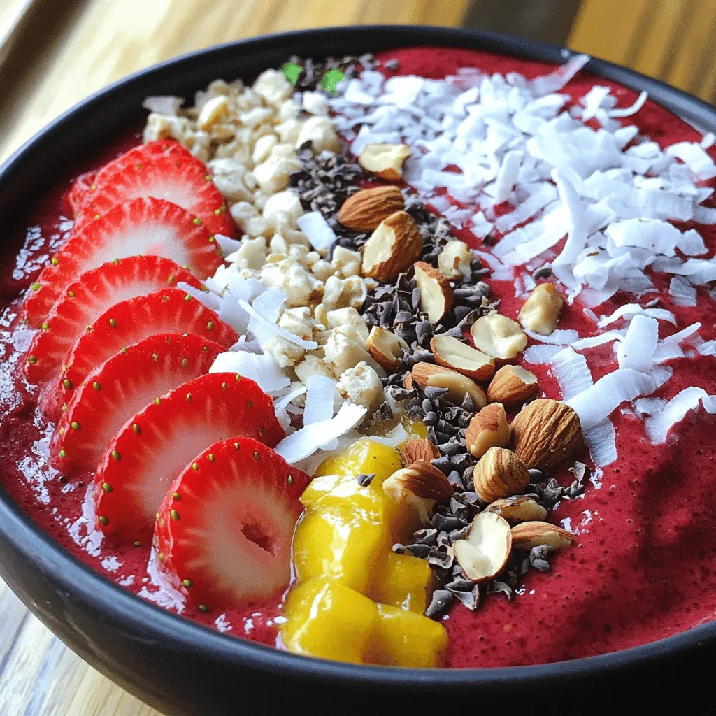 - 1 cup frozen beet cubes - 1 ripe banana - 1 cup almond milk (or any milk of choice) - 1 scoop vanilla protein powder Beet cubes give this smoothie bowl its rich red color. They are high in fiber and packed with vitamins. Bananas add natural sweetness and creaminess. They are great for energy and rich in potassium. Almond milk is a light, nutty base. It is low in calories and dairy-free. Vanilla protein powder boosts your protein intake, which helps build muscle. - 2 tablespoons cocoa powder - 1 tablespoon maple syrup (optional, for sweetness) - 1/4 teaspoon vanilla extract Cocoa powder adds a chocolate flavor without a lot of sugar. It is full of antioxidants. Maple syrup can sweeten your bowl. Use it if you want extra sweetness. A little vanilla extract enhances the flavors and gives a warm taste. - Sliced strawberries - Shredded coconut - Chopped nuts - Cacao nibs Toppings add fun and texture. Sliced strawberries bring freshness and color. Shredded coconut adds a chewy bite. Chopped nuts give a satisfying crunch and healthy fats. Cacao nibs add a chocolatey twist and extra nutrients. To make a great Red Velvet Protein Smoothie Bowl, start with your ingredients. You need frozen beet cubes and a ripe banana. - Frozen beet cubes: You can buy these from the store. If you want to make them, cook beets, then freeze them. Cut them into small cubes before freezing. - Ripe banana: Choose a banana that is yellow with some brown spots. This means it is sweet and soft. Next, it’s time to blend. In a blender, add all your ingredients. Here’s what to include: - 1 cup of frozen beet cubes - 1 ripe banana - 1 cup of almond milk (or any milk you like) - 1 scoop of vanilla protein powder - 2 tablespoons of cocoa powder - 1 tablespoon of chia seeds - 1 tablespoon of maple syrup (if you want it sweeter) - 1/4 teaspoon of vanilla extract Blend on high speed. Keep blending until the mix is smooth. If it's too thick, add a splash of almond milk. This helps make it creamy. Now, pour your smoothie into a bowl. Make sure it looks thick and smooth. This makes for a good base. For the fun part, add your toppings. Use sliced strawberries, shredded coconut, chopped nuts, and cacao nibs. - Presentation tips: Serve in a deep dish or large bowl. Arrange your toppings in neat sections. This makes it look pretty. You can even drizzle extra maple syrup on top for more sweetness and style. Enjoy your delicious and energizing Red Velvet Protein Smoothie Bowl! To get the right thickness, use almond milk. Start with one cup of almond milk. If your smoothie bowl is too thick, add a splash more. Blend again until smooth. You can also try coconut milk or oat milk for different flavors. Balancing the taste is key. The beet gives a nice earthiness. The banana adds sweetness. If you want more sweetness, add maple syrup. Just a little goes a long way. For less sweetness, skip the syrup. Taste the mix before pouring. Adjust to your liking. Make your bowl look great. Use a deep dish or a large bowl. Arrange the toppings in neat sections. Place sliced strawberries, coconut, and nuts in a colorful way. Drizzle some maple syrup on top for an extra sweet touch. This adds a nice shine, making it look even better! {{image_2}} You can easily make this smoothie bowl fit your diet. For a dairy-free option, use almond milk or coconut milk. If you want it vegan, skip the honey and use maple syrup. For gluten-free needs, all the ingredients in this recipe are naturally gluten-free. Just check your protein powder label to make sure it fits your needs. Changing the flavor of your smoothie bowl is fun! Try using chocolate protein powder instead of vanilla for a richer taste. You can also add spices like cinnamon or nutmeg for warmth. Want a fruit twist? Add a scoop of strawberry or raspberry protein powder. Each option gives you a new taste to enjoy! Using seasonal fruits can make your smoothie bowl exciting. In spring, add fresh strawberries or blueberries. In summer, try peaches or mango. Fall is great for using pumpkin puree or apples. In winter, add pomegranate seeds or citrus fruits like oranges. These swaps keep your bowl fresh and flavorful all year round! To keep your smoothie bowl fresh, store it in an airtight container. Place it in the fridge. It will stay good for up to 24 hours. If the bowl separates, just stir it before eating. This way, you enjoy the taste again. You can freeze the smoothie base for later use. Pour the mixture into ice cube trays or a freezer-safe container. Let it freeze until solid. When you want to enjoy it, just blend it with a splash of milk. This makes a quick and easy treat. Smoothie bowls are best fresh, but you can revive frozen ones. Thaw the bowl in the fridge overnight. When ready, blend it again to smooth out the texture. You can add a bit of milk if needed. This helps it return to its creamy form. Yes, you can prepare this smoothie bowl in advance. To keep it fresh, blend the ingredients and store them in an airtight container. Keep the toppings separate until you are ready to eat. This way, your toppings stay crunchy and tasty. When you are ready to serve, just pour the smoothie mix into a bowl and add your toppings. If it thickens too much, blend in a splash of almond milk. If you want to skip the beets, try using cooked sweet potatoes. They add sweetness and color. You can also use red fruit like raspberries or strawberries. They won’t give the same earthy taste, but they will still make it look pretty. Another option is to use red food coloring with other fruits like bananas. This helps keep the red velvet theme alive without beets. To boost the protein in this smoothie bowl, you can add more protein powder. You can also mix in some Greek yogurt or cottage cheese. Both add creaminess and extra protein. For a nutty flavor, try adding almond butter or peanut butter. These options will help you feel full and give you energy for your day. This blog post explored how to make a delicious red velvet smoothie bowl. We covered the main and optional ingredients, highlighting their health benefits. You learned about preparation, blending, and assembling techniques to achieve the perfect texture. Tips for customization and presentation made the bowl even better. Lastly, we discussed storage and answered common questions. Enjoy trying new twists and sharing with friends. Smoothie bowls can be fun and nutritious. You can easily personalize yours to suit any taste!