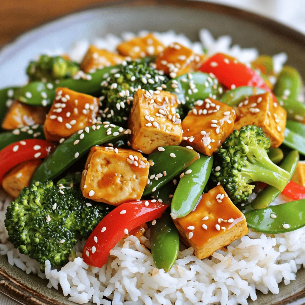 - 1 block (14 oz) firm tofu, drained and pressed - 2 tablespoons cornstarch - 2 tablespoons vegetable oil - 1 red bell pepper, sliced - 1 cup snap peas, trimmed - 1 cup broccoli florets - 2 green onions, chopped - 4 cloves garlic, minced - 1 tablespoon ginger, grated - 1/3 cup teriyaki sauce To make a great teriyaki tofu stir fry, choose firm tofu. This style holds its shape well when cooked. Pressing the tofu removes excess water, making it crisp better. Tossing it in cornstarch gives it a golden crust. Fresh vegetables bring color and crunch. I love using red bell pepper, snap peas, and broccoli. These veggies cook quickly and add lots of flavor. You need teriyaki sauce to tie everything together. It adds sweetness and depth. You can find it in stores or make your own. Finally, cooking oil is key for frying. Use vegetable oil for a neutral taste that lets the flavors shine. - 1 tablespoon sesame seeds - 2 green onions, chopped Garnishes make a dish pop. Sesame seeds add a nice crunch. Chopped green onions give a fresh taste. They also add color that makes the dish look appealing. - Cooked jasmine rice - Quinoa Serve your stir fry over jasmine rice or quinoa. Both options soak up the teriyaki sauce well. Rice is fluffy and soft, while quinoa has a nutty flavor. Each choice pairs beautifully with the stir fry. 1. Start by cutting the pressed tofu into bite-sized cubes. Use a sharp knife for clean cuts. 2. In a bowl, toss the tofu cubes with cornstarch. Make sure they are evenly coated. This helps them crisp up when cooked. 1. Heat 1 tablespoon of vegetable oil in a large skillet or wok over medium-high heat. 2. Add the coated tofu in a single layer. Cook for about 5-7 minutes. 3. Look for a golden brown color on all sides. Once done, remove the tofu and set it aside. 1. In the same skillet, add the remaining tablespoon of oil. 2. Stir in the sliced red bell pepper, snap peas, and broccoli florets. Sauté for about 4-5 minutes. 3. You want the vegetables to be crisp but tender. 4. Add minced garlic and grated ginger to the skillet. Cook for another minute until fragrant. 5. Return the cooked tofu to the skillet. Pour the teriyaki sauce over everything. 6. Gently stir to coat all the ingredients in the sauce. Cook for an additional 2-3 minutes. 7. Remove from heat and stir in the chopped green onions. Serve this colorful stir fry over jasmine rice or quinoa. Top with sesame seeds for extra crunch! To get crispy tofu, start by pressing it. This removes extra water. Less water helps the tofu brown better. After pressing, cut the tofu into cubes. Toss the cubes in cornstarch. This coating makes the tofu crunchy when you fry it. When cooking vegetables, timing is key. You want them crisp-tender. Start with the heartier veggies, like bell peppers and broccoli. Sauté them for about 4-5 minutes. Then add snap peas for the last minute. This way, all veggies stay bright and crunchy. You can switch up the flavor of your stir fry. Try adding other sauces, like sweet chili or soy sauce. These can add a new twist. You can also mix in spices like chili flakes for heat. Experimenting keeps your meals exciting and fresh. {{image_2}} If you want to switch up your main protein, you have great options. - Tempeh: This is a great choice. It has a nutty flavor and a firm texture. Cut it into cubes and treat it like tofu. - Seitan: This is a wheat-based protein. It has a chewy texture that works well in stir fry. Just slice it thinly and cook as you would tofu. - Chicken or shrimp: Both of these proteins add a different taste. Cut chicken into bite-sized pieces or use peeled shrimp. Cook them in the same way as the tofu. The vegetables in your stir fry can change based on what you like. - Carrots: Slice them thinly to add a sweet crunch. - Bell peppers: You can use green or yellow bell peppers instead of red. They add color and flavor. - Bok choy: This leafy green cooks quickly and adds a mild taste. Use it whole or chop it up. You can explore new flavors by trying different sauces. - Sweet and sour sauce: This sauce gives a tangy twist. It pairs well with the veggies and proteins. - Peanut sauce: This sauce adds creaminess and a rich flavor. It’s perfect for those who love peanuts. These variations let you create a teriyaki tofu stir fry that suits your taste! To store your teriyaki tofu stir fry, let it cool first. Place it in an airtight container. This keeps it fresh in the fridge. Use it within three to four days for the best taste. Always label your container with the date. That way, you will know when to eat it. When you reheat, keep the texture in mind. The best way is to use a skillet. Add a splash of water or oil to help steam it. Heat it over medium heat for about 5-7 minutes. Stir often to ensure even warming. You can also use a microwave. Cover the dish loosely to avoid splatters. Heat in short bursts to preserve texture. If you want to freeze your stir fry, use a freezer-safe bag or container. Squeeze out all the air to avoid freezer burn. It can last up to three months. When you’re ready to eat, thaw it in the fridge overnight. For quick cooking, you can cook it straight from frozen. Just add a few extra minutes to the cooking time. You can easily make teriyaki sauce at home. Here’s a simple recipe: - 1/2 cup soy sauce - 1/4 cup water - 1/4 cup brown sugar - 2 tablespoons rice vinegar - 1 tablespoon cornstarch - 1 tablespoon grated ginger - 2 cloves minced garlic 1. In a small pot, mix soy sauce, water, brown sugar, and rice vinegar. 2. Stir over medium heat until the sugar dissolves. 3. Mix cornstarch with a little water to make a slurry. 4. Add the slurry to the pot. Cook until the sauce thickens. 5. Stir in garlic and ginger, then remove from heat. This sauce adds great flavor to your stir fry! Yes, you can use frozen vegetables. Frozen veggies save time and are often just as nutritious. - When using frozen vegetables, adjust cooking time. - Cook them for a few extra minutes. - Make sure they are heated through and tender. This way, your stir fry will stay fresh and tasty. Many proteins work well with teriyaki sauce. Here are some good options: - Chicken: Tender and juicy, it soaks up the sauce well. - Beef: Thinly sliced beef cooks quickly and tastes great. - Tempeh: A great plant-based option with a nutty flavor. - Shrimp: Quick-cooking and adds a nice texture. Feel free to mix and match! This blog post covered a delicious teriyaki stir fry. We explored key ingredients like firm tofu, fresh veggies, and tasty teriyaki sauce. I shared steps to prep and cook tofu for the best texture. You learned tips for crispy tofu and how to swap out vegetables. I also provided storage tips to keep your meal fresh. Experimenting with variations can lead to new flavors and fun meals. Enjoy making this dish for you and your loved ones!