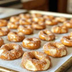 - 1 cup warm water (110°F) - 2 tablespoons granulated sugar - 1 packet (2 ¼ teaspoons) active dry yeast - 2 ½ cups all-purpose flour - 1 teaspoon kosher salt - ¼ cup baking soda - 1 large egg, beaten for egg wash - ½ cup granulated sugar (for coating) - 1 tablespoon ground cinnamon - 4 tablespoons unsalted butter, melted To make these pretzel bites, you need precise measurements. For warm water, use a thermometer to ensure it's at 110°F. This helps the yeast activate. Measure granulated sugar accurately for both the dough and coating. You will also need 2 ½ cups of all-purpose flour and 1 teaspoon of kosher salt. The baking soda, used for boiling, should be a quarter cup. Lastly, you need one large egg for the wash, which gives a nice shine. You can add a pinch of nutmeg for a warm spice flavor. For an extra sweet touch, try adding vanilla extract to the dough. If you want a savory twist, sprinkle garlic powder or cheese on top after baking. To start, I mix warm water, sugar, and yeast in a bowl. I let this sit for about 5 to 10 minutes. It should become frothy. In another bowl, I combine flour and kosher salt. I gradually add the yeast mix and stir until it forms a dough. Then, I knead the dough for about 5 minutes. It needs to be smooth and elastic. Next, I place the dough in a greased bowl and cover it with a kitchen towel. I let it rise in a warm spot for 1 hour. It should double in size. After the dough rises, I preheat the oven to 450°F. I also line a baking sheet with parchment paper. In a large pot, I bring 10 cups of water to a boil. Carefully, I add baking soda to the boiling water. Then, I punch down the dough and turn it out onto a floured surface. I divide it into 8 equal pieces. Each piece gets rolled into a rope about 1 inch thick. I cut each rope into 1-inch pieces. These are my pretzel bites. I boil the bites in the baking soda water for about 30 seconds. I work in batches and use a slotted spoon to remove them. I place the boiled bites on the baking sheet. Now, I brush each pretzel bite with the beaten egg. This gives them a lovely golden color. I bake them for about 12 to 15 minutes. They should turn golden brown. While they bake, I mix sugar and cinnamon in a small bowl. Once the pretzels are out of the oven, I toss them in the cinnamon sugar mix while they are still warm. Finally, I drizzle them with melted butter for that extra flavor. To get great dough, you need to mix well. Start with warm water at about 110°F. This temp helps the yeast activate. Add sugar and yeast to the water. Let it sit for 5-10 minutes until it gets frothy. This foam shows the yeast is ready. When mixing flour and salt, be sure to do it in a big bowl. Gradually add the yeast mix. Knead the dough for about 5 minutes. You want it smooth and elastic. If it feels too sticky, sprinkle a little flour until it feels right. To bake evenly, preheat your oven to 450°F. This high heat helps create a crispy outside. Use parchment paper on your baking sheet. This helps prevent sticking. When you place the pretzel bites on the sheet, leave space between them. This allows hot air to circulate. Bake for about 12-15 minutes. Watch closely for a golden brown color. For the best cinnamon sugar, mix sugar and cinnamon in a small bowl. I like to do this while the pretzels bake. Toss the warm pretzel bites in the cinnamon sugar right after baking. Make sure they are still warm. This helps the sugar stick better. For extra flavor, drizzle melted butter over them. It makes the bites even more delicious. Enjoy these tasty treats! {{image_2}} You can make gluten-free cinnamon sugar pretzel bites. Use gluten-free flour mix instead of all-purpose flour. Look for a blend that has xanthan gum. This helps bind the dough and gives it a nice texture. Follow the same steps in the recipe. You will still enjoy the warm, sweet flavor. Feeling adventurous? Try savory pretzel bites! Instead of cinnamon sugar, sprinkle them with garlic powder or cheese. You can use grated Parmesan or cheddar. Mix herbs like oregano or rosemary for added flavor. These bites pair well with dips like marinara or ranch. Want to switch it up? You can add different flavors! Try chocolate by drizzling melted chocolate over the baked pretzel bites. You can also coat them with a mix of cinnamon and cocoa powder. For cheese lovers, use a cheese blend in the dough. Each variation gives a new twist to this classic snack. To keep your cinnamon sugar pretzel bites fresh, store them in an airtight container. This will help keep them soft and tasty. Make sure they cool completely before sealing them up. You can keep them at room temperature for up to two days. If you want to keep them longer, consider freezing. To freeze your pretzel bites, first allow them to cool. Place them in a single layer on a baking sheet. Freeze them for about an hour, then transfer the bites to a freezer-safe bag. This way, they won’t stick together. They can stay frozen for up to three months. Just remember to label the bag with the date! When you’re ready to enjoy your frozen pretzel bites, preheat your oven to 350°F (175°C). Place the bites on a baking sheet. Bake for about 10-15 minutes until they are warm. If you want them extra soft, cover them with foil while reheating. You can also microwave them for about 20-30 seconds if you’re in a hurry, but they might not be as crispy. Enjoy the warm, sweet flavor! Yes, you can use instant yeast. It works well in this recipe. Instant yeast does not need to be proofed. You can mix it directly with the flour. This can save you a bit of time. Just use the same amount as active dry yeast. Your pretzel bites will be done when they turn golden brown. The baking time is about 12 to 15 minutes. Keep an eye on them as they bake. If they look too light, give them a few more minutes. They should look delicious and have a nice crust. You can serve these pretzel bites with many dips. Creamy cheese dip is a great choice. You can also try chocolate sauce for a sweet touch. Another option is caramel sauce for a fun twist. Each dip adds extra flavor and makes snacks even better! Making cinnamon sugar pretzel bites is simple and fun. You learned about the key ingredients, measured carefully, and explored some cool variations. Each step, from making the dough to baking, has useful tips to help you shine. You can store these bites easily or even freeze them for later. Whether you enjoy them sweet or try new flavors, your options are endless. With these points in mind, I hope you feel ready to create your own tasty treats at home. Happy baking!