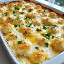 - 1 large head of cauliflower, cut into florets - 2 cups shredded sharp cheddar cheese - 1 cup grated Parmesan cheese - 1 cup heavy cream - 2 tablespoons unsalted butter - 2 tablespoons all-purpose flour I love using fresh cauliflower for this dish. It gives a nice crunch and flavor. The sharp cheddar cheese adds a rich taste, while Parmesan gives it a salty kick. Heavy cream makes the sauce smooth and creamy. Butter and flour help thicken the sauce and add depth. - 1 teaspoon garlic powder - 1 teaspoon onion powder - Salt and pepper to taste - Fresh parsley, chopped (for garnish) Garlic powder and onion powder are my go-to seasonings. They add a hint of sweetness and warmth without being too strong. I always add salt and pepper to enhance the flavors. Fresh parsley not only looks great but adds a burst of freshness when you serve it. To start, you need to cut the cauliflower. First, remove the leaves and stem from the head. Then, use a sharp knife to cut the cauliflower into small florets. Make sure they are about the same size. This helps them cook evenly. Next, blanch the florets. Bring a large pot of water to a boil. Add a pinch of salt. Once the water is boiling, add the florets. Cook them for about 5 minutes. They should be slightly tender but still firm. After blanching, drain them and set them aside. Now, let’s make the cheese sauce. In a medium saucepan, melt 2 tablespoons of butter over medium heat. Once the butter is melted, add 2 tablespoons of flour. Whisk them together. Cook for 1-2 minutes to form a roux. Next, slowly pour in 1 cup of heavy cream. Keep whisking as you add the cream. This helps avoid lumps. Cook until the mixture thickens slightly, about 3-4 minutes. Then, stir in 1 teaspoon of garlic powder, 1 teaspoon of onion powder, and a pinch of salt and pepper. Mix well. Once the sauce is smooth, remove it from heat. Gradually add half of your shredded sharp cheddar and half of your grated Parmesan cheese. Stir until the cheese melts and the sauce is creamy. Now, let’s put it all together. First, preheat your oven to 375°F (190°C). Grease a 9x13-inch baking dish with butter. Place the blanched cauliflower florets evenly in the dish. Next, pour the cheese sauce over the cauliflower. Make sure all florets are coated. Then, sprinkle the remaining cheddar and Parmesan cheese on top. Bake in the oven for 25-30 minutes. The top should be golden and bubbly. Once done, take it out and let it cool for a few minutes. Garnish with chopped parsley before serving. Enjoy your cheesy comfort dish! To make a smooth cheese sauce, avoid a grainy texture. Start by making a roux with butter and flour. Cook it for just a couple of minutes. This helps thicken your sauce. Add the heavy cream slowly while whisking. This gradual addition is key. It helps the sauce stay smooth. After thickening, remove it from heat. Now, add your cheese a little at a time. Stir well after each addition. This way, your cheese will melt perfectly and create a creamy sauce. To know when your dish is done, look for a golden, bubbly top. Bake your Cheesy Cauliflower Au Gratin for 25-30 minutes. You can also broil it for a crispy top. Just keep a close watch. Broiling can burn the cheese quickly if you leave it too long. Garnishing makes your dish pop. Use freshly chopped parsley for color. Sprinkle it right before serving. Serve the au gratin in the baking dish for a rustic look. It invites everyone to dig in. Pair it with a crisp salad or roasted meat for a complete meal. {{image_2}} You can switch up the cheeses in this dish. Try using Gouda or Gruyère for a different taste. Both add a unique twist to the classic flavor. If you want to make it non-dairy, use cashew cheese or almond milk. For a gluten-free option, swap all-purpose flour with cornstarch or rice flour. This keeps your dish creamy and delicious without the gluten. To boost flavor, add spices like paprika or cayenne pepper. These give a nice kick to the dish. Fresh herbs such as thyme or rosemary also add depth. You can mix in veggies like spinach or mushrooms for extra nutrition. If you want protein, consider adding cooked chicken or bacon bits. This makes the dish even heartier and more satisfying. You can cook Cheesy Cauliflower Au Gratin in an Instant Pot for a quicker version. Simply use the sauté function for the roux and then add the cauliflower and cheese mixture. Cook on high pressure for about 5 minutes. For a stovetop method, after making the cheese sauce, just combine it with the steamed cauliflower. Then, you can serve it right away or bake it in a skillet for a few minutes to get that crispy touch. Each method brings a delightful spin to this classic comfort dish. To keep your Cheesy Cauliflower Au Gratin fresh, use airtight containers. Glass or plastic containers work well. If you plan to eat it soon, store it in the fridge. If you want to save it longer, freeze it. Make sure to cool the dish before sealing it up. You can reheat your dish in two ways: the oven or the microwave. For the oven, preheat it to 350°F (175°C). Place the dish in the oven for about 15-20 minutes. Cover it with foil to keep it moist. For the microwave, use a microwave-safe plate. Heat it for 2-3 minutes, checking often. In the fridge, your Cheesy Cauliflower Au Gratin will last about 3-5 days. Keep an eye out for signs of spoilage. If you see mold or off-smells, it’s best to toss it out. If it has a strange texture, don’t eat it. Always prioritize safety when it comes to leftovers. Yes, you can make it ahead. Prepare the dish until you add the cheese topping. Then, cover it and store it in the fridge. When ready, add the topping and bake. This saves time on busy days. You can use frozen cauliflower! Just thaw it first. Drain any excess water. Blanch it for a shorter time, about 2-3 minutes. This helps keep the texture right. The taste will be just as good as using fresh. This dish pairs well with many options. Try serving it with: - Grilled chicken or steak - A fresh green salad - Roasted vegetables - Garlic bread These sides bring balance to the meal and enhance flavors. Enjoy experimenting with what you love! This blog post covered how to make Cheesy Cauliflower Au Gratin. We discussed the key ingredients, including cauliflower, cheeses, and cream. You learned to prepare, layer, and bake this dish. Tips for a smooth sauce and the best baking techniques were shared. We explored variations and storage methods. Enjoying this dish can make your meals special. It’s flexible and easy to adapt. You can impress friends with your cooking skills using this recipe. Happy cooking!
