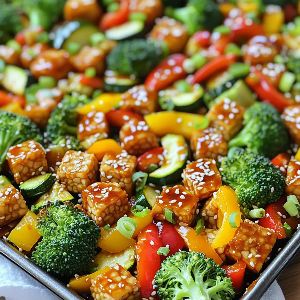 - 8 oz tempeh, cut into bite-sized cubes - 2 cups broccoli florets - 1 red bell pepper, sliced - 1 yellow bell pepper, sliced - 1 medium zucchini, sliced - 3 tablespoons sweet chili sauce - 2 tablespoons soy sauce - 1 tablespoon olive oil - 1 teaspoon garlic powder - 1 teaspoon ginger powder - Salt and pepper to taste - Sesame seeds - Chopped green onions Gather these ingredients to create a colorful and tasty dish. Tempeh brings protein and a nutty flavor. The assorted veggies add crunch and vitamins. Sweet chili sauce provides a spicy-sweet kick that ties it all together. Soy sauce adds depth and umami. Don't skip the garnishes; they add extra flair to your plate! Preheating the oven First, set your oven to 400°F (200°C). This high heat helps the tempeh and veggies cook well. Preparing the baking sheet Line a baking sheet with parchment paper. This makes cleanup easy and helps prevent sticking. Combining tempeh and veggies In a large bowl, add 8 ounces of cubed tempeh. Then, toss in 2 cups of broccoli florets, 1 sliced red bell pepper, 1 sliced yellow bell pepper, and 1 sliced medium zucchini. Mix everything well. Each veggie adds color and crunch. Making the sauce In a small bowl, whisk together 3 tablespoons of sweet chili sauce, 2 tablespoons of soy sauce, and 1 tablespoon of olive oil. Add 1 teaspoon of garlic powder, 1 teaspoon of ginger powder, and salt and pepper to taste. This sauce brings all the flavors together. Spreading mixture on the baking sheet Pour the tempeh and veggie mix onto the prepared baking sheet. Spread it out evenly. This helps everything cook at the same rate. Cooking time and temperature Bake in the preheated oven for 25-30 minutes. Flip the mixture halfway through. You want the tempeh to be golden and the veggies tender. Check for doneness by piercing a vegetable with a fork. Enjoy the vibrant colors and smells as they fill your kitchen! Using fresh spices can boost taste. Fresh garlic or ginger adds zest. Dried spices work too, but they lack the same punch. For the best flavor, marinate the tempeh for at least 30 minutes. This will help it soak up the sweet chili sauce. You can even marinate overnight for deeper flavor. Achieving the best texture is key. Bake the tempeh and veggies at 400°F (200°C). This high heat gives a nice crisp. Flipping the tempeh and vegetables halfway through helps them cook evenly. Use a spatula to turn them gently. This way, everything gets golden and tender. For serving, place the dish on a colorful plate. Garnish with sesame seeds and green onions for a pop of color. This makes the dish look more inviting. To make it even better, serve it with a side of rice or quinoa. This adds a nice base and makes it a complete meal. {{image_2}} You can mix and match veggies based on what is fresh or in season. Try adding asparagus, snap peas, or carrots for a crunchy twist. Seasonal veggies like butternut squash or Brussels sprouts can also shine in this dish. Using colorful veggies makes your plate more fun and appealing. Think bright greens, reds, and yellows to catch the eye and boost nutrition. If you want a change from tempeh, tofu is a great option. It absorbs flavors well and gives a similar texture. For a protein boost, you can swap in chickpeas. They add a nice bite and work well with the sweet chili sauce. Remember to drain and rinse canned chickpeas to reduce sodium and enhance flavor. You can make your own sweet chili sauce if you want a personal touch. Combine sugar, vinegar, chili flakes, and garlic for a simple sauce. If you want to explore different flavors, add peanut butter for a nutty twist or lime juice for zest. These options let you customize the taste to fit your mood or meal theme. To keep your Sheet Pan Sweet Chili Tempeh Veggies fresh, let them cool first. Place leftovers in an airtight container. Store them in the fridge. They will stay good for about 4-5 days. Label the container with the date. This helps you track freshness. When it’s time to enjoy leftovers, you have two great options: microwave or oven. For the microwave, place a portion on a microwave-safe plate. Heat it for 1-2 minutes. Check to make sure it's warm all the way through. For the oven, preheat it to 350°F (175°C). Spread the tempeh and veggies on a baking sheet. Heat for about 10-15 minutes. This keeps them crispy and delicious. If you want to save some for later, freezing is a good choice. Let the dish cool completely first. Then, place it in a freezer-safe container. Seal tightly to prevent freezer burn. Label it with the date. You can freeze it for up to 3 months. When ready to eat, move it to the fridge to thaw overnight. Reheat as mentioned above. Enjoy your tasty meal again! Yes, you can easily make this recipe gluten-free. Here are some suggestions: - Use gluten-free soy sauce, like tamari, instead of regular soy sauce. - Check that your sweet chili sauce is gluten-free. Many brands are. - Ensure any garnishes, like sesame seeds, are also gluten-free. Cooking tempeh usually takes about 25-30 minutes. To make sure it cooks well: - Cut tempeh into small cubes for even cooking. - Bake it until golden brown for a better texture. - Flip the tempeh and veggies halfway through to ensure even cooking. You have many tasty options for sides. Here are some ideas: - Serve it over rice or quinoa for a filling meal. - Pair it with a fresh salad for a light option. - Add steamed dumplings for a fun side dish. - Try it with a tangy slaw for a crunchy contrast. This blog shared a simple recipe for sweet chili tempeh. You learned about key ingredients, cooking steps, and helpful tips. We discussed types of vegetables and protein choices to customize your dish. Also, we covered proper storage and reheating methods to keep leftovers tasty. Cooking can be fun and creative. Try different flavors and enjoy your meal! Cooking gives you both joy and healthy options.