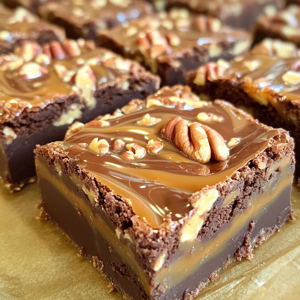 Here are the key ingredients you will need to make Caramel Pecan Brownie Bars: - 1 cup unsalted butter, melted - 1 ½ cups granulated sugar - 3 large eggs - 1 teaspoon vanilla extract - 1 cup all-purpose flour - ½ cup unsweetened cocoa powder - 1 teaspoon baking powder - ½ teaspoon salt - 1 cup pecans, chopped - 1 cup caramel sauce (store-bought or homemade) - Chocolate chips for topping (optional) These simple ingredients come together to create rich, fudgy brownie bars. The melted butter adds moisture, while sugar gives sweetness. Eggs provide structure and richness. Vanilla adds a warm flavor that complements chocolate and caramel. The flour and cocoa powder form the base of the bars. Baking powder helps them rise a little, while salt enhances the sweetness. Chopped pecans add a nice crunch and earthy flavor. Lastly, caramel sauce brings sweetness and gooeyness to each bite. Feel free to tweak the ingredients. You can use different nuts or even add chocolate chips on top for extra richness. The options are endless! Each ingredient plays a role in making these bars a delightful treat. 1. Preheat your oven to 350°F (175°C). Grease a 9x13 inch baking dish and line it with parchment paper. Leave some paper over the edges to help lift the bars out later. 2. In a large bowl, mix 1 cup of melted butter with 1 ½ cups of granulated sugar. Whisk until it looks smooth and well blended. 3. Add 3 large eggs to the mix, one at a time. Whisk after each egg until it is fully mixed in. Stir in 1 teaspoon of vanilla extract for flavor. 4. In another bowl, sift together 1 cup of all-purpose flour, ½ cup of unsweetened cocoa powder, 1 teaspoon of baking powder, and ½ teaspoon of salt. 5. Gradually add the dry ingredients to the wet mixture. Stir gently until everything is just combined. 6. Fold in 1 cup of chopped pecans. Make sure the pecans spread evenly in the batter. 1. Pour half of the brownie batter into the prepared baking dish. Use a spatula to spread it out evenly. 2. Drizzle half of the caramel sauce (1 cup total) over the brownie batter. Use a knife or toothpick to swirl it in gently. 3. Pour the rest of the brownie batter on top and smooth it out. Drizzle the rest of the caramel sauce over this layer and swirl again if you like. 1. Bake your bars in the preheated oven for about 25-30 minutes. Check doneness by inserting a toothpick in the center. It should come out with a few moist crumbs, not wet batter. 2. Once baked, remove the dish from the oven. Let it cool completely in the dish before lifting it out using the parchment paper. 3. Once cool, cut the bars into pieces and serve. Enjoy your delicious caramel pecan brownie bars! To make your caramel pecan brownie bars gooey, focus on timing. Bake them just until a toothpick shows a few moist crumbs. If you bake too long, they can dry out. Measuring ingredients accurately matters. Use a kitchen scale for precision. For dry ingredients, spoon them into your measuring cup then level off with a knife. This avoids packing and gives a lighter bar. A good baking dish is key. I recommend a 9x13 inch dish for even cooking. You want your bars to bake uniformly. Using parchment paper is a must. It helps to lift the brownies out easily. This way, you can cut perfect squares without mess. Plus, it makes cleanup simple. {{image_2}} You can change the nuts or nut butters in this recipe. If you want a different crunch, use walnuts or almonds instead of pecans. You could also try nut butters like almond or cashew butter for a creamy twist. Just remember to adjust the amount to keep the balance. For caramel sauce, you have options too! You can use a store-bought sauce, but homemade caramel adds a personal touch. If you're in a hurry, try using sweetened condensed milk for a quick caramel-like flavor. Adding extracts or spices can elevate your bars. A dash of almond extract gives a nutty flavor. For warmth, try cinnamon or nutmeg. These spices add a nice kick without overpowering the sweet taste. Incorporating different types of chocolate can change the flavor profile. You can use dark chocolate chips for a rich taste or white chocolate for a sweet contrast. Mixing these chocolates brings a fun twist to your brownie bars. To keep your caramel pecan brownie bars fresh, store them in an airtight container. Make sure they are completely cooled before you do this. Place parchment paper between layers to prevent sticking. This method helps maintain their soft texture and rich flavor. For long-term storage, you can freeze these bars. Wrap each bar in plastic wrap or aluminum foil. Then place them in a freezer-safe bag or container. They can stay fresh in the freezer for up to three months. When you're ready to enjoy them, just thaw them overnight in the fridge. To enjoy your brownie bars warm, you can reheat them. The best method is to use the microwave. Heat each bar for about 10-15 seconds. Check to see if they are warm enough for your liking. If you prefer a crispier texture, use an oven. Preheat it to 350°F (175°C) and place the bars on a baking sheet. Heat for about 5-7 minutes. This will give you that nice, fresh-baked feel again. Yes, you can use other flours. For example, almond flour works well. Just keep in mind that the texture may change. You may notice it’s a bit denser. You might also need to adjust the amount of liquid in the recipe. You can swap pecans for other nuts. Walnuts or almonds make great choices. If you prefer a nut-free version, try using seeds like sunflower or pumpkin seeds. These options still add a nice crunch and flavor. Check the brownies after 25 minutes. Insert a toothpick into the center. If it comes out with a few moist crumbs, they are done. If it has wet batter, bake for a few more minutes. Keep an eye on them to avoid overbaking. Absolutely! You can make these bars one to two days ahead. Just store them in an airtight container. This keeps them fresh and tasty. If you want to serve them warm, you can reheat them briefly in the oven. In this blog post, we discussed how to make delicious brownie bars. We covered the ingredients, step-by-step instructions, and tips for perfecting your bake. I shared ways to add flavor and variations, plus storage tips to keep them fresh. Baking these bars can be fun and rewarding. With the right tools and methods, you can create a tasty treat your friends and family will love. Enjoy your baking journey, and savor every bite of your delicious creation.