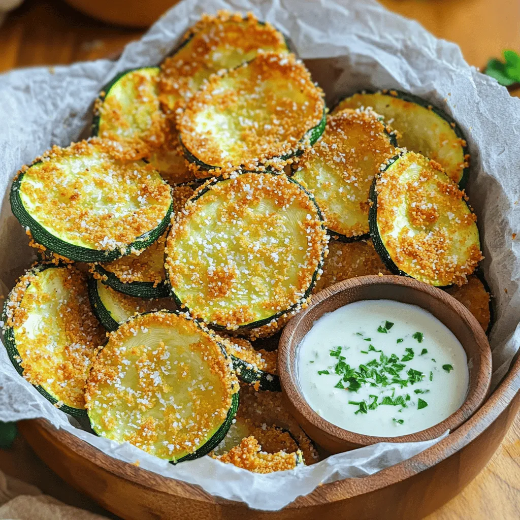 - Zucchinis: Use 2 medium zucchinis. Slice them thinly for even cooking. - Panko Breadcrumbs: You need 1 cup. Choose plain or seasoned for added flavor. - Parmesan Cheese: Use 1/2 cup, grated. Freshly grated cheese melts better. - Ranch Seasoning: Use 2 tablespoons. You can buy it or make your own. - Egg: Just 1 egg, beaten. This helps the crumbs stick. - Seasonings: Add salt and pepper to taste. Adjust for your liking. - Olive Oil Spray: A light spray adds crispiness. You can also use cooking oil. These ingredients make the perfect blend for tasty zucchini chips. Each one plays a key role in ensuring your chips are flavorful and crunchy. Feel free to experiment with the ranch seasoning. You can add herbs like dill or parsley for extra zest. To make great zucchini chips, slice the zucchinis thinly. Aim for about 1/4 inch thick. Thin slices cook evenly and become crispy. Use a sharp knife for clean cuts. This helps prevent moisture loss during cooking. Place the slices on a paper towel and sprinkle with a bit of salt. Let them sit for about 10 minutes. This draws out extra moisture and enhances the flavor. In a shallow bowl, combine the panko breadcrumbs, grated Parmesan cheese, ranch seasoning, salt, and pepper. Mix these well to ensure even flavor. The breadcrumbs give crunch, while the cheese adds rich taste. Proper seasoning is key. You want every bite to burst with flavor. First, preheat your air fryer to 400°F (200°C). This helps the chips cook evenly and get crispy. Next, dip each zucchini slice into the beaten egg. Make sure it’s fully coated. Then, place it in the breadcrumb mixture. Press gently so it sticks well. Arrange the coated slices in a single layer in the air fryer basket. Avoid overcrowding to ensure they cook evenly. Lightly spray the chips with olive oil spray for extra crispiness. Air fry for 10-12 minutes, flipping halfway through. They should be golden brown and crispy. When done, remove them and let cool for a few minutes. Enjoy these tasty chips right away! To make your Air Fryer Ranch Parmesan Zucchini Chips crispy, you need to coat them well. Start by dipping each zucchini slice into the beaten egg. This helps the breadcrumbs stick. Next, press each slice into the panko mixture. This step is key for that crunchy texture. Layering is also important. Place the zucchini chips in a single layer in the air fryer basket. If you overcrowd the basket, they won't cook evenly. Leave some space for the hot air to circulate. This way, each slice gets the heat it needs for perfect crispiness. Use the right air fryer settings. Preheat your air fryer to 400°F (200°C). This temperature helps achieve that golden-brown finish. Cook the zucchini chips for about 10-12 minutes. Flip them halfway through for even cooking. When serving your chips, presentation matters. Use a wooden bowl lined with parchment paper. This adds a nice touch to your dish. Place a small bowl of ranch dressing next to the chips for dipping. You can also garnish with fresh parsley for color. For dips, ranch dressing works great. You can try other options like tzatziki or guacamole. These flavors pair well with the crunchy chips. Zucchini is a healthy vegetable. It is low in calories and high in fiber. This makes it a great snack option. Eating zucchini can help with digestion and keep you full. These zucchini chips are a low-calorie snack. You can enjoy them guilt-free while satisfying your cravings. They are a great alternative to regular chips. So, feel free to indulge! {{image_2}} You can easily change the taste of your zucchini chips. Try different seasoning blends. For a spicy kick, add cayenne pepper or chili powder. If you love herbs, mix in dried oregano or thyme. These simple changes can make your chips exciting and new. Experiment with flavors to find your favorite blend. If you need gluten-free options, swap panko with almond flour or gluten-free breadcrumbs. This keeps the crunch without the gluten. To make it vegan, replace the egg with a mix of ground flaxseed and water. Use nutritional yeast instead of Parmesan cheese for a cheesy flavor. These swaps let everyone enjoy this tasty snack. Zucchini is great, but you can use other veggies too. Sweet potatoes, eggplant, or carrot sticks work well. Just slice them thinly to ensure they cook evenly. Cooking times may vary, so check for crispness. Thin slices cook faster, while thicker ones take longer. Keep an eye on them while air frying for the best results. To keep your zucchini chips fresh, store them in an airtight container. This method helps maintain their crunch. You can also line the container with paper towels to absorb moisture. This keeps the chips from getting soggy. If possible, consume the chips within two days for the best taste. For reheating, the air fryer works best. Set it to 350°F (175°C). Heat the chips for about 3-5 minutes. This method keeps them crispy and tasty. If you don't have an air fryer, an oven works too. Place the chips on a baking sheet and heat at the same temperature. You can freeze zucchini chips, but do it right. First, let the chips cool completely. Then, place them in a single layer on a baking sheet and freeze until solid. Once frozen, move them to a freezer bag. For reheating, thaw them in the fridge overnight. Then, follow the reheating tips above to bring back their crispiness. You can make zucchini chips in the oven or on the stovetop. For the oven, preheat it to 425°F (220°C). Slice the zucchini thinly, then coat them with olive oil and seasonings. Spread them on a baking sheet in a single layer. Bake for 20-25 minutes, flipping halfway, until crisp. For the stovetop, heat oil in a skillet over medium heat. Fry the slices in batches, cooking for about 3-4 minutes on each side until golden. Both methods yield tasty chips, but they may not be as crispy as air-fried ones. Yes, you can use other cheeses like cheddar, mozzarella, or even nutritional yeast for a vegan option. Each cheese brings a different taste. Cheddar adds sharpness, while mozzarella gives a creamy texture. Nutritional yeast offers a cheesy flavor without dairy. Just remember, the moisture content of the cheese can affect the crispiness of your chips. Adjust cooking time if using a cheese with higher moisture. Zucchini chips stay fresh for about 2-3 days when stored properly. Place them in an airtight container at room temperature. Avoid the fridge as it can make them soggy. To keep them crisp, you might add a paper towel inside the container to absorb moisture. If you want to keep them longer, you can freeze the chips. Just make sure they are fully cooled before freezing, and use a freezer-safe bag. We covered all the key steps to make delicious zucchini chips. You learned about ingredients, cooking techniques, and tips for the best results. Remember to use the right seasonings and cooking temperatures for perfect crispiness. Explore variations for flavor and try different vegetables too. With proper storage and reheating, you can enjoy these snacks longer. Dive into this healthy treat, and let your creativity shine. Your kitchen will become a hub of tasty, crispy snacks in no time!