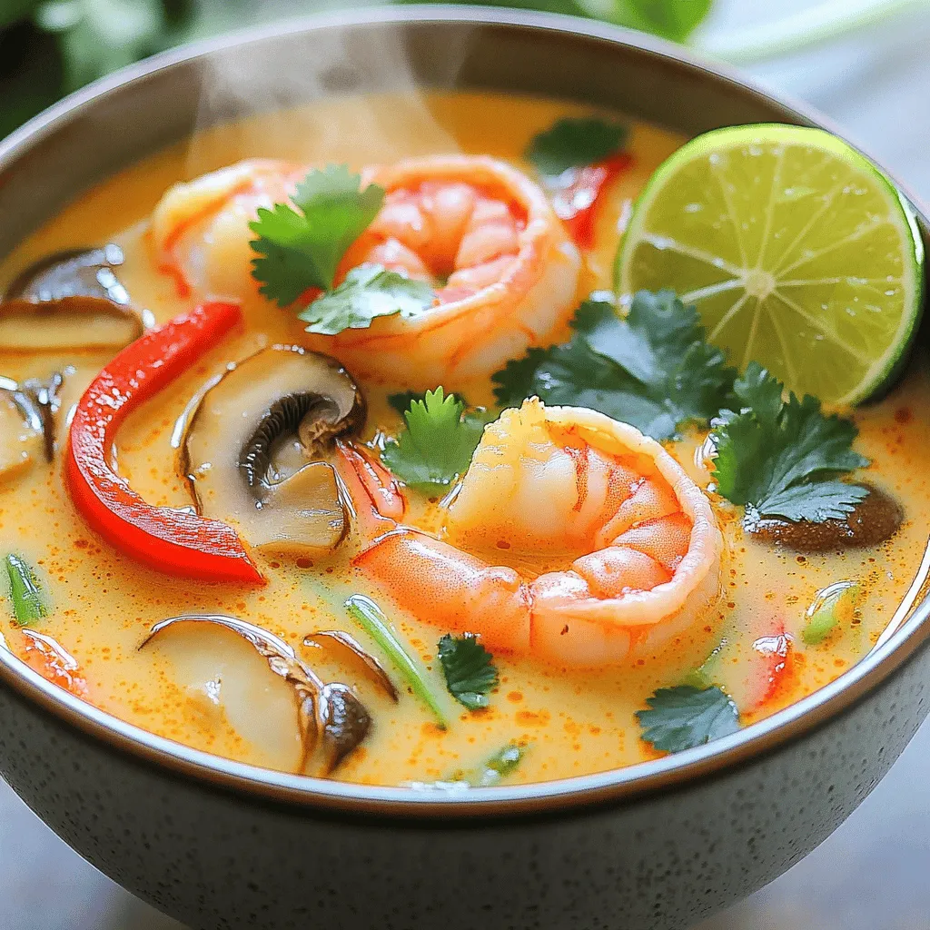 For the Thai Coconut Lime Shrimp Soup, you will need: - 1 lb (450g) medium shrimp, peeled and deveined - 1 can (13.5 oz) coconut milk - 2 cups chicken or vegetable broth - 1 tablespoon red curry paste - 1 stalk lemongrass, smashed and chopped - 3 kaffir lime leaves, torn into pieces (or 1 tablespoon lime zest if unavailable) - 1-2 Thai bird's eye chilies, sliced (adjust for heat preference) - 1 tablespoon fish sauce (or soy sauce for a vegetarian option) - 1 tablespoon lime juice (freshly squeezed) - 1-2 cups mushrooms (shiitake or button), sliced - 1 red bell pepper, sliced - Fresh cilantro, for garnish - Green onions, sliced, for garnish If you can't find a specific ingredient, here are some easy swaps: - Fish Sauce: You can use soy sauce for a vegetarian option. - Lemongrass: If you don’t have lemongrass, use a bit of lemon zest for a citrusy kick. - Kaffir Lime Leaves: Lime zest works well if you can't find the leaves. - Shrimp: You can replace shrimp with chicken or tofu for a different protein. Choosing fresh shrimp is vital for great flavor. Here are some tips: - Look for Color: Fresh shrimp should have a nice, translucent look. Avoid ones with black spots. - Smell: Fresh shrimp should smell clean, like the ocean. If it smells fishy, skip it. - Texture: The shrimp should feel firm and not slimy. - Shell: If buying with shells, they should be shiny and not dry. These tips will help you create a tasty and vibrant soup. 1. Start by pouring the chicken or vegetable broth into a large pot. Add the coconut milk. Stir them well. 2. Next, add the red curry paste. Whisk it in for about 2 minutes. This helps bring out the rich flavors. 3. Now, smash the lemongrass and chop it. Toss it into the pot, along with the kaffir lime leaves and sliced chilies. Let this mixture simmer gently. 4. After it simmers for a bit, add the sliced mushrooms and red bell pepper. Cook for 5 to 7 minutes. You want the veggies to soften. 5. Increase the heat a little. Add the shrimp to the pot. Cook for 3 to 5 minutes. The shrimp should be pink and opaque. 6. Stir in the fish sauce and lime juice. Taste it and adjust as needed. 7. Once done, ladle the soup into bowls. Top with chopped cilantro and sliced green onions. - For step 1, show a pot with broth and coconut milk mixing together. - In step 2, a close-up of whisking red curry paste would be great. - For step 3, display the smashed lemongrass and chilies going into the pot. - In step 4, show the mushrooms and red pepper being added. - For step 5, capture the shrimp turning pink as they cook. - In step 6, show the final touches with fish sauce and lime juice. - Finally, for step 7, present the garnished soup in a bowl. - Keep the heat at medium when you start. This helps blend the flavors well. - Simmering should be gentle; avoid boiling to keep the soup smooth. - Check the shrimp often; they cook fast. You want them just right. - If you cut the veggies smaller, they will cook quicker. Adjust your times as needed. Fresh herbs make this soup shine. I love using cilantro for a bright taste. Add it just before serving to keep it fresh. Thai basil also works well if you want an extra layer of flavor. Spice is key in Thai cooking. If you like heat, use more chilies. Start with one and taste. You can always add more. If you prefer less heat, remove the seeds from the chilies before adding them. This helps control the spice level. One common mistake is overcooking the shrimp. Cook them just until they turn pink. If you cook them too long, they can become tough. Another mistake is not tasting as you go. Adjust the lime juice and fish sauce to find your perfect balance. {{image_2}} You can easily make this soup vegetarian or vegan. Just swap the shrimp for tofu or chickpeas. Use vegetable broth instead of chicken broth. Replace fish sauce with soy sauce or tamari. These changes keep the flavor bold and satisfying. Feel free to mix in more veggies. Carrots, snap peas, or spinach work great. They add color and nutrition. You can also try adding corn or zucchini for extra sweetness. Just make sure to adjust the cooking time. Add them when the mushrooms and bell peppers go in. If you want to cook this soup differently, try a slow cooker. Combine all the ingredients in the cooker. Set it on low for about 4 hours. This method lets the flavors blend well. You can come home to a warm, tasty soup waiting for you. Store any leftover soup in an airtight container. Let it cool to room temperature first. You can keep it in the fridge for up to three days. If you notice any strange smell or color, it’s best to toss it. When reheating, use a pot on low heat. Stir gently to avoid breaking the shrimp. You can also use a microwave. Heat in short bursts and stir in between. This keeps the flavors fresh and the shrimp tender. You can freeze the soup for up to three months. Use freezer-safe containers or bags. Leave some space at the top, as the soup will expand when frozen. When ready to eat, thaw it overnight in the fridge before reheating. Avoid freezing shrimp if possible, as they can become tough. Thai Coconut Lime Shrimp Soup comes from Thailand. It blends local ingredients and flavors. Thai cooks use coconut milk and lime to create rich, creamy soups. This dish reflects the balance of sweet, sour, and spicy tastes in Thai cuisine. It is popular for its warm, comforting nature and vibrant flavors. Yes, you can make this soup ahead of time. It tastes even better after sitting for a while. To do this, follow the recipe and let it cool. Store it in an airtight container in the fridge. You can keep it for up to three days. When ready to eat, reheat it gently on the stove. Avoid boiling to keep the shrimp tender. You can serve this soup with many tasty sides. Here are some great options: - Steamed jasmine rice - Crispy spring rolls - Fresh salad with lime dressing - Thai-style noodles These pairings enhance the meal and add variety to your dining experience. Enjoy! This article covered all you need for a great Thai Coconut Lime Shrimp Soup. We explored essential ingredients and substitutions, plus tips for picking fresh seafood. I shared step-by-step instructions to cook your soup perfectly and shared helpful visuals. You learned tricks to enhance flavor and avoid common mistakes. We also looked at variations for different diets and proper storage methods. Enjoy your cooking and have fun making this dish yours!