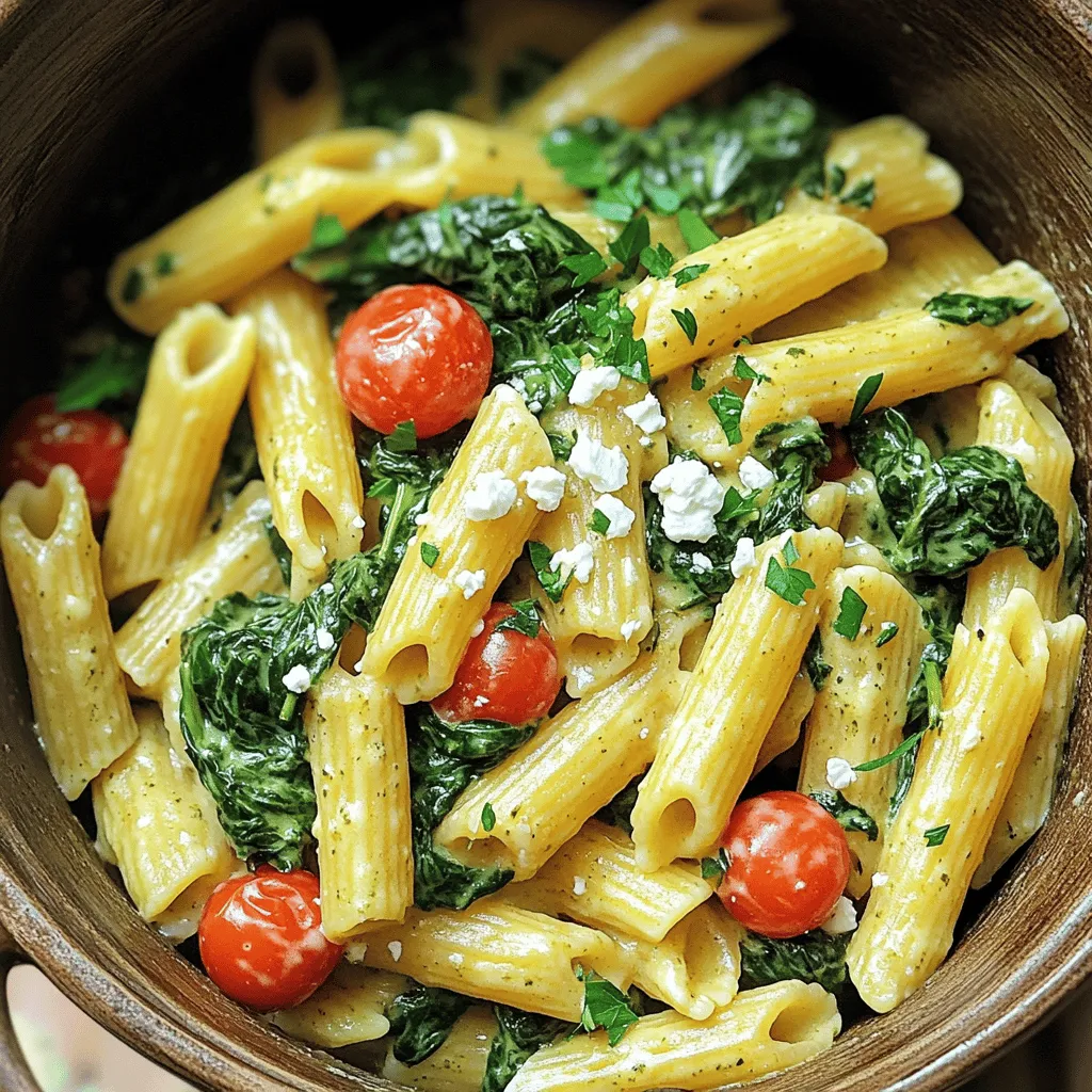 To make this dish, you need simple and fresh items. Here’s the list: - 12 oz (340g) pasta of choice (penne or fusilli works well) - 4 cups fresh spinach, washed and chopped - 1 cup cherry tomatoes, halved - 1 cup crumbled feta cheese - 2 cloves garlic, minced - 1 onion, finely chopped - 3 cups vegetable broth (or water) - 1 tablespoon olive oil - 1 teaspoon dried basil - 1 teaspoon dried oregano - Salt and pepper to taste - 1/4 teaspoon red pepper flakes (optional for a spicy kick) - Fresh parsley for garnish Each ingredient adds a layer of flavor. The feta gives creaminess, while the spinach adds color and nutrients. You can also include extras to boost taste: - Lemon zest for brightness - Sun-dried tomatoes for a tangy twist - A splash of heavy cream if you want more richness These additions can take your dish to the next level. They enhance flavor without adding much prep time. Not all ingredients are set in stone. Here are some swaps: - Use whole wheat pasta for more fiber. - If you don't have feta, try goat cheese or ricotta. - Vegetable broth can be switched with chicken broth for a different taste. Feel free to mix and match based on what you have. Cooking should be fun and flexible! Start by heating olive oil in a large pot over medium heat. Once hot, add the finely chopped onion and minced garlic. Cook them for about 3-4 minutes. You want them soft and fragrant. This step builds a strong flavor base for your dish. Next, pour in 3 cups of vegetable broth. Bring it to a boil. Once boiling, add your 12 oz of pasta. Use penne or fusilli for the best results. Cook the pasta according to the package instructions, which usually takes 8-12 minutes. Stir occasionally to keep it from sticking. When the pasta is close to done, toss in 4 cups of chopped fresh spinach and 1 cup of halved cherry tomatoes. Mix them in well. The heat will wilt the spinach and warm the tomatoes. Once the pasta is al dente, reduce the heat to low. Now, stir in 1 cup of crumbled feta cheese. This will melt and create a creamy sauce. Add 1 teaspoon of dried basil, 1 teaspoon of dried oregano, salt, and pepper to taste. If you like a kick, sprinkle in 1/4 teaspoon of red pepper flakes. Mix everything well to combine the flavors. Serve hot and garnish with fresh parsley for a lovely touch. Enjoy your meal! To get a smooth and creamy sauce, use high-quality feta cheese. Crumble it finely for easy melting. Adding it at the end helps it blend well with the pasta. Stir gently as it melts into the dish. This creates a rich texture. If you want more creaminess, mix in a splash of milk or cream. You can also add a bit of pasta water to thin it out while keeping the flavor. Cooking pasta in broth brings extra flavor. Make sure to watch the time closely. Check the package for cooking times. Stir the pasta often to avoid sticking. Test it a minute before the time is up. The pasta should be al dente, meaning it has a slight bite. If it cooks too long, it can turn mushy. Remember, it will continue to cook a bit after you turn off the heat. Meal prep makes life easier. You can chop the vegetables and garlic ahead of time. Store them in the fridge for up to two days. You can also pre-measure the pasta and seasonings. When you’re ready to cook, it all comes together quickly. If you want to make this dish a day in advance, just store it in an airtight container. Reheat it gently on the stove before serving. This dish tastes great even when made ahead! {{image_2}} You can easily add protein to your One-Pot Creamy Spinach Feta Pasta. Chicken is a great option. Simply dice chicken breast and sauté it with the onion and garlic. Cook until it is no longer pink. Tofu is another option for a plant-based dish. Use firm tofu, cut it into cubes, and sauté it similarly. Both options boost the dish's flavor and make it more filling. To make this dish vegan, swap the feta cheese with a plant-based alternative. You can use vegan cream cheese or cashew cheese for a creamy texture. Nutritional yeast adds a cheesy flavor without dairy. Make sure the broth is vegetable-based and check the pasta for vegan-friendly options. This way, you keep the rich taste while staying vegan. You can use various pasta types for this dish. Each type has a different cooking time. Here are some common choices: - Penne: Cook for about 10-12 minutes. - Fusilli: Cook for about 8-10 minutes. - Spaghetti: Cook for about 10-12 minutes. - Farfalli (Bowtie): Cook for about 10-12 minutes. Always check the package for specific cooking times. Adjust the timing as needed for the perfect texture in your creamy pasta dish. To store your One-Pot Creamy Spinach Feta Pasta, let it cool first. Then, place it in an airtight container. This helps keep it fresh. Make sure to refrigerate it within two hours of cooking. It will stay good for about three to four days in the fridge. When you are ready to enjoy leftovers, reheating is key. Use a pot over low heat. Add a splash of vegetable broth or water. This will help keep the pasta creamy and moist. Stir often until heated through. You can also use the microwave. Cover the dish and heat in short bursts. Stir in between to make sure it heats evenly. If you want to save some for later, freezing is a great option. First, let the pasta cool completely. Then, divide it into portions and place each in a freezer bag. Remove as much air as possible before sealing. It can last in the freezer for about two to three months. To reheat, let it thaw in the fridge overnight. Then, warm it on the stove or in the microwave. Enjoy your dish just like fresh! Yes, you can use frozen spinach. Just make sure to thaw and drain it well. Frozen spinach is already cooked, so add it later in the cooking process. It helps to keep the dish fresh and bright. To make this dish gluten-free, choose gluten-free pasta. There are many options, like rice or chickpea pasta. Follow the cooking time on the package. The rest of the recipe remains the same. You can serve this dish with a side salad. A simple green salad pairs well. Garlic bread also makes a great side. For a heartier meal, try grilled chicken or shrimp alongside. This article covered how to make One-Pot Creamy Spinach Feta Pasta. We went through the main ingredients, optional flavor boosts, and swapping tips. You learned step-by-step cooking instructions and tricks for a creamy sauce. I also shared meal prep ideas and fun variations, along with storage tips. In summary, this dish is easy to make and adaptable. You can fit it into your meals anytime. Enjoy crafting your version of this tasty pasta dish!