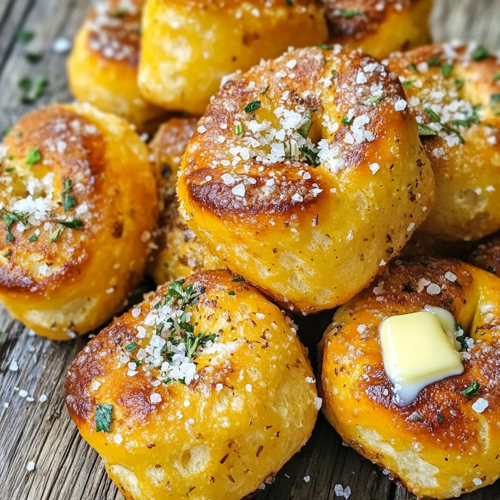 To make Air Fryer Garlic Parmesan Pretzel Bites, gather these ingredients: - 1 cup warm water (110°F) - 1 tablespoon sugar - 2 teaspoons instant yeast - 3 cups all-purpose flour - 1 teaspoon salt - ¼ cup baking soda (for boiling) - ¼ cup unsalted butter, melted - ½ cup grated Parmesan cheese - 2 teaspoons garlic powder - 1 teaspoon dried parsley - Coarse sea salt for sprinkling You can swap out some ingredients based on what you have: - Use honey instead of sugar for a different sweetness. - All-purpose flour can be replaced with whole wheat flour for more fiber. - If you lack Parmesan cheese, try cheddar or mozzarella. - Garlic powder is optional. Fresh minced garlic works too. - For a dairy-free option, use vegan butter and cheese. To make this recipe, you will need: - Mixing bowl - Slotted spoon - Parchment paper - Air fryer - Rolling pin - Knife or pizza cutter for slicing - Measuring cups and spoons Having the right tools makes cooking easier and more fun. Enjoy your pretzel-making! Start by mixing warm water, sugar, and instant yeast in a bowl. Let it sit for about 5 minutes. You want it to get frothy. This shows that the yeast is active. Next, add in the flour and salt. Mix until a dough forms. Knead the dough for 5 minutes on a floured surface until it's smooth. This step is key for good texture. Place the dough in a greased bowl and cover it with a towel. Let it rise in a warm spot for 30 minutes. It should double in size, which means it’s ready for the next step. While the dough rises, bring 4 cups of water to a boil in a large pot. Add the baking soda to the boiling water. This step gives the pretzel bites their unique flavor and texture. After the dough has risen, punch it down. Divide it into 12 equal pieces. Roll each piece into a rope about 1 inch thick. Cut these ropes into bite-sized pieces, about 1 inch long. Carefully drop them into the boiling water for 30 seconds. Use a slotted spoon to remove them and place them on a parchment-lined plate. Before air frying, brush the pretzel bites with melted butter. Sprinkle them with Parmesan cheese, garlic powder, and dried parsley. Preheat your air fryer to 375°F (190°C). Place the pretzel bites in a single layer in the air fryer basket. Make sure not to overcrowd them; cook in batches if needed. Air fry for 6-8 minutes until they turn golden brown. Once cooked, sprinkle coarse sea salt on top while they are still warm. This adds a delicious finish to your tasty bites. To get soft and chewy pretzel bites, pay attention to your dough. Use warm water, around 110°F, to wake up the yeast. Knead the dough for about five minutes. This helps build strength in the dough. When shaping, roll the dough into ropes about one inch thick. Make sure to cut them into even pieces. This ensures they cook evenly. Boiling them in baking soda water gives them that classic pretzel texture. Finally, air fry them until they are golden brown, about 6-8 minutes. Avoid rushing the rising time. Letting the dough rise for 30 minutes is key. If you skip this, your bites will be dense. When boiling, don't overcrowd the pot. Boil only a few at a time for 30 seconds. This helps develop that chewy crust. After air frying, sprinkle sea salt while they’re warm. Waiting too long means less flavor will stick. Lastly, don’t skip the garlic powder and Parmesan. These add that rich taste everyone loves. Serve these pretzel bites warm with a side of mustard or cheese sauce. They are great as a snack or appetizer. Pair them with a cold drink for a perfect treat. For a twist, try dipping them in ranch or a spicy sauce. You can also sprinkle some extra parsley on top for color. These bites are perfect for game day or movie night. They impress guests and are easy to share. Enjoy your homemade snack! {{image_2}} If you want to switch up the cheese in your pretzel bites, many options work well. Cheddar cheese adds a nice sharpness. Mozzarella brings a stretchy, gooey texture. You can even try a mix of cheeses for a unique flavor. Just make sure to use cheese that melts well. You can customize your pretzel bites with fun add-ins. Consider adding cooked bacon bits for a savory kick. Chopped jalapeños give heat and extra flavor. For a sweeter twist, try cinnamon sugar instead of garlic. After baking, drizzle some honey or hot sauce for an exciting finish. Making gluten-free pretzel bites is simple. Use a gluten-free all-purpose flour blend. Look for one that includes xanthan gum for better texture. You may need to adjust the water amount to get the right dough consistency. Follow the same steps for boiling and air frying. Your gluten-free pretzel bites will taste just as delicious! After you enjoy your pretzel bites, let them cool down. Store them in an airtight container. This keeps them fresh. You can also wrap them in plastic wrap or foil. They will last up to three days at room temperature. For longer storage, place them in the fridge. They stay good for about a week. To reheat the pretzel bites, the air fryer is best. Set it to 350°F (175°C). Warm the bites for about 3-4 minutes. They will regain their crispiness. If you don’t have an air fryer, you can use an oven. Preheat it to 350°F (175°C) and bake for 5-7 minutes. If you want to freeze them, place the cooled bites in a freezer-safe bag. They can last for up to three months. When you’re ready to eat, let them thaw in the fridge overnight. After thawing, reheat them in the air fryer or oven for the best taste. Enjoy your snack anytime! Yes, you can use active dry yeast. However, you need to activate it first. Mix it with warm water and sugar. Let it sit for about 5 to 10 minutes until it bubbles. Then, follow the recipe as usual. This step helps the yeast wake up and work well in your dough. You can bake them in a regular oven. Preheat your oven to 425°F. After boiling the pretzel bites, place them on a baking sheet lined with parchment paper. Bake for 12 to 15 minutes until golden brown. Brush with melted butter and sprinkle with cheese and spices as you would in the air fryer. These pretzel bites are tasty on their own, but dipping sauces make them even better. Here are some great options: - Creamy ranch dressing - Spicy mustard - Cheese sauce - Marinara sauce - Garlic aioli Pick one or try them all! Each dip adds a unique flavor that pairs well with the garlic and Parmesan. This blog covered how to make tasty pretzel bites. We talked about the best ingredients, swaps, and tools. You learned how to prepare the dough, boil, and air fry them. Tips for texture and avoiding mistakes were shared. We explored various flavors and storage methods. Enjoy your homemade pretzel bites with fun dips. Keep experimenting with different tastes, and have fun! Your next snack time will be a hit.