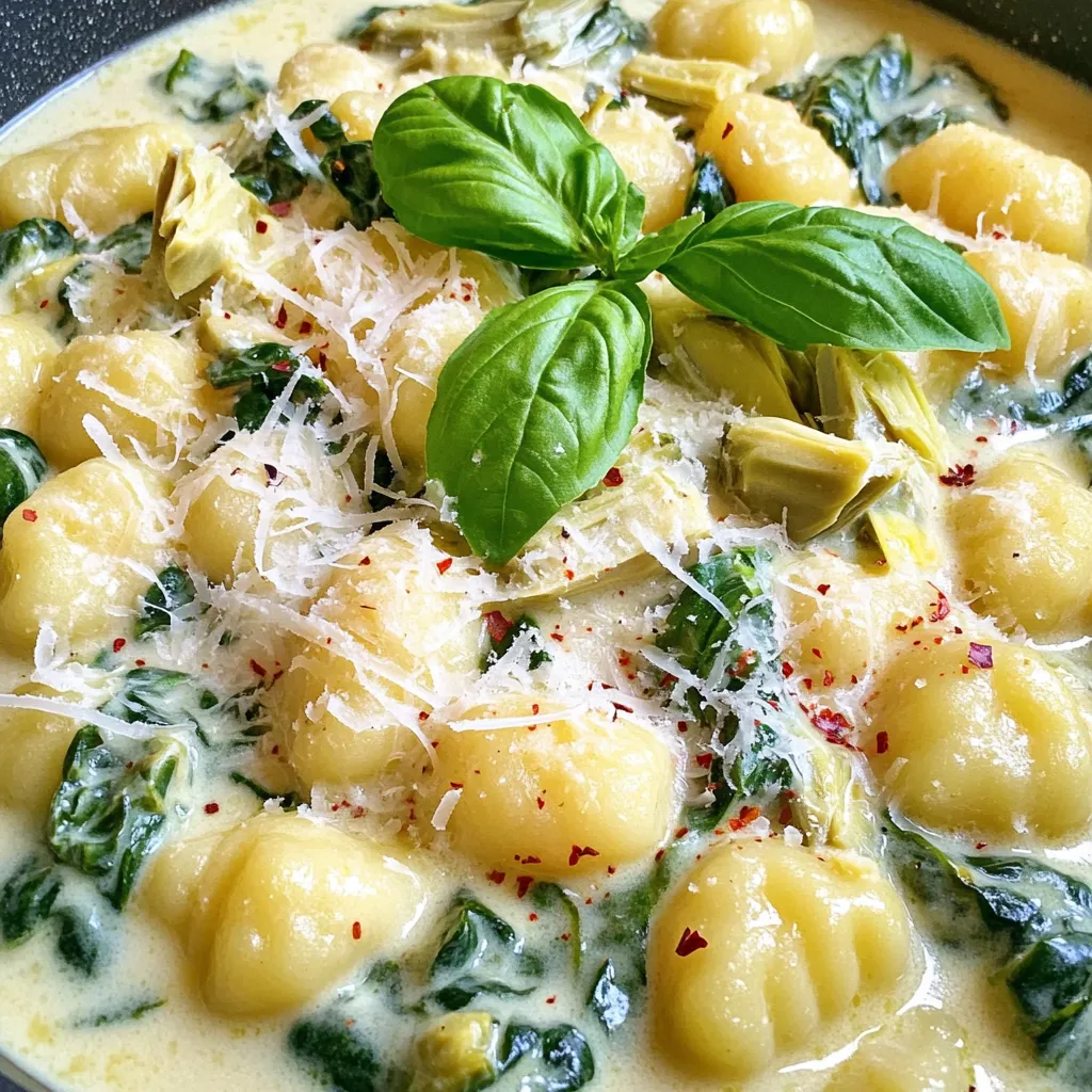 - 1 pound potato gnocchi - 1 can (14 oz) artichoke hearts, drained and roughly chopped - 2 cups fresh spinach, chopped - 1 cup vegetable broth - 1 cup heavy cream - 1 cup grated Parmesan cheese - 2 cloves garlic, minced - 1 tablespoon olive oil - Salt and pepper to taste - Red pepper flakes (optional, for a kick) - Fresh basil leaves for garnish Gather these ingredients to make your One Pot Spinach Artichoke Gnocchi. Each one plays a role in creating a creamy, delicious dish. The gnocchi gives a soft bite, while artichokes bring a unique taste. Fresh spinach adds color and nutrients. The vegetable broth and heavy cream form the creamy base. Parmesan cheese adds richness and depth. Garlic gives a warm, fragrant touch to the dish. Olive oil helps sauté the garlic and enhances flavors. You can adjust salt and pepper to your liking. If you enjoy some heat, add red pepper flakes. Fresh basil can brighten your dish as a garnish. Make sure you have everything ready before you start cooking. This way, you will create a smooth and quick cooking experience. Enjoy the process and the tasty result! 1. Heat olive oil and sauté garlic Start by pouring 1 tablespoon of olive oil into your large pot. Turn the heat to medium and let it warm up. Add 2 minced garlic cloves and cook for about 1 minute. Stir often to keep the garlic from burning. 2. Add vegetable broth and bring to a simmer Next, pour in 1 cup of vegetable broth. Stir the mixture and let it come to a gentle simmer. This builds great flavor for your dish. 1. Add gnocchi and cook until floating Now, it's time to add 1 pound of potato gnocchi. Stir them in well and cook for about 2-3 minutes. You will know they are ready when they start to float. 2. Stir in artichoke hearts and spinach Once the gnocchi floats, add 1 can of artichoke hearts, drained and roughly chopped, along with 2 cups of chopped fresh spinach. Stir everything together and let it simmer for about 5 minutes. This step makes the dish colorful and tasty. 1. Gradually add heavy cream and cheese Slowly pour in 1 cup of heavy cream while stirring. This helps combine the flavors. After that, add 1 cup of grated Parmesan cheese. Keep stirring until the cheese melts and the sauce becomes creamy. 2. Adjust thickness and seasoning If the sauce is too thick, add a bit more broth or cream. Taste your dish and season it with salt and pepper. Optional red pepper flakes can add a nice kick if you like some heat. Enjoy your creamy one pot spinach artichoke gnocchi! How to know when gnocchi is ready? Gnocchi cooks quickly. Look for them to float to the top of the pot. This means they are ready. It takes about 2-3 minutes. If they stay at the bottom, they need more time. Tips for avoiding mushy gnocchi: To avoid mushy gnocchi, do not overcook them. Keep an eye on the timer. Stir gently when adding them to the pot. This helps them cook evenly without breaking apart. Suggestions for seasoning adjustments: You can add more salt and pepper to taste. If you like heat, try adding red pepper flakes. This gives the dish a nice kick. Taste as you go to find your perfect balance. Using fresh herbs for garnishing: Fresh herbs, like basil, add flavor and color. Chop the basil leaves and sprinkle them on top before serving. This makes your dish look lovely and taste fresh. Recommended pot or skillet types for best results: A large pot or deep skillet works best. Use one with a heavy bottom to prevent burning. This helps heat the sauce evenly and keeps it creamy. Tools for easy preparation and cleanup: Use a wooden spoon for stirring. It’s gentle on the gnocchi. A ladle helps serve the dish without making a mess. Don’t forget to have a cutting board and knife ready for chopping. {{image_2}} You can switch up the vegetables in this dish. Try adding mushrooms or bell peppers for a new taste. Zucchini and cherry tomatoes also work well. Each choice gives a fresh twist to the classic flavors. For a lighter cream substitute, use half-and-half or coconut milk. Both options keep the dish creamy without the extra calories. You can also try Greek yogurt for a tangy flavor and added protein. If you need gluten-free gnocchi, look for brands made from rice or quinoa. These options work just as well in the dish. You won’t lose any flavor, and it stays just as tasty. For vegan adaptations, swap the heavy cream with nut milk or a cream made from cashews. Use nutritional yeast instead of Parmesan for a cheesy taste without dairy. This way, everyone can enjoy the dish. This gnocchi pairs well with a light salad. A simple green salad with lemon vinaigrette adds freshness. You can also serve it with roasted veggies for a hearty meal. When it comes to drinks, a crisp white wine or sparkling water works great. Both options enhance the flavors without overpowering them. Enjoy your meal! To keep your One Pot Spinach Artichoke Gnocchi fresh, follow these tips: - Allow the dish to cool to room temperature before storing. - Use airtight containers to prevent moisture loss. - Store in the fridge for up to three days. To freeze your gnocchi dish properly: - Place cooled leftovers in freezer-safe containers. - Leave some space at the top for expansion. - The dish can last up to three months in the freezer. For thawing and reheating: - Thaw overnight in the fridge before reheating. - Reheat in a pot over low heat, adding a splash of broth for creaminess. This dish stays fresh for: - Up to three days in the fridge. - Up to three months in the freezer. Watch for these signs of spoilage: - Off smells or sour scent. - Changes in color or texture. - Mold growth on the surface. Yes, you can make One Pot Spinach Artichoke Gnocchi in advance. This dish stores well in the fridge. To prepare, cook it fully, then let it cool. Place it in an airtight container. It will last for about three days. When you're ready to eat, just reheat it on the stove or in the microwave. Add a splash of broth or cream to keep it creamy. This tip helps you enjoy a quick meal later. If you want a lighter option, you can use half-and-half. This still gives a nice creaminess. Another option is to use coconut milk for a dairy-free choice. It adds a sweet flavor. You can also try Greek yogurt mixed with a little milk. This will give you creaminess without all the fat. Each choice keeps the dish tasty while offering different flavors. Yes, you can add protein to One Pot Spinach Artichoke Gnocchi. Chicken works great. Cook it first, then add it to the pot with the gnocchi. Shrimp is another good option. Just toss it in when the gnocchi is almost done. For a plant-based choice, add beans like cannellini or chickpeas. They boost the protein and make the dish even heartier. Enjoy experimenting with what you like best! This recipe for One Pot Spinach Artichoke Gnocchi brings together key ingredients and simple steps. You learned how to prepare a tasty, creamy dish using gnocchi, artichokes, and spinach. With handy tips for cooking and storage, making this meal is easy. You can mix in your favorite flavors and adapt it to your dietary needs. Remember to enjoy this dish with a side and drink that you love. Happy cooking!
