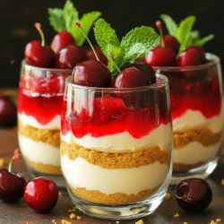 For this recipe, I use cream cheese as the base. You need 12 oz of softened cream cheese. This gives the parfait its rich and creamy texture. It's important to let it soften at room temperature. This makes it easier to mix. I also add 1 cup of heavy whipping cream. This adds lightness and helps the cheesecake feel fluffy. To sweeten the cream cheese, I use 1 cup of powdered sugar. It blends well and gives the parfait a nice sweetness. I also add 1 teaspoon of vanilla extract. This adds a lovely flavor that enhances the dessert. Both sweeteners are key to making the cherry cheesecake taste amazing. For the crust, I use 1 cup of graham cracker crumbs and ½ cup of unsalted butter, melted. Mixing these together creates a crunchy layer. It’s the perfect balance to the creamy filling. Finally, I top the parfaits with 2 cups of cherry pie filling. This adds a burst of sweet and tart flavor. For a pretty finish, I like to use fresh cherries and mint leaves for garnish. These make the parfaits look inviting and fresh! Start with 12 ounces of softened cream cheese. Use an electric mixer to beat it until smooth. Then, slowly add 1 cup of powdered sugar. Mix in 1 teaspoon of vanilla extract. Blend until everything is well combined. This mixture should be creamy and thick. In a separate bowl, pour in 1 cup of heavy whipping cream. Use a hand mixer or stand mixer to whip the cream. Keep mixing until stiff peaks form. This step is key for a light and fluffy texture. Gently fold this whipped cream into your cream cheese mixture. Use a spatula to combine them until smooth. Be careful not to deflate the whipped cream. Grab your serving glasses or parfait cups. First, add a layer of the graham cracker mixture. This will be your crust. Then, spoon in a layer of the cheesecake mixture. Follow that with a layer of cherry pie filling. Repeat these layers until you fill the glasses. Finish with a top layer of cherry pie filling. Chill the parfaits in the fridge for at least 2 hours. This helps them set and makes them taste even better. Before serving, add fresh cherries and mint leaves if you like. Enjoy your no-bake cherry cheesecake parfaits! For the best texture, start with softened cream cheese. Let it sit at room temperature for about 30 minutes. This makes it easier to blend. Use an electric mixer to beat the cream cheese until smooth. Mix in the powdered sugar and vanilla slowly. This prevents lumps. Avoid over-mixing, as it can make your mixture too airy. Layering is key to a beautiful parfait! Start with a spoonful of the graham cracker mix at the bottom. Add a layer of the creamy mixture next. Follow this with a layer of cherry pie filling. Repeat these layers to fill the glass. Finish with cherry pie filling on top. A little bit of contrast makes it pop. Garnish with fresh cherries and mint leaves for extra flair. If your cream cheese mixture is too lumpy, it may not be soft enough. Always check that it has warmed up well. If the whipped cream doesn’t hold peaks, whip it longer. Make sure your bowl and beaters are cold for best results. If your parfaits seem too runny, ensure you’ve folded the whipped cream gently. This keeps the mixture light and fluffy. {{image_2}} You can switch up the fruit in your parfaits. Try using strawberries or blueberries instead of cherries. Each fruit brings a new flavor. You can also use mixed berries for a fun twist. Just remember to match the fruit with the right topping. For example, peach slices pair well with a hint of almond extract. Add a twist to your cheesecake flavor. You can mix in some lemon zest for a bright taste. Or add cocoa powder for a chocolate cheesecake. If you want a coffee flavor, mix in espresso powder. Vanilla bean paste also gives a nice touch. These small changes can make a big impact! If you want to change the crust, there are many options. You can use Oreos for a chocolatey base. Or switch to almond flour for a gluten-free option. You might even try crushed pretzels for a salty crunch. Each crust gives your parfaits a unique taste and texture. To keep your No-Bake Cherry Cheesecake Parfaits fresh, store them in the fridge. They taste best when chilled. Use an airtight container to prevent any unwanted air from getting in. This helps keep the texture smooth and creamy. If you add fresh cherries or mint leaves, add these just before serving. This keeps them looking nice and tasty. You can freeze these parfaits, but the texture may change. If you want to freeze them, layer the ingredients in freezer-safe containers. Make sure to leave some space at the top. The cream may expand when frozen. To thaw, place the parfaits in the fridge overnight. This will help them regain their creamy texture. For storing your parfaits, use glass or plastic containers with lids. Mason jars work great too. They keep the parfaits secure and visible. Plus, they look cute when you serve them. Always label your containers with the date. This way, you will know how long they have been stored. Yes, you can use low-fat cream cheese in this recipe. It will change the texture slightly. The parfaits may not be as rich and creamy, but they will still taste great. Just make sure to blend it well to avoid lumps. You can store these parfaits in the fridge for up to three days. Make sure to cover them tightly to keep them fresh. After three days, the texture may change, and they won’t taste as good. Absolutely! You can make them a day ahead. This allows the flavors to blend well. Just remember to add the fresh cherries and mint just before serving. This keeps them looking nice and fresh. In this article, I covered how to make No-Bake Cherry Cheesecake Parfaits. We explored ingredients like cream cheese, sweeteners, and crust options. I gave step-by-step instructions for preparing your parfaits and shared tips for success. You learned about fun variations and how to store your treats for freshness. These parfaits are simple to make and great for any occasion. With a little practice, you can impress your friends with this tasty dessert. Enjoy making and sharing your delicious parfaits!