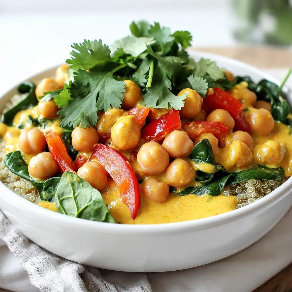 To create your Coconut Curry Chickpea Bowls, you will need these key ingredients: - 1 can (15 oz) chickpeas, drained and rinsed - 1 tablespoon coconut oil - 1 medium onion, diced - 3 cloves garlic, minced - 1 tablespoon fresh ginger, grated - 1 tablespoon red curry paste - 1 can (14 oz) coconut milk - 1 cup vegetable broth - 1 red bell pepper, sliced - 1 cup fresh spinach - 2 teaspoons soy sauce (or tamari for gluten-free) - 1 tablespoon lime juice - Salt to taste - Cooked rice or quinoa (for serving) - Fresh cilantro, for garnish These ingredients blend to make a rich and creamy dish. The chickpeas provide protein and fiber, while the coconut milk adds creaminess. The red curry paste brings heat and depth of flavor, perfect for a quick meal. You can make your bowls even tastier with these garnishes: - Fresh cilantro - Lime wedges - Sesame seeds These options enhance the dish’s look and flavor. A sprinkle of cilantro adds freshness, while lime juice gives a zesty kick. If you have dietary needs, here are some swaps: - Use cauliflower or sweet potatoes instead of chickpeas for a different texture. - Swap coconut milk with almond or oat milk for a lighter version. - Replace soy sauce with coconut aminos for a soy-free option. These substitutions keep the dish delicious while catering to your needs. You can still enjoy the warm flavors of coconut curry. - Step 1: Sautéing the onion Start by heating coconut oil in a large skillet over medium heat. Once the oil melts, add the diced onion. Sauté it for 3 to 4 minutes. You want it to turn soft and translucent. - Step 2: Adding garlic and ginger Next, add the minced garlic and grated ginger to the skillet. Cook them for about one minute. You will notice a lovely aroma fill the kitchen. - Step 1: Incorporating curry paste Now, stir in the red curry paste. Cook it for one more minute. This step helps bring out the flavors in the paste. - Step 2: Combining liquids Pour in the coconut milk and vegetable broth. Stir well to combine. Increase the heat until the mixture gently simmers. - Step 3: Adding chickpeas and bell pepper Add the drained chickpeas and sliced red bell pepper to the skillet. Cook them for about 10 minutes. The bell pepper should become tender during this time. - Step 1: Wilting spinach Toss in the fresh spinach, soy sauce, and lime juice. Stir until the spinach wilts down. This adds color and nutrients to your dish. - Step 2: Serving suggestions Serve the coconut curry over bowls of cooked rice or quinoa. Garnish with fresh cilantro for a burst of flavor. Enjoy the warmth and spice of your creation! To make your coconut curry taste amazing, use fresh ingredients. Fresh ginger and garlic bring strong flavors. Red curry paste adds heat and depth. Adjust the amount of curry paste based on your spice level. Taste as you go. A dash of lime juice brightens the dish. Adding soy sauce or tamari enhances umami. Don't forget to season with salt. Prep your ingredients before you start cooking. Chop the onion, garlic, and ginger ahead of time. This saves you from rushing later. Use a large skillet for easy stirring. Heat the coconut oil before adding the onion. This helps the onion cook faster. Simmer the chickpeas and bell peppers together. This method saves time and makes everything tender. Serve your coconut curry in vibrant bowls. Use colorful bowls to make the dish pop. Garnish each bowl with fresh cilantro for a fresh look. A sprinkle of sesame seeds adds crunch. A lime wedge on the side gives a nice touch. Arrange the rice or quinoa neatly under the curry. This makes your meal not only tasty but beautiful. {{image_2}} You can change ingredients to fit your taste. Try using black beans instead of chickpeas. If you want a creamier dish, add more coconut milk. Swap red bell peppers for green or yellow ones for a different taste. You can also add diced sweet potatoes for more texture and sweetness. If you want extra protein, try adding tofu or tempeh. Adjust the spice level to suit your taste. For a milder curry, use less red curry paste. You could add a pinch of sugar to balance the heat. If you love spice, add crushed red pepper flakes. You can also finish with a dash of hot sauce. Always taste as you go to find your perfect balance. You can serve your coconut curry chickpea bowl in many ways. Rice is a classic choice, but quinoa offers a nutty flavor and extra protein. You can even use cauliflower rice for a low-carb option. For a fun twist, serve it in a wrap or lettuce cups. Enjoy your curry with fresh herbs or crunchy nuts on top for added texture. To keep your coconut curry chickpea bowls fresh, place them in an airtight container. Make sure to let the dish cool completely before sealing it. This helps prevent condensation. Store the container in the fridge for up to four days. Label the container with the date. This way, you won't forget when you made it! When you're ready to enjoy leftovers, heat them on the stove or in the microwave. If using the stove, add a splash of vegetable broth or water to help with moisture. Heat over medium-low until warm. Stir occasionally to ensure even heating. For the microwave, cover the bowl with a microwave-safe lid. Heat in one-minute intervals, stirring in between. This keeps your meal tasty and creamy. If you want to save some for later, freezing is a great option. Allow the dish to cool completely. Then, portion it into freezer-safe bags or containers. Leave some space at the top, as the curry will expand when frozen. Label the bags with the date. You can freeze the curry for up to three months. When you're ready to eat, thaw it overnight in the fridge. Reheat as mentioned above for a quick meal. Coconut curry chickpea bowls can last in the fridge for about 3 to 4 days. Make sure to store them in an airtight container. This helps keep the flavors fresh. When you're ready to eat, just reheat the bowl in the microwave or on the stove. Yes, this recipe is already vegan! The main ingredients, like chickpeas and coconut milk, are plant-based. Just ensure you use soy sauce or tamari for a gluten-free option. This dish is both tasty and good for those who follow a vegan diet. You can serve coconut curry chickpea bowls with cooked rice or quinoa. Both options pair well and soak up the curry sauce. You might also add a fresh salad or some naan bread on the side. For extra flavor, try garnishing the bowl with fresh cilantro or sesame seeds. Coconut curry chickpea bowls are simple and tasty. We explored key ingredients and how to prepare them. You learned tips to boost flavor and make meal prep easy. Plus, we discussed variations to suit your tastes. Storing leftovers will keep your meals fresh for later. With these insights, you can create your own delicious bowls. Enjoy cooking and experimenting with this nutritious dish. You'll impress friends and family with your skills and creativity!