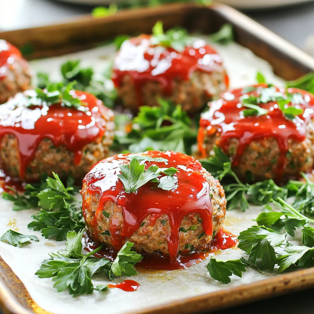 - 1 lb ground beef (or a mix of ground beef and turkey) - 1/2 cup breadcrumbs - 1/4 cup grated Parmesan cheese - 2 cloves garlic, minced - 1/4 cup onion, finely chopped - 1/4 cup fresh parsley, chopped - 1 tablespoon fresh thyme, chopped (or 1 teaspoon dried thyme) - 1 tablespoon Worcestershire sauce - 1 egg, lightly beaten - 1/2 cup ketchup (for topping) These simple ingredients bring together a tasty dish. You can use ground beef or turkey for the meat. Breadcrumbs add texture, while Parmesan brings a nice flavor. Minced garlic and chopped onion add a sweet and savory touch. Fresh herbs like parsley and thyme give it a bright taste. Worcestershire sauce adds depth, while the egg helps bind everything. Finally, the ketchup on top creates a sweet glaze. Each ingredient plays a key part in making these meatloaf minis delicious and fun! First, set your oven to 375°F (190°C). This step is key for even baking. While the oven heats, take a sheet pan and line it with parchment paper. This makes cleanup easy and helps prevent sticking. In a large bowl, combine the ground beef, breadcrumbs, grated Parmesan cheese, minced garlic, chopped onion, parsley, thyme, Worcestershire sauce, and the beaten egg. Make sure to season with salt and pepper. Mix with your hands until just combined. Don't overmix! This can make the meatloaf dense and tough. Now, form the mixture into small meatloaf shapes. Aim for about 2 inches wide and 1 inch tall. Place them on the prepared sheet pan with some space in between. Bake these in the preheated oven for 20-25 minutes. Check that the internal temperature reaches 160°F (71°C). During the last 5 minutes of baking, take the sheet pan out of the oven. Spread a spoonful of ketchup on each mini meatloaf. This adds a tasty glaze. Put the pan back in the oven until the ketchup is warm and bubbly. To get the best texture, use cold ingredients. This helps the meatloaf keep its shape. If the meat is warm, it may turn out dense. Mix all your ingredients until just combined. If you overmix, your meatloaf can become tough. You want a nice, soft texture that holds together well. You can boost the flavor by adding spices like paprika or Italian seasoning. A dash of cayenne pepper adds a nice kick. For toppings, try BBQ sauce or even a slice of cheese on top. These options can make your meatloaf minis stand out even more. For serving, place the meatloaf minis on a bright platter. Garnish with fresh parsley for a pop of color. Pair them with roasted veggies or a crisp salad. This not only makes your meal look great but also adds healthy sides. Enjoy your tasty creation! {{image_2}} You can switch up the protein in these meatloaf minis. Ground turkey or chicken works well. These meats keep the dish leaner. If you prefer a vegetarian option, try lentils or black beans. Just mash them well and mix with the other ingredients. Using different herbs can change the flavor. Fresh basil, oregano, or rosemary can add a nice twist. If you don’t have fresh herbs, dried ones will work, too. Use one-third the amount of dried herbs compared to fresh herbs. This helps keep the taste balanced. The topping can change the taste of your meatloaf. Ketchup is classic, but BBQ sauce can add a nice smoky flavor. You can also sprinkle cheese on top before baking. Cheddar or mozzarella melts well and adds richness. Experiment with different sauces and cheeses to find your favorite. To store leftovers, wait until the meatloaf minis cool down. Use an airtight container. You can keep them in the fridge for up to three days. This way, they stay fresh and tasty. For freezing, place the cooled meatloaf minis in a single layer. Use freezer bags or containers. They will last up to three months in the freezer. When you are ready to eat, thaw them overnight in the fridge. To reheat, place the meatloaf minis in a preheated oven at 350°F (175°C). Heat for about 15-20 minutes, or until warm. This keeps them juicy and flavorful. These meatloaf minis are great for meal prep. You can make a batch on the weekend. Store them in individual containers for easy weeknight meals. For grab-and-go options, pack them with some veggies or a salad. This way, you have a quick and healthy meal ready to enjoy. To make these meatloaf minis healthier, you can swap some ingredients. Here are some tips for leaner options: - Use ground turkey or chicken instead of ground beef. - Choose whole wheat breadcrumbs for added fiber. - Add diced veggies like carrots or zucchini for extra nutrition. - Reduce the amount of cheese or use a lower-fat version. - Cut back on ketchup or choose a low-sugar version. These small changes can help keep the flavor while making your dish healthier. Yes, you can use other methods to cook meatloaf minis. Here are some alternatives: - Grilling: Form the minis into patties and grill them for a smoky flavor. - Air frying: Cook at 375°F for about 10-15 minutes for a crispy outer layer. - Slow cooking: Place them in a slow cooker with some sauce for a tender result. Each method brings a unique taste and texture to your meatloaf minis. Meatloaf minis taste great with various sides. Here are some good options: - Roasted vegetables: Carrots, broccoli, or Brussels sprouts add color and crunch. - Mashed potatoes: Creamy potatoes balance the savory meatloaf. - Salad: A fresh green salad adds a light touch. - Macaroni and cheese: For a comfort food twist, this classic side works well. These sides can enhance your meal and make it more satisfying. This blog discussed how to make delicious meatloaf minis. We covered main ingredients like ground beef, breadcrumbs, and cheese, along with flavorings like garlic and herbs. I shared tips for mixing, shaping, and baking, plus ideas for various protein options and sauces. Lastly, we looked at storage methods and meal prep for easy weeknight meals. These meatloaf minis are fun to make and enjoy. Try different flavors and share them with friends and family!