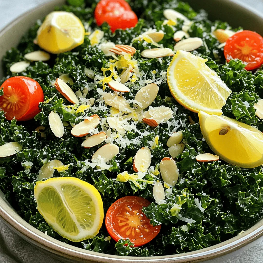 For this salad, you need one bunch of fresh kale. Remove the stems and chop the leaves. Fresh kale is great because it is crunchy and packed with nutrients. Massaging it makes it soft and tasty. Next, you need two cloves of garlic, minced. Garlic gives a strong flavor that mixes well with lemon. Use one large lemon for both zest and juice. The zest adds a bright taste, while the juice brings a fresh tang. To make the dressing, gather 1/4 cup of olive oil. This oil adds richness and helps blend the flavors. You will also need 1/4 cup of grated Parmesan cheese. For a vegan option, use nutritional yeast instead. To add crunch, toast 1/4 cup of sliced almonds. Finish with salt and pepper to taste. Optional: add 1/2 cup of halved cherry tomatoes for color and sweetness. To start, take your bunch of fresh kale. Remove the tough stems and chop the leaves into bite-sized pieces. Place the chopped kale in a large bowl. Sprinkle a pinch of salt over the top. Now, here’s the fun part: use your hands to massage the kale. Do this for about 2-3 minutes. You will notice the kale gets softer and darker. Massaging helps bring out the great flavor and makes the leaves tender. Next, grab a small bowl for the dressing. Add two minced garlic cloves. Then, zest your lemon and squeeze the juice into the bowl. Pour in 1/4 cup of olive oil. Whisk these ingredients together until they blend nicely. This lemon garlic dressing will add a bright and zesty flavor to the salad. Now it’s time to bring everything together. Pour the dressing over the massaged kale. Toss the salad well so that every leaf gets coated. Then, add 1/4 cup of grated Parmesan cheese or nutritional yeast if you prefer a vegan option. Mix gently to combine. Finally, toss in the toasted sliced almonds for that perfect crunch. If you want, add 1/2 cup of halved cherry tomatoes on top for a pop of color. Season with salt and pepper to taste. Adjust the flavors to your liking, and enjoy! Massaging the kale is key to a great salad. Start with fresh kale, and remove the stems. Chop the leaves into bite-sized pieces. Sprinkle a pinch of salt over the kale. Use your hands to massage it for 2-3 minutes. This action softens the leaves and brings out their flavor. You'll notice the color changes to a deeper green. This makes the kale more enjoyable to eat. Choosing the right olive oil can enhance the salad's taste. Look for extra virgin olive oil. It has a rich flavor that pairs well with lemon and garlic. A high-quality oil adds depth to your dressing. The oil should be fresh and have a fruity aroma. Avoid oils that smell rancid or stale. A little goes a long way in boosting the salad's flavor. For serving, presentation matters. Use a large bowl or individual plates. Garnish with extra lemon wedges for a pop of color. A sprinkle of Parmesan cheese or nutritional yeast can make it look fancy. If you like, add halved cherry tomatoes on top. They add sweetness and color to your dish. Enjoy this salad as a side or a light main course! {{image_2}} If you want a vegan twist, skip the Parmesan cheese. Use nutritional yeast instead. It gives a nice cheesy flavor without the dairy. You can add more nuts or seeds for protein. Sunflower seeds or pumpkin seeds work well here. To make this salad a meal, add proteins. Grilled chicken is great, but chickpeas are a good vegan choice. You can also add tofu or tempeh. Just roast or sauté them and mix in. This adds heartiness to your salad. You can change ingredients based on the season. In summer, try adding fresh berries. They add a sweet touch. In fall, roasted squash adds warmth and flavor. You can also switch kale for spinach or arugula. Each green brings a unique taste and texture. You can store the Lemon Garlic Kale Salad in the fridge. Use a tight container to keep it fresh. The salad stays good for up to three days. The kale may wilt a bit, but it will still taste great. Keep the dressing separate if you want to keep the salad crisp. This way, you can add it just before serving. For long-term storage, I recommend freezing the kale. Wash and chop the kale first. Blanch it in boiling water for two minutes, then cool it in ice water. Drain and pack it in a freezer bag. This method helps keep the flavor and nutrients. When you’re ready to use it, thaw it overnight in the fridge. Reheat the kale gently if you want to serve it warm. You can use a pan over low heat. Add a splash of water to help steam it. If you have leftovers, serve the salad cold for a refreshing taste. The flavors will meld nicely, making each bite tasty. For a nice touch, add fresh lemon juice before serving. This brightens the flavor and adds freshness. Yes, you can! Spinach, Swiss chard, or arugula work well. Each green adds a unique taste. Spinach gives a soft texture, while arugula adds a peppery kick. Mix and match to find your favorite blend. You can prep the ingredients in advance. Chop the kale and store it in the fridge. Make the dressing, but keep it separate. Mix the dressing with the kale just before serving. This keeps the salad fresh and crunchy. Store leftovers in an airtight container in the fridge. Enjoy them within two days for the best taste. You can also add leftovers to a wrap or a grain bowl. This makes a quick and tasty meal! In this blog post, we explored how to make a delicious kale salad. We covered key ingredients like fresh kale, garlic, and lemon. You learned step-by-step instructions for preparing the salad, making the dressing, and combining everything. We shared helpful tips, like massaging kale and choosing the best olive oil. I hope these ideas inspire you to create your own tasty kale salad. Add your favorite proteins or seasonal ingredients for fun variations. Enjoy experimenting and make it your own!
