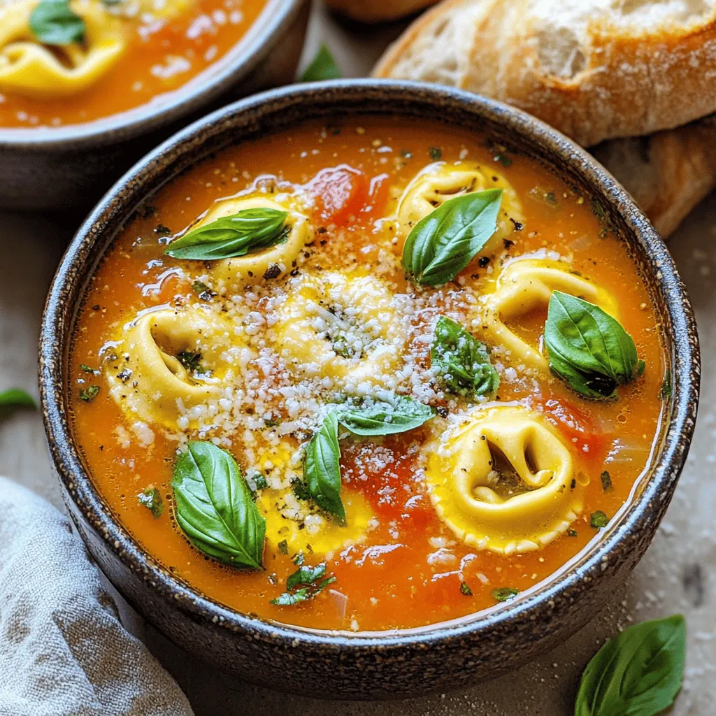 This soup needs a few key ingredients to shine. Here’s what you will need: - 4 cups vegetable broth - 1 can (28 ounces) crushed tomatoes - 1 can (15 ounces) diced tomatoes with herbs - 1 medium onion, diced - 3 cloves garlic, minced - 2 cups fresh basil leaves, chopped - 1 teaspoon dried oregano - 1 teaspoon sugar - 1 package (9 ounces) cheese tortellini (fresh or frozen) - 1 cup heavy cream or coconut cream for a vegan option - Salt and pepper to taste - Grated Parmesan cheese for serving (optional) - Extra basil leaves for garnish These ingredients come together to build a rich, flavorful base that will warm your soul. For extra layers of taste, consider these optional ingredients: - Carrots, diced for sweetness - Celery, diced for crunch - Red pepper flakes for heat - Spinach or kale for added greens Adding these can make your soup even more delightful. Try mixing in what you love! You can easily adapt this soup for different diets. Here are some swaps: - Use vegetable broth that is gluten-free. - Swap cheese tortellini with gluten-free pasta. - For a vegan option, use coconut cream instead of heavy cream. These changes keep the soup tasty while meeting dietary needs. Always feel free to experiment! Start by gathering all your ingredients. In your slow cooker, mix together these items: - 4 cups vegetable broth - 1 can (28 ounces) crushed tomatoes - 1 can (15 ounces) diced tomatoes with herbs - 1 medium onion, diced - 3 cloves garlic, minced - 2 cups fresh basil leaves, chopped - 1 teaspoon dried oregano - 1 teaspoon sugar Stir the mix well. This base will give your soup a rich flavor. Cover the slow cooker with its lid. Cook on low for 6 to 8 hours or on high for 3 to 4 hours. This slow cooking lets the flavors blend. You want the veggies to become soft and tender. About 30 minutes before serving, add in 1 package (9 ounces) of cheese tortellini. Let it cook on high for 30 minutes. This step makes your soup hearty and delicious. After the tortellini is ready, turn the heat to low. Stir in 1 cup of heavy cream or coconut cream. Let it warm for about 5 minutes. This cream adds richness to your soup. Finally, season the soup with salt and pepper to taste. Serve hot. For a nice touch, sprinkle grated Parmesan cheese on top and add extra basil leaves for garnish. Enjoy your delightful bowl of soup! To make your soup shine, use fresh ingredients. Fresh basil brings bright flavor. Diced tomatoes with herbs add depth. A touch of sugar balances acidity from tomatoes. Adjust broth levels for thickness. For a creamier soup, use heavy cream. If you prefer a vegan option, coconut cream works well. Stir in the tortellini 30 minutes before serving. This keeps them tender and not mushy. Avoid overcooking the vegetables. They should be tender, not mushy. Don’t skip the garlic and onion; they add great flavor. If you add the tortellini too soon, they can become soft. Always taste and adjust seasoning before serving. Lastly, don’t rush the cooking time. Low and slow gives the best results for flavor. Serve your soup hot in bowls. Top with grated Parmesan cheese for richness. Add extra basil leaves for a fresh touch. Pair the soup with crusty bread for dipping. This makes the meal hearty and satisfying. You can also serve it with a simple salad for balance. Enjoy every spoonful! {{image_2}} You can easily boost the protein in your Slow Cooker Tomato Basil Tortellini Soup. Chicken or sausage works well. For chicken, use boneless, skinless pieces. Cut them into small cubes. Add them to the slow cooker with the other ingredients. Cook on low for 6-8 hours. For sausage, slice it up and brown it in a pan first. Then add it to the slow cooker. This adds flavor and depth. To make this soup vegan and dairy-free, swap the heavy cream for coconut cream. It gives a nice richness without dairy. Ensure you use vegan tortellini too. Many stores offer vegan options made with chickpea or gluten-free pasta. This way, you can enjoy the same creamy texture without animal products. Adding seasonal vegetables makes this soup even better. Consider using carrots, zucchini, or spinach. Dice the carrots and zucchini, and add them to the slow cooker with the other ingredients. For spinach, stir it in during the last 10 minutes of cooking. This keeps it fresh and vibrant. Using seasonal veggies adds nutrition and flavor. To keep your Slow Cooker Tomato Basil Tortellini Soup fresh, let it cool first. Use a clean container with a tight lid. Store the soup in the fridge for up to three days. Make sure to label it with the date. If you want to keep it longer, consider freezing it. When you reheat the soup, do it gently. Pour the soup into a pot over low heat. Stir often to avoid sticking. You can also use a microwave. Heat it in short bursts, stirring in between. This keeps the flavors bright and delicious. You can freeze the soup for up to three months. Just make sure it is in an airtight container. When you want to eat it, thaw it in the fridge overnight. You can also use a microwave for quick thawing. Once thawed, reheat it on the stove for the best taste. Enjoy your soup just like it was fresh! Yes, you can use frozen tortellini. Just add it to the soup about 30 minutes before you serve. It cooks well in the slow cooker and saves time. This soup lasts about 4 to 5 days in the fridge. Store it in an airtight container. Make sure it cools down before you put it in the fridge. This soup pairs well with crusty bread. You can also serve a fresh salad or garlic bread. A nice sprinkle of Parmesan cheese on top adds a lovely touch too. This blog post highlighted how to make Slow Cooker Tomato Basil Tortellini Soup effortlessly. We covered key ingredients, including essential and optional ones, along with tasty substitutions for diets. I provided simple, step-by-step cooking instructions and shared helpful tips to achieve great flavor. Lastly, we explored variations, storage options, and answered common questions. With this knowledge, you can create a warm, delicious meal that suits your taste and needs. Enjoy making this comforting soup!