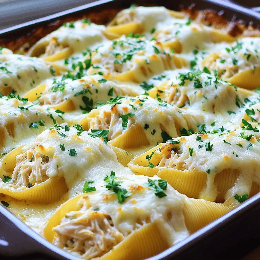 - 12 large pasta shells - 2 cups cooked chicken, shredded - 1 cup ricotta cheese To make Chicken Alfredo Stuffed Shells, you need some key ingredients. Start with 12 large pasta shells. These shells hold the filling well. Next, use 2 cups of cooked chicken. You can shred leftover chicken or use rotisserie chicken. Finally, add 1 cup of ricotta cheese. This cheese keeps the filling creamy. - 1 cup mozzarella cheese, shredded - 1/2 cup grated Parmesan cheese Cheese adds flavor and texture. Use 1 cup of shredded mozzarella cheese. This cheese melts beautifully. You also need 1/2 cup of grated Parmesan cheese. This adds a nice salty flavor to your dish. - 1 1/2 cups Alfredo sauce (store-bought or homemade) - Additional seasoning options (salt, pepper, Italian seasoning) For the sauce, you can choose 1 1/2 cups of Alfredo sauce. You can buy it at the store or make it at home. Homemade sauce adds a personal touch. Don't forget to season with salt, pepper, and Italian seasoning to enhance the dish's flavor. 1. Preheat your oven to 375°F (190°C). This helps cook the dish evenly. 2. Cook the pasta shells according to the package instructions. Aim for al dente. Drain and set them aside. 3. In a skillet over medium heat, add one tablespoon of olive oil. Once hot, add two cloves of minced garlic. Sauté until fragrant, about one minute. This step adds great flavor to your filling. 1. In a mixing bowl, combine the following filling ingredients: - 2 cups cooked chicken, shredded - 1 cup ricotta cheese - 1/2 cup of mozzarella cheese, shredded - 1 teaspoon Italian seasoning - Salt and pepper to taste 2. Mix until everything is well combined. The filling should be creamy and tasty. 3. Take each cooked pasta shell and stuff it with the chicken mixture. Press down slightly to ensure it's filled well. This will give you a nice bite in each shell. 1. In a baking dish, spread 1/2 cup of Alfredo sauce on the bottom. This keeps the shells from sticking. 2. Place the stuffed shells in the dish, open side up. 3. Pour the remaining Alfredo sauce over the shells. Make sure they are well coated. 4. Sprinkle the leftover mozzarella and 1/2 cup of grated Parmesan cheese on top. 5. Cover the baking dish with aluminum foil. Bake for 25 minutes. 6. After 25 minutes, remove the foil. Bake for another 10 to 15 minutes. Look for the cheese to be bubbly and slightly golden. 7. Once done, take it out of the oven and let it cool for a few minutes. Garnish with chopped parsley before serving. To cook the pasta shells perfectly, follow the package instructions. Aim for al dente, which means the pasta is firm but not hard. This helps the shells hold their shape when you stuff them. You should also place the shells in cold water after cooking. This stops the cooking process and cools them down for easier handling. To achieve a bubbly, golden cheese topping, cover the dish with foil for the first part of baking. This keeps the moisture in. In the last 10-15 minutes, remove the foil. The cheese will brown nicely and become bubbly. I also recommend using a mix of mozzarella and Parmesan cheese for the best melt and flavor. You can swap cheeses based on your taste. Cream cheese or goat cheese can replace ricotta. They add a unique flavor and texture. If you want a stronger taste, try using feta cheese. For proteins, feel free to use cooked turkey or shrimp. You can even try a vegetarian option with sautéed mushrooms or spinach. For sauces, Alfredo is great, but you can also experiment with pesto or a tomato sauce. Each option brings its own twist to the dish. When serving Chicken Alfredo Stuffed Shells, pair them with a light salad. A simple green salad with vinaigrette balances the richness of the dish. Garlic bread also makes a great side. It soaks up any extra sauce and adds crunch. For garnishing, sprinkle chopped fresh parsley on top before serving. This adds a pop of color and freshness. You can also add a pinch of red pepper flakes for a hint of spice. {{image_2}} Adding vegetables to Chicken Alfredo stuffed shells can brighten the dish. Spinach and mushrooms are great options. They blend well with the creamy filling. You can use fresh or frozen spinach. Just make sure to squeeze out any extra water. For mushrooms, sauté them first to bring out their flavor. This adds color and nutrition to your meal. You can make your stuffed shells unique with herbs and spices. Fresh basil or oregano works well. They add a fresh taste to the creamy sauce. If you want some heat, try a spicy Alfredo. Just add red pepper flakes to the sauce. This gives the dish a nice kick without being too spicy. Worried about gluten? You can use gluten-free pasta shells. Many brands offer options that taste great. For a lighter dish, swap regular cheeses for low-fat versions. You can also use low-fat Alfredo sauce. These changes help make a delicious meal that fits your diet. Store your Chicken Alfredo Stuffed Shells in an airtight container. Let them cool first, then cover tightly. This keeps the shells fresh for your next meal. When ready to eat, reheat the shells in the oven. Set your oven to 350°F (175°C) and bake for about 20 minutes. This will warm them evenly and keep the cheese nice and melty. You can freeze stuffed shells before or after baking. To freeze before baking, place them in a single layer on a baking sheet. Once they are frozen solid, transfer them to a freezer bag. If you freeze them after baking, let the dish cool, then cover tightly. For best results, use them within three months. When you are ready to eat frozen shells, thaw them overnight in the fridge. Bake them at 375°F (190°C) for about 30-35 minutes until heated through. Chicken Alfredo Stuffed Shells last about 3-4 days in the fridge. Make sure to check for signs of spoilage. If you see mold or a bad smell, it’s time to toss them out. Keeping an eye on your leftovers helps you enjoy this tasty dish safely! Can I use store-bought Alfredo sauce? Yes, you can use store-bought Alfredo sauce. It saves time and still tastes great. Look for a brand with simple, quality ingredients. You’ll save effort and still enjoy a creamy dish. How do I make homemade Alfredo sauce? To make homemade Alfredo sauce, melt 1/2 cup of butter in a pan. Add 1 cup of heavy cream and cook on low heat. Stir in 1 cup of grated Parmesan cheese. Mix until smooth. Season with salt and pepper. This sauce is rich and adds a nice touch to your stuffed shells. Can I make this dish in advance? Yes, you can prepare this dish in advance. Stuff the shells and place them in the baking dish. Cover it with foil and store it in the fridge. Bake it when you're ready to eat. This makes dinner easy after a busy day. What’s the best way to reheat stuffed shells? The best way to reheat stuffed shells is in the oven. Preheat the oven to 350°F (175°C). Cover the dish with foil to keep the shells moist. Heat for about 20 minutes or until warm. This method keeps the cheese melty and delicious. Can I substitute chicken with another protein? Yes, you can use other proteins. Cooked ground turkey or sausage work well. Shredded rotisserie chicken is also a great option. This makes the dish fun and allows you to try new flavors. What types of pasta can be used for this recipe? You can use different types of pasta. Jumbo pasta shells are best, but you can try manicotti or even stuffed cannelloni. Just ensure they are large enough to hold the filling. This adds variety to your meal. In this blog post, we covered making Chicken Alfredo Stuffed Shells. You learned about the essential ingredients and how to prepare them. I shared tips for perfecting the recipe, like cooking the pasta just right and achieving a golden cheese top. We also explored variations using seasonal ingredients and dietary adjustments. Lastly, we discussed how to store and freeze leftovers. Now, you can enjoy a delicious meal that's easy to share. With these steps, you'll impress everyone at the table with your cooking skills. Happy cooking!
