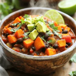 - 2 medium sweet potatoes, peeled and diced Sweet potatoes add a natural sweetness. Look for firm ones with smooth skin. Avoid any with soft spots. - 1 can (15 oz) black beans, rinsed and drained Black beans bring protein and fiber. Canned beans save time. If using dry beans, soak them overnight first. - 1 can (14 oz) diced tomatoes (with juice) Diced tomatoes add acidity and moisture. Choose tomatoes packed in juice for the best flavor. - 1 small onion, finely chopped Onions provide a base flavor. Yellow or white onions work well. Choose ones that feel heavy for their size. - 2 cloves garlic, minced Garlic boosts flavor and aroma. Fresh garlic is best. If using pre-minced, check for additives. - 1 red bell pepper, chopped Red bell peppers add color and sweetness. Pick ones that are bright and firm. - 1 tablespoon chili powder Chili powder adds warmth and depth. Look for a blend that includes cumin and garlic powder for best taste. - 1 teaspoon cumin Cumin gives a warm, earthy flavor. Fresh ground cumin has a stronger aroma than pre-ground. - 1 teaspoon smoked paprika Smoked paprika adds a rich, smoky taste. Use it instead of regular paprika for a flavor boost. - ½ teaspoon cayenne pepper (optional, for heat) Cayenne adds heat. Adjust to your spice level. Start small; you can always add more. - 2 cups vegetable broth Vegetable broth adds richness. Choose low-sodium options to control salt levels. - Salt and pepper to taste Seasoning is key. Always taste before adding more. - 1 avocado, diced (for topping) Avocado adds creaminess. Choose ripe avocados for the best flavor. - Fresh cilantro, chopped (for garnish) Cilantro adds a fresh finish. Use it to brighten up the dish. - Lime wedges (for serving) Lime juice adds acidity. Squeeze it on just before eating for a zesty kick. When choosing sweet potatoes, pick ones that are firm and smooth. Avoid any with blemishes. For black beans, canned is quick, but dried beans offer more texture. If you can, go for organic produce. Organic sweet potatoes and black beans often taste better and are free from pesticides. Organic options may cost more but often have better flavor. Non-organic can be fine too, especially if washed well. Focus on finding the freshest ingredients for your chili. It will make a big difference in taste! Start by dicing your vegetables. Peel and chop the sweet potatoes into small cubes. This helps them cook evenly. Finely chop the onion and red bell pepper. Mince the garlic cloves to release their flavor. Place all these ingredients in your slow cooker. Next, combine everything in the slow cooker. Add the diced sweet potatoes, black beans, and diced tomatoes with their juice. Mix in the chopped onion, minced garlic, and red bell pepper. These ingredients create a hearty base for your chili. Layering ingredients correctly matters for flavor. Place the sweet potatoes at the bottom. They take longer to cook. Then, add the beans and tomatoes. The veggies will soak up the spices and broth on top. This method ensures every bite is full of flavor. Now let’s talk about the cooking settings. You can set your slow cooker to low or high. Cooking on low takes about 6-7 hours. If you're in a hurry, high will cook it in 3-4 hours. Both methods will give you tender sweet potatoes. Watch for doneness indicators. The sweet potatoes should be soft when pierced with a fork. This means they’re ready. Make sure to taste the chili before serving. Adjust the seasoning if needed. For maximum enjoyment, ladle the chili into bowls. Top it with diced avocado and fresh cilantro. A squeeze of lime juice adds a bright flavor. This enhances the dish and adds freshness. Serve it with crusty bread or tortilla chips on the side. These toppings make the chili even better. They add creaminess and a burst of flavor. Enjoy every bite of your flavorful Slow Cooker Sweet Potato Black Bean Chili. Adjusting your seasonings is key for great flavor. If you love spice, add more cayenne. For a milder taste, skip the cayenne. Always taste as you go. This helps you find the best balance for your palate. You can also enhance flavors by adding a splash of lime juice before serving. Fresh herbs like cilantro can brighten the dish too. To get the best texture for sweet potatoes, cut them into even pieces. This ensures they cook at the same rate. If you want them to stay firm, add them later in the cooking process. Avoid common slow cooker mistakes by not overfilling the pot. Leave some space for steam and heat to circulate. Sweet potatoes are rich in vitamins A and C. They provide fiber, which aids digestion. Black beans are a great source of protein and iron. They keep you full and energized. The spices also add health benefits. Chili powder can boost your metabolism, while cumin aids digestion. Enjoy these flavors knowing they are good for you. {{image_2}} You can switch up the beans in your chili. Kidney beans and pinto beans both work well. They add a nice texture and flavor. If you want to change the sweet potatoes, try using butternut squash or carrots. They will make your chili taste different and fun. Each swap adds its own twist to this dish. Adding protein can make your chili heartier. You can toss in quinoa for a healthy boost. If you want meat, diced chicken works great too. Just make sure to cook it before adding. For a vegan option, consider using lentils instead of meat. They add protein and fit right in with the chili’s flavor. Do you like it spicy? You can adjust the heat easily. Add more cayenne pepper for a kick. If you prefer a milder chili, skip the cayenne. You can also add a dollop of sour cream or yogurt when serving. It cools down the heat nicely and adds creaminess. To store your leftover chili, let it cool first. Then, place it in an airtight container. This keeps it fresh and tasty. You can store the chili in the fridge for up to five days. Check for any off smells before eating it again. If it smells good, enjoy your chili! Freezing chili is easy. First, let the chili cool down completely. Then, pour it into freezer-safe bags. Make sure to remove as much air as possible before sealing. Label the bags with the date. You can freeze the chili for up to three months. When you want to eat it, take it out and thaw it overnight in the fridge. Reheat it in a pot over low heat. Stir often for even warming. Batch cooking chili is a smart way to save time. Make a large pot and divide it into meal-sized portions. You can eat one portion now and freeze the rest. To repurpose leftovers, turn the chili into a filling for burritos or tacos. You can also mix it with rice or serve it over a baked potato. Yes, you can use canned sweet potatoes. They save time and effort. However, canned sweet potatoes may have added sugars or salt. Always check the label. Fresh sweet potatoes offer more texture and flavor. They stay firm and give a nice bite. Canned versions may be softer and mushier. If you choose canned, reduce cooking time. Add them in the last hour to prevent overcooking. To thicken your chili, you have a few options. You can mash some sweet potatoes in the pot. They will add creaminess and body. Another method is to add a cornstarch slurry. Mix cornstarch with water, then stir it in. Let the chili cook for a bit longer. You can also add more black beans. They will break down and create a thicker mix. Lastly, simmering the chili uncovered helps reduce the liquid. Yes, you can easily make this recipe ahead. Cook it fully and let it cool. Store it in an airtight container in the fridge. It can last up to five days. For longer storage, freeze the chili. Divide it into portions for easy reheating. When ready to serve, thaw it overnight in the fridge. Reheat on the stove or in the microwave. The flavors will deepen, making it even better! In this post, we covered how to make a delicious chili. We explored every ingredient, from sweet potatoes to black beans. You learned how to prepare and cook them in a slow cooker. Remember to adjust flavors and try different ingredient swaps. Whether you want spice or a milder dish, you can customize your chili. Store leftovers smartly for later enjoyment. With these tips, you can create a tasty meal. Enjoy cooking and sharing your chili with others!
