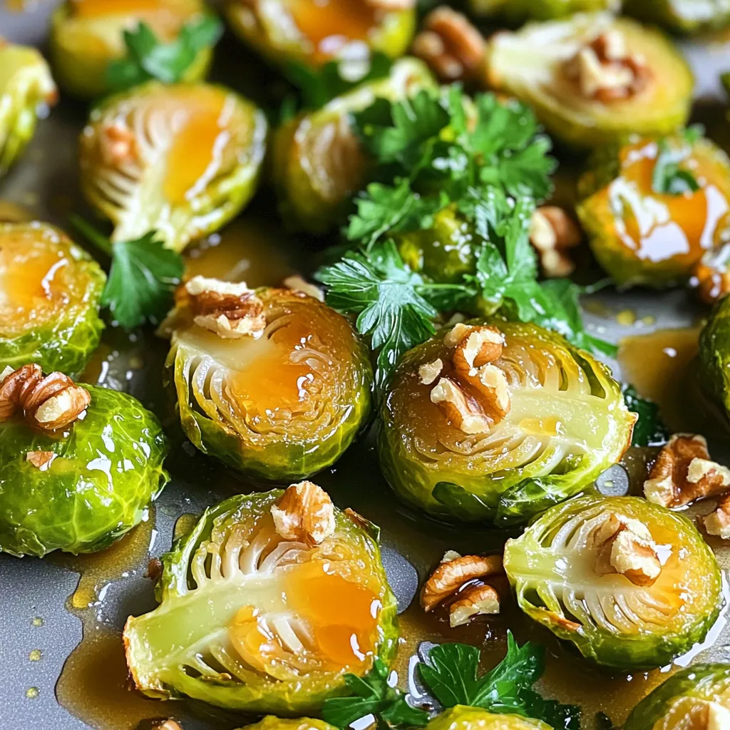 To make Sheet-Pan Maple Dijon Brussels Sprouts, you will need: - 1 pound Brussels sprouts, trimmed and halved - 3 tablespoons olive oil - 3 tablespoons pure maple syrup - 2 tablespoons Dijon mustard - 1 tablespoon apple cider vinegar - 1 teaspoon garlic powder - Salt and pepper to taste - ¼ cup chopped walnuts (optional) - Fresh parsley for garnish (optional) You can swap some ingredients if you need to. Use canola oil instead of olive oil. Honey works well instead of maple syrup. If you do not have Dijon mustard, try yellow mustard. For vinegar, lemon juice can be a good choice. You can leave out walnuts if you want a nut-free dish. Fresh herbs like thyme can replace parsley for a different flavor. For precise measuring, use dry measuring cups for solids. Use liquid measuring cups for oils and syrups. When measuring sticky liquids like maple syrup, spray the cup with cooking oil first. It helps the syrup slide out easily. Always level off dry ingredients with a knife for accuracy. This ensures your dish turns out just right. Start by setting your oven to 425°F (220°C). This high heat helps the Brussels sprouts roast perfectly. While the oven heats up, grab a large baking sheet. Line it with parchment paper. This makes for easy cleanup later. Next, you will make the sauce. In a medium mixing bowl, combine three tablespoons of olive oil, three tablespoons of pure maple syrup, and two tablespoons of Dijon mustard. Add one tablespoon of apple cider vinegar and one teaspoon of garlic powder. Season with salt and pepper. Use a whisk to mix everything until it is smooth and well blended. This sauce gives the sprouts a sweet and tangy flavor. Now, it’s time to coat the Brussels sprouts. Take one pound of trimmed and halved Brussels sprouts and add them to the bowl with the sauce. Toss the sprouts well to ensure they are covered in the maple Dijon mixture. Spread them out on the prepared baking sheet in a single layer. If you want to add some crunch, sprinkle ¼ cup of chopped walnuts on top. Place the sheet in the oven and roast for 20-25 minutes. Flip the sprouts halfway through to get them golden brown and tender. When they are done, you can drizzle a bit more maple syrup on top for an extra touch. Let them cool slightly before serving. Enjoy the sweet and savory flavors! For the best roast, start with a hot oven. Preheat it to 425°F (220°C). This high heat helps the Brussels sprouts crisp up nicely. Spread them out in a single layer on your sheet pan. If they are too close, they will steam instead of roast. Flip them halfway through cooking to get that golden brown all over. You can add more flavors to your dish. Try mixing in a pinch of red pepper flakes for heat. You might also swap the Dijon mustard for whole grain mustard for a different taste. If you love nuts, add pecans or almonds along with walnuts. This will add crunch and extra flavor. These roasted Brussels sprouts are a great side dish. They pair well with chicken or pork. You can also serve them over a bed of quinoa for a filling meal. Drizzle a little extra maple syrup on top before serving for a sweet touch. Garnish with fresh parsley to add color and freshness. {{image_2}} To make your Sheet-Pan Maple Dijon Brussels sprouts even better, try adding nuts or seeds. Walnuts give a nice crunch and earthy flavor. You can also use pecans or almonds for a twist. If you prefer seeds, pumpkin or sunflower seeds work great too. Just sprinkle them on top before roasting. This step boosts the texture and adds healthy fats. You can mix in other veggies for added color and taste. Carrots, sweet potatoes, or red onions pair well with Brussels sprouts. Chop them into similar sizes for even cooking. Toss them in the same maple Dijon sauce. This way, all the vegetables share that sweet and tangy flavor. Roasting time stays the same; just keep an eye on them for doneness. This recipe is already vegan and gluten-free, making it easy for everyone to enjoy. Use maple syrup for sweetness, and Dijon mustard ensures no animal products sneak in. If you want to add a creamy touch, try using vegan yogurt or cashew cream as a dressing after roasting. It keeps the dish light but adds a rich flavor profile. Enjoy the dish knowing it fits many diets! After enjoying your sheet-pan maple Dijon Brussels sprouts, let them cool first. Place the sprouts in an airtight container. They will stay fresh in the fridge for up to four days. If you want to keep them longer, think about freezing. To reheat your Brussels sprouts, use the oven for the best taste. Preheat it to 350°F (175°C). Spread the sprouts on a baking sheet. Warm them for about 10-15 minutes until they are hot. You can also use a microwave, but the oven keeps them crispy. If you want to freeze the leftover sprouts, place them in a freezer-safe bag. Squeeze out as much air as you can. They will last up to three months. When ready to eat, thaw them in the fridge overnight before reheating. This helps keep their flavor and texture. Yes, you can use frozen Brussels sprouts. However, fresh Brussels sprouts give the best flavor and texture. Frozen sprouts may be softer after cooking. If you use frozen ones, roast them for a little longer. Check for tenderness and adjust the time as needed. These Brussels sprouts pair well with many dishes. Try serving them with roasted chicken or grilled salmon. They also go nicely with quinoa or rice for a hearty meal. For a veggie twist, serve with a side of mashed potatoes or a fresh salad. Roasting Brussels sprouts takes about 20 to 25 minutes. Make sure to flip them halfway for even cooking. They should be golden brown and tender when done. Keep an eye on them to avoid overcooking. Enjoy those crispy edges! In this blog post, I covered everything you need for making delicious Sheet-Pan Maple Dijon Brussels Sprouts. We looked at essential ingredients, how to prepare them, and which tips will help you get great flavors. I also shared ways to customize your dish and store leftovers. To sum it up, this recipe is simple and flexible. With these steps, you can create a tasty side dish that fits your needs perfectly. Enjoy your cooking!