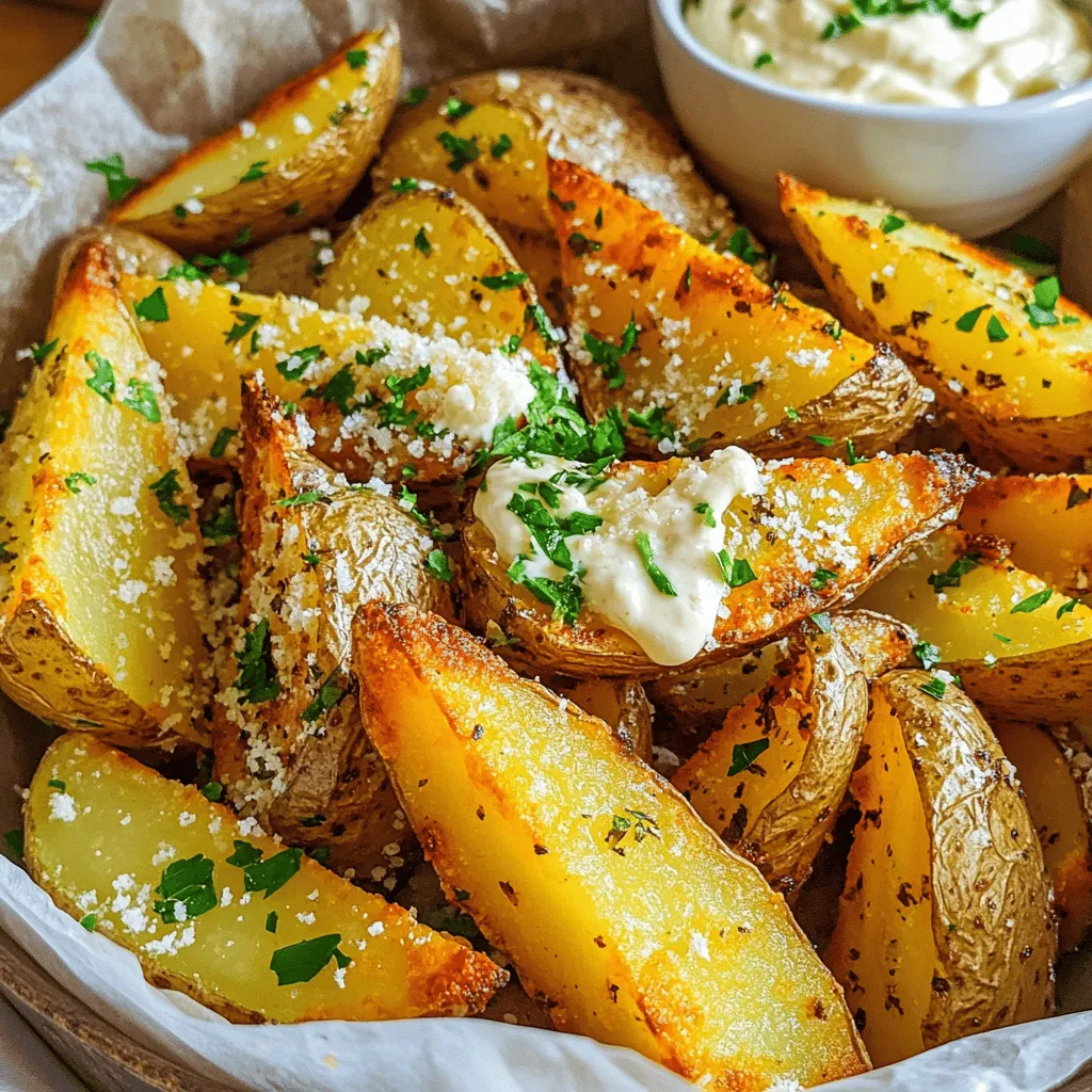 - 4 medium russet potatoes - 3 tablespoons olive oil - 4 cloves garlic - 1 teaspoon paprika - ½ teaspoon dried oregano - ½ teaspoon salt - ¼ teaspoon black pepper - ½ cup grated Parmesan cheese - Fresh parsley for garnish You can swap russet potatoes for Yukon gold or red potatoes. They all work great. For olive oil, try avocado oil or sunflower oil if you want a different flavor. If you want a cheese swap, use Romano or nutritional yeast for a vegan option. Each choice can change the taste of your dish, so pick what you like best! To start, soak the potato wedges in cold water for at least 30 minutes. This step helps remove excess starch. Less starch means crispier wedges. After soaking, drain the wedges. Use a clean kitchen towel to pat them dry. Ensure they are fully dry for the best crispiness. In a large mixing bowl, combine three tablespoons of olive oil with four minced garlic cloves. Add one teaspoon of paprika, half a teaspoon of dried oregano, half a teaspoon of salt, and a quarter teaspoon of black pepper. Mix well to create a tasty marinade. It is key to ensure each wedge gets an even coating. Toss the potato wedges in the garlic mixture until they are fully covered. Next, preheat your air fryer to 400°F (200°C) for about five minutes. This step is important for even cooking. Place the coated potato wedges in the air fryer basket in a single layer. Avoid overcrowding the basket. Air fry the wedges for 15-20 minutes. Shake the basket halfway through for even cooking. When they turn golden brown and crispy, they are ready. Remove the wedges and sprinkle half a cup of grated Parmesan cheese on top while they are hot. This makes the cheese melt slightly. Finish by garnishing with freshly chopped parsley before serving. To make your potato wedges super crispy, soak them first. Soaking removes extra starch. This step helps your wedges get that golden crunch we all love. After soaking, drain the wedges. Then, dry them well with a clean towel. This step is key. Moisture can ruin crispiness. When you place the wedges in the air fryer, arrange them in a single layer. Overcrowding the basket prevents hot air from flowing. This means uneven cooking. Fry in batches if needed. You want every wedge to be crispy! These potato wedges are great with dips. Try garlic aioli or ranch dressing. Both pair well with the garlic and cheese. You can also serve them with ketchup for a classic touch. For main dishes, these wedges work well with grilled chicken or steak. They add a crunchy side to your meal. You can also enjoy them with a fresh salad for a lighter option. Garnishing adds a nice touch to your dish. Sprinkle fresh parsley on top for color. It also adds a fresh taste. You can mix in other herbs like chives or thyme for extra flavor. For presentation, serve the wedges in a rustic bowl. Line it with parchment paper for style. Arrange them neatly for a beautiful display. Add a small bowl of dip on the side for a fun and inviting look! {{image_2}} You can spice up your potato wedges easily. Add chili flakes to make a spicy garlic parmesan. This adds heat and a nice kick. You can also mix in fresh herbs like rosemary or thyme. These herbs will brighten the flavor and give a garden touch. If you want to skip the air fryer, you can make these in the oven. Preheat the oven to 425°F (220°C). Spread the coated wedges on a baking sheet. Bake them for 25-30 minutes, flipping halfway, until golden brown. You can also use a conventional fryer. Heat the oil to 350°F (175°C) and fry the wedges until crispy. Change things up with seasonal flavors. In the fall, add pumpkin spice to your wedges for a warm, cozy flavor. A blend of cinnamon and nutmeg works well. In summer, use fresh garden herbs like basil or dill. This gives a light, fresh taste perfect for warm days. To keep your garlic parmesan potato wedges fresh, use an airtight container. Glass or plastic containers work well. Store them in the fridge within two hours after cooking. They stay good for about 3 to 5 days. You have two great options for reheating: the microwave or the air fryer. The microwave is quick but may make the wedges soft. The air fryer keeps them crispy. Preheat your air fryer to 350°F (175°C) and heat the wedges for about 5 to 8 minutes. Shake the basket halfway through to help them crisp up. If you want to save some for later, you can freeze the cooked wedges. Make sure they cool completely first. Spread them in a single layer on a baking sheet. Freeze for about an hour until firm. Then, transfer them to a freezer bag or container. When you’re ready to eat, thaw them in the fridge overnight. Reheat in the air fryer for the best results. Yes, you can use sweet potatoes. They will give a sweeter flavor. Just cut them into wedges like russet potatoes. Cook them in the air fryer at the same temperature and time. You may need to adjust cooking time slightly since sweet potatoes can cook faster. To make crispy potato wedges, soak them in cold water for at least 30 minutes. This step removes starch, which helps with crispiness. After soaking, dry them well. Ensure you don’t overcrowd the air fryer basket when cooking. Shaking the basket halfway through also helps them crisp up evenly. Several great dips go well with garlic parmesan wedges. Here are some tasty options: - Garlic aioli - Ranch dressing - Spicy ketchup - Sour cream with chives - Blue cheese dressing These dips enhance the flavor and add variety to your meal. These potato wedges can last in the fridge for about 3 to 5 days. Store them in an airtight container to keep them fresh. Reheat them in the air fryer to bring back their crispiness. Yes, you can cook these wedges in an oven. Preheat the oven to 425°F (220°C). Place the wedges on a baking sheet lined with parchment paper. Bake them for about 25 to 30 minutes, flipping halfway through, until they are crispy and golden. You learned how to make crispy potato wedges using simple, tasty ingredients. We discussed preparation, cooking, and serving ideas to elevate your dish. Remember, you can substitute ingredients and even try different cooking methods to suit your taste. Don’t forget to store and reheat properly for the best results. With these tips, you're ready to impress your family and friends. Enjoy your cooking journey and have fun experimenting with flavors!
