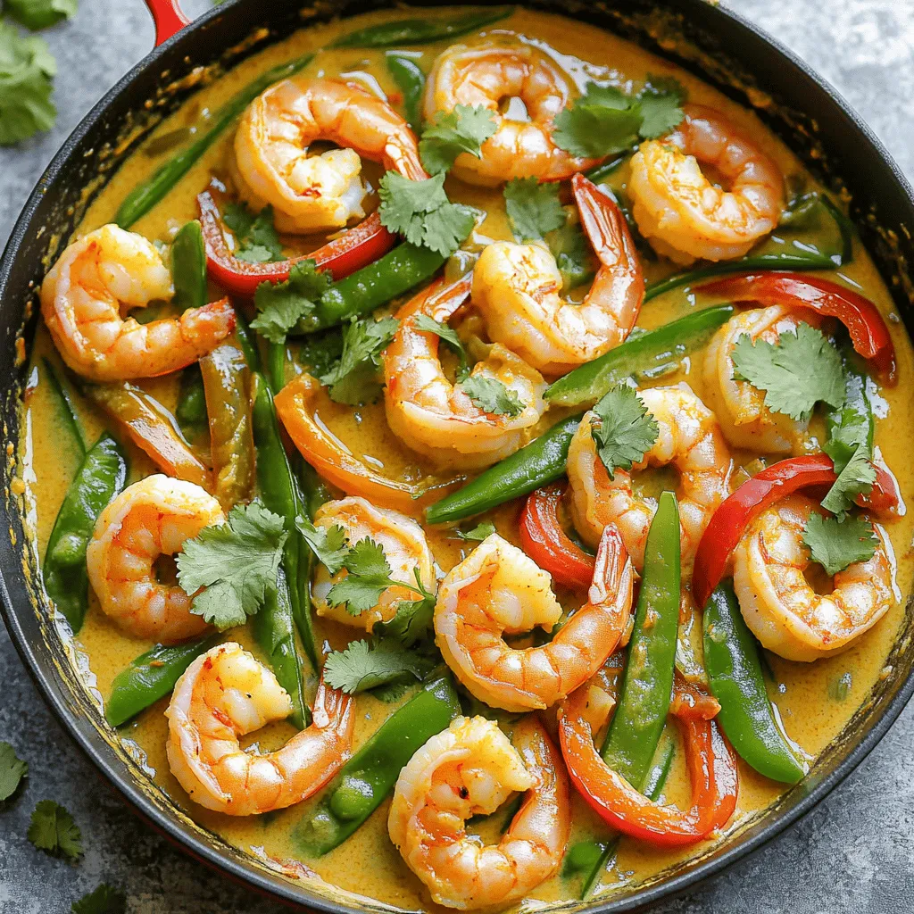 To make Minute Coconut Curry Shrimp, you will need: - 1 lb (450g) shrimp, peeled and deveined - 1 can (13.5 oz) coconut milk - 2 tablespoons red curry paste - 1 tablespoon olive oil - 1 tablespoon fresh ginger, minced - 2 cloves garlic, minced - 1 bell pepper, sliced (any color) - 1 cup snap peas - 1 tablespoon lime juice - Fresh cilantro for garnish - Salt to taste Having the right tools makes cooking easier. Here’s what you should gather: - Large skillet - Measuring spoons - Knife and cutting board - Spoon for stirring - Bowl for garnishing You can swap out some ingredients if needed. Here are some ideas: - Use chicken or tofu instead of shrimp for different protein. - Any type of milk can replace coconut milk, but taste will change. - For a spicier kick, add more red curry paste or fresh chili. - Replace snap peas with green beans or broccoli for variety. - Fresh lime juice can be swapped with lemon juice if you prefer. These substitutions help you adapt the recipe to what you have on hand. Enjoy cooking! 1. First, pour 1 tablespoon of olive oil into a large skillet. Heat it on medium. 2. Next, add 1 tablespoon of minced ginger and 2 cloves of minced garlic. Sauté them for 1-2 minutes. You want them fragrant and not burnt. 3. Now, stir in 2 tablespoons of red curry paste. Cook for 1 more minute. This lets the flavors bloom. 4. Pour in 1 can of coconut milk. Stir well to mix with the curry paste. Let it simmer for 2-3 minutes. 5. Add 1 sliced bell pepper and 1 cup of snap peas. Cook for 2-3 minutes until they soften slightly. 6. Time for the star of the show! Add 1 pound of shrimp to the skillet. Cook them for about 4-5 minutes. They will turn pink and opaque. 7. Finally, stir in 1 tablespoon of lime juice and add salt to taste. - Sautéing ginger and garlic: 1-2 minutes - Cooking curry paste: 1 minute - Simmering coconut milk: 2-3 minutes - Cooking bell peppers and snap peas: 2-3 minutes - Cooking shrimp: 4-5 minutes Total cooking time is around 20 minutes. - Look for the shrimp to change color from gray to pink. - The bell pepper should be bright and slightly tender but not mushy. - When stirring, make sure the coconut milk and curry paste are well mixed. This creates a smooth sauce. This quick dish is perfect for any night of the week. Enjoy the bright colors and rich flavors! To get the best flavor from your Minute Coconut Curry Shrimp, focus on fresh ingredients. Use fresh ginger and garlic. They add a strong, bright taste. The red curry paste is key too. It brings warmth to your dish. Always sauté the ginger and garlic first. This helps release their oils and flavors. When you add the coconut milk, stir well. This ensures the flavors mix nicely. Let it simmer to deepen the taste. You can also add a splash of fish sauce for depth. Not everyone likes the same level of heat. To adjust spice levels, start with less red curry paste. You can always add more later. If your dish gets too spicy, add a little sugar. Sugar helps balance heat. You can also add more coconut milk to cool it down. Lime juice brightens the dish and helps with spice too. Always taste as you cook. This way, you can find the right balance for your palate. Cooking shrimp takes just a few minutes. Overcooking makes them tough. When you add shrimp to the skillet, watch for color changes. Cook until they turn pink and opaque, about 4-5 minutes. Stir gently to cook evenly. If you want a little crunch, add the shrimp last. This keeps them tender while the veggies cook. Always remove the skillet from heat as soon as they are done. This helps keep them juicy and flavorful. {{image_2}} You can easily swap shrimp for other proteins. Chicken works well here. Cut it into bite-sized pieces and cook it for a few extra minutes. Tofu is another great choice. Use firm tofu and cut it into cubes. Sauté it until golden brown before adding the coconut milk. Feel free to experiment with these options for a new twist on this dish. To make this recipe vegetarian or vegan, replace the shrimp with vegetables. Try using mushrooms or zucchini for a hearty bite. You can also add chickpeas for protein. Use the same cooking method. This way, you still enjoy that rich coconut curry flavor without the seafood. You can enhance the taste with fun add-ins. Consider adding spinach or kale for more greens. A splash of soy sauce gives a nice umami kick. Want some heat? Add sliced jalapeños or red pepper flakes. You can even toss in some nuts for crunch. Each of these ideas will bring new layers of flavor to your coconut curry shrimp. After you enjoy your Minute Coconut Curry Shrimp, store any leftovers in an airtight container. This keeps the flavors fresh and prevents spills. Refrigerate the container within two hours of cooking. The dish stays good for up to three days. Make sure to cool it down before sealing the container. This helps avoid condensation, which can make the shrimp soggy. Reheating is easy! You can use the stovetop or microwave. For stovetop reheating, place the curry in a skillet over low heat. Stir it gently until it's warm. This keeps the shrimp tender. If you use a microwave, transfer the curry to a microwave-safe bowl. Cover it loosely and heat in 30-second bursts, stirring between each burst. This way, it heats evenly. If you want to save your curry for later, freezing is a great option. First, let it cool completely. Then, scoop it into freezer-safe bags or containers. Remove as much air as possible before sealing. Label the bags with the date. You can freeze it for up to two months. To thaw, move the curry to the fridge overnight. If you're in a hurry, run the sealed bag under cold water. Once thawed, reheat it as mentioned earlier. Enjoy your tasty shrimp, even after storage! It takes about 20 minutes to make this dish. You spend 10 minutes prepping the ingredients. Cooking takes another 10 minutes. It’s quick and simple, perfect for busy nights. Yes, you can use frozen shrimp! Just make sure to thaw them first. You can run them under cold water for a few minutes. Once thawed, follow the recipe as usual. The shrimp will cook just as well. I love serving this dish with jasmine rice. The rice soaks up the tasty coconut sauce. You can also pair it with a green salad for a fresh touch. Naan bread goes well too, if you want something different. Enjoy experimenting with sides! In this post, we explored a simple recipe for Minute Coconut Curry Shrimp. You learned about key ingredients, tools, and how to swap items. I shared clear steps for cooking and tips to enhance flavor. We discussed variations, including proteins and vegan options. Lastly, I provided storage tips to keep your dish fresh. Experiment with this dish to find your favorites. Enjoy the fun of cooking!
