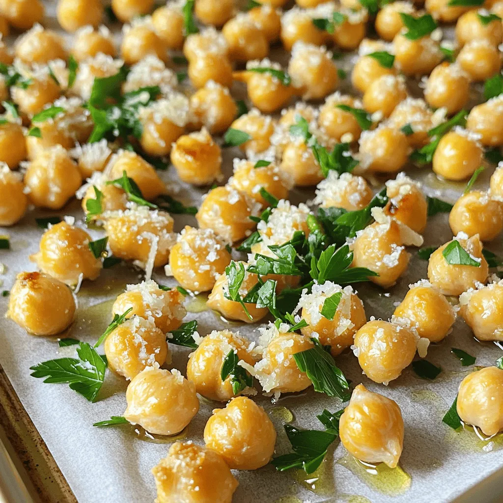 - 1 can (15 oz) chickpeas - 2 tablespoons olive oil - 4 cloves garlic, minced - 1/4 cup grated Parmesan cheese - 1 teaspoon Italian seasoning - 1/2 teaspoon paprika - 1/4 teaspoon cayenne pepper (optional) - Salt to taste - Fresh parsley, chopped I love making Garlic Parmesan Roasted Chickpeas because they are easy and fun. The main ingredients are simple. You just need one can of chickpeas. Make sure to rinse them well to remove any salt. Olive oil adds a nice richness. Minced garlic gives a strong flavor that meshes beautifully with the cheese. Speaking of cheese, grated Parmesan is key for that savory kick. For seasoning, I use Italian seasoning, paprika, and cayenne for a bit of heat. Feel free to skip the cayenne if you want a milder snack. Don't forget to sprinkle salt to taste. This will balance all the flavors nicely. Garnishing with fresh parsley adds color and freshness. It makes your dish look and taste even better. Each item adds a layer of flavor. Together, they create a crispy treat that is hard to resist. 1. First, preheat your oven to 400°F (200°C) and line a baking sheet with parchment paper. This helps with easy cleanup later. 2. Next, take your can of chickpeas and drain them. Rinse them under cold water. After rinsing, pat the chickpeas dry with a clean towel. This step is key to getting crispy chickpeas. 1. In a mixing bowl, add the dried chickpeas. Pour in the olive oil and toss them gently. 2. Now, add minced garlic, Italian seasoning, paprika, cayenne pepper (if using), and salt. Mix well until the chickpeas are coated evenly with all the spices. 1. Spread the chickpeas out in a single layer on the prepared baking sheet. Make sure they have space between them for air to circulate. 2. Place the baking sheet in the preheated oven. Roast the chickpeas for 25-30 minutes. Halfway through, shake the pan to help them cook evenly. Check them closely near the end to avoid burning. 3. Once done, remove them from the oven. Immediately sprinkle grated Parmesan cheese over the hot chickpeas. Toss them gently so the cheese sticks well. 4. Let the chickpeas cool for about 5 minutes. This is when they will crisp up even more. 5. Finally, garnish with chopped fresh parsley for color and an extra flavor boost before serving. To get that perfect crunch, start by drying the chickpeas well. After you rinse them, use a clean towel to pat them dry. This helps remove excess moisture, letting them roast better. For doneness, check the color and crunch. They should be golden brown and crispy. If they feel soft, roast them a bit longer. You can spice things up with more than just garlic and Parmesan. Consider adding spices like cumin, or smoked paprika for a deeper flavor. You can also experiment with different cheeses. Try cheddar or nutritional yeast for a dairy-free version. Each option adds a unique taste to your snack. These chickpeas make a great snack alone, but you can pair them with dips like hummus or yogurt sauce. They also work well on salads. Just sprinkle them on top for a tasty crunch. Their savory flavor elevates any dish, making it more fun to eat. {{image_2}} You can make your Garlic Parmesan Roasted Chickpeas spicy. To do this, add more cayenne pepper. You can also mix in your favorite hot sauce. A dash of sriracha or buffalo sauce gives a nice kick. Adjust the heat to your taste. You control how spicy you want it! Fresh herbs can change the taste of your chickpeas. Try adding chopped rosemary or thyme. These herbs bring a fresh flavor that pairs well with garlic. If you want a quicker option, use dried herbs. Dried basil or oregano also works well. The key is to find what you love! If you want to switch up the cheese, go for it! Try using pecorino Romano for a sharper taste. For a fun twist, mix in some feta cheese for a tangy flavor. If you need a vegan option, use nutritional yeast. It gives a cheesy taste without dairy. You have many choices! To keep your roasted chickpeas fresh, store them in an airtight container. Place the container in the fridge to maintain their crispness. They will stay good for about 3 days. When you are ready to snack, check if they are still crunchy. If they have lost some crispness, you can reheat them. If you want to save chickpeas for longer, freezing is a great option. First, let them cool completely. Then, place them in a freezer-safe bag. Squeeze out all the air before sealing. They can last up to 3 months in the freezer. When you are ready to eat them, simply thaw them in the fridge. To reheat, spread them on a baking sheet and bake at 400°F (200°C) for about 10 minutes. Chickpeas stored in the fridge can last up to 3 days. If they start to smell bad or feel sticky, it’s time to toss them. Always trust your senses; if they look or smell off, don't eat them. To make your chickpeas crispy, start by drying them well. After rinsing, use a clean towel to pat them dry. Moisture is the enemy of crispiness. Next, coat them evenly with olive oil and spices. Spread them out on the baking sheet, leaving space between each chickpea. This helps air circulate. Roast them at 400°F (200°C) for 25-30 minutes. Shake the pan halfway through to ensure they cook evenly. Keep an eye on them towards the end to avoid burning. Yes, you can use dried chickpeas, but they need more time. First, soak the dried chickpeas overnight. This makes them tender. Then, cook them until soft before roasting. You will need to adjust the cooking time for the chickpeas to get them crispy. Dried chickpeas can offer a firmer texture but require more prep work. These roasted chickpeas make a great snack on their own. They also pair well with dips like hummus or yogurt sauce. You can sprinkle them on salads for extra crunch. They work as a topping for soups or grain bowls too. Their flavor adds a nice touch to many meals. Enjoy experimenting with different pairings! Garlic Parmesan roasted chickpeas are easy and tasty. We discussed ingredients, preparation steps, and tips to enhance crispiness. You can enjoy them as a snack or add them to salads. Experiment with spices and cheeses to cater to your taste. With proper storage, they can last and stay fresh. Try making these simple roasted chickpeas today, and don’t hesitate to explore your own flavors and variations. This dish could become a new favorite!