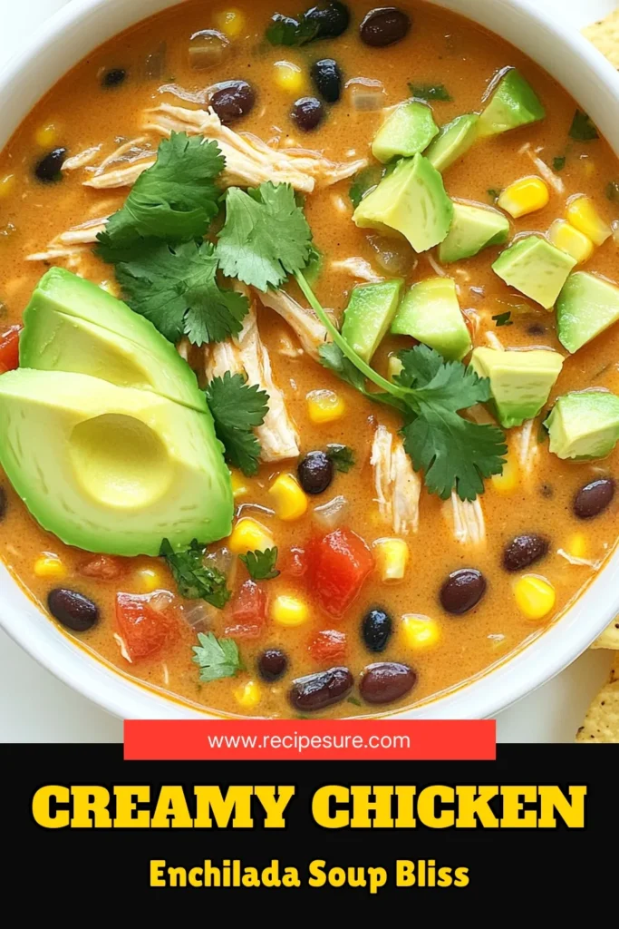 Savor the delicious flavors of Slow Cooker Creamy Chicken Enchilada Soup with this easy recipe! Perfect for cozy dinners, this soup combines tender chicken, black beans, and a rich creamy sauce, topped with fresh cilantro and avocado. Discover the joy of effortless cooking with your slow cooker. Don't miss out—click to explore this recipe and make your mealtime special! #SlowCookerRecipes #ChickenEnchiladaSoup #ComfortFood #EasyRecipes