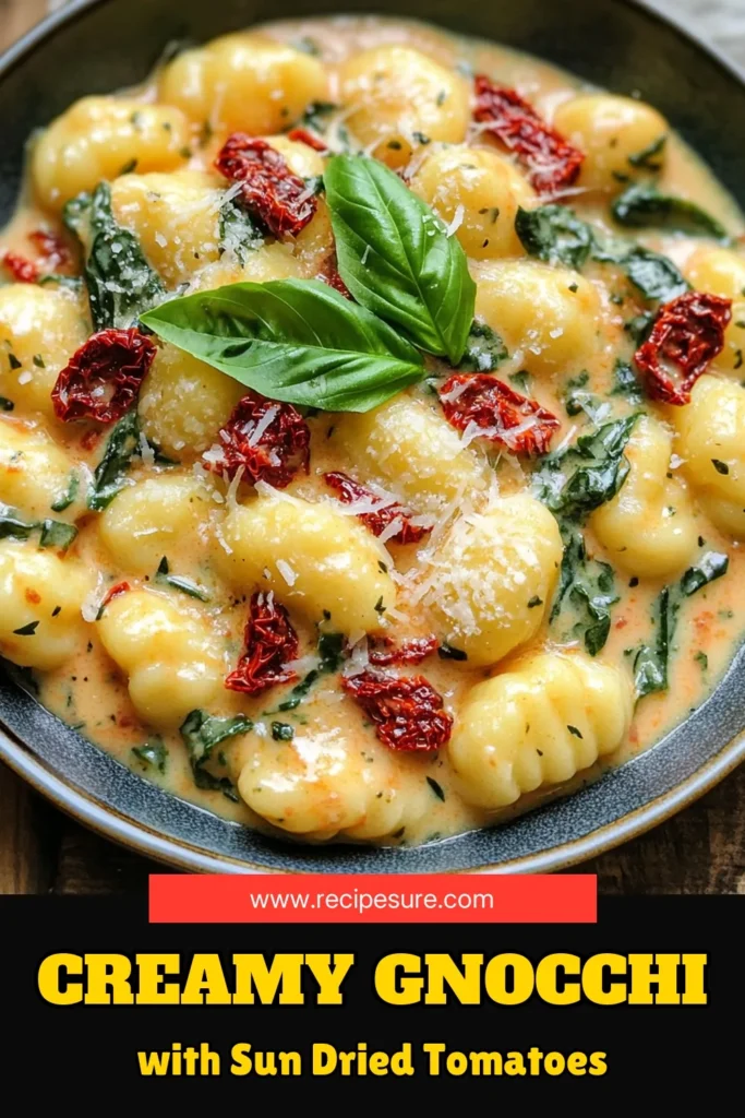 Indulge in a delicious dinner with this creamy sun dried tomato gnocchi recipe! In just 20 minutes, you can create a rich and flavorful dish featuring tender gnocchi, sun-dried tomatoes, fresh spinach, and a heavenly creamy sauce. Perfect for a weeknight meal, this recipe is sure to impress. Click through to explore the step-by-step instructions and elevate your cooking tonight! #Gnocchi #PastaRecipes #DinnerIdeas #CreamySauce