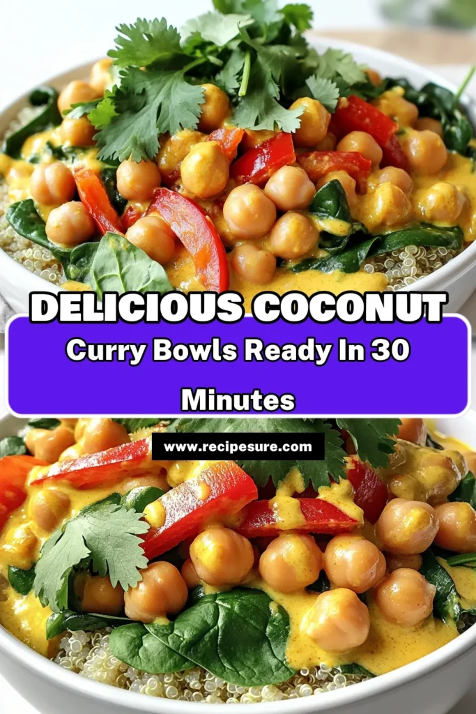 Discover the deliciousness of Coconut Curry Chickpea Bowls with this simple recipe! Packed with flavor from red curry paste, creamy coconut milk, and protein-rich chickpeas, this dish is perfect for a healthy meal. In just 30 minutes, you can whip up a vibrant, nourishing bowl topped with fresh spinach and cilantro. Ready to impress your taste buds? Click through to explore the full recipe now! #CoconutCurry #Chickpeas #HealthyEating #PlantBasedCooking