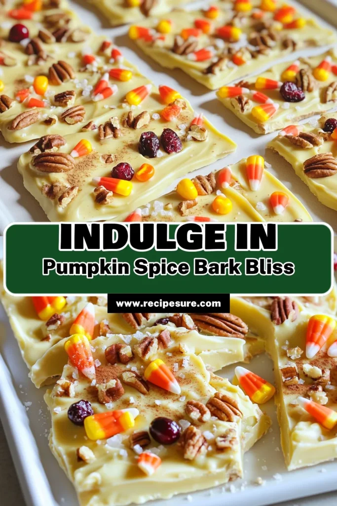 Indulge in the delightful flavors of fall with this easy Pumpkin Spice White Chocolate Bark recipe! Perfect for parties or a cozy night in, this sweet treat combines creamy white chocolate, pumpkin pie spice, and festive toppings like candy corn and dried cranberries. Just 15 minutes of prep for a delicious dessert that's sure to impress. Click through for the full recipe and get ready to savor every bite! #PumpkinSpice #DessertRecipes #FallTreats #ChocolateBark