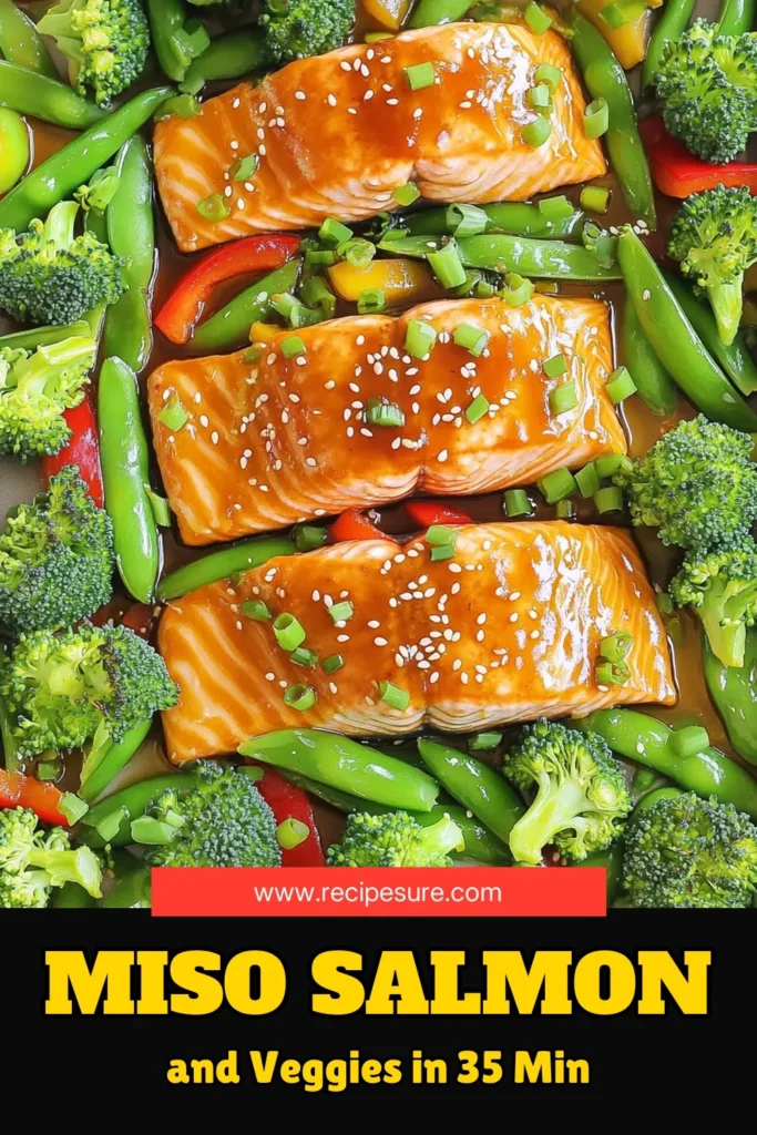 Whip up a delicious and healthy dinner with this Sheet-Pan Miso Glazed Salmon and Veggies recipe! In just 35 minutes, enjoy succulent salmon fillets marinated in a savory miso blend, accompanied by vibrant broccoli, snap peas, and bell peppers. Perfect for busy weeknights, this dish is easy to make and packed with flavor. Click through for the full recipe and elevate your dinner game tonight! #SheetPanMeals #SalmonRecipe #HealthyEating #QuickDinners
