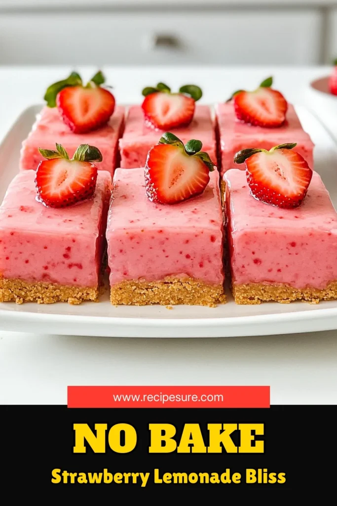 Indulge in a refreshing summer treat with these No Bake Strawberry Lemonade Bars! Perfectly creamy, tangy, and sweet, they come together quickly with simple ingredients like fresh strawberries and zesty lemon. Ideal for any occasion, these bars are a breeze to make and will impress your friends and family. Click through for the full recipe and enjoy a delightful dessert that’s both easy and delicious! #NoBakeRecipes #StrawberryLemonade #SummerDesserts #YummyTreats