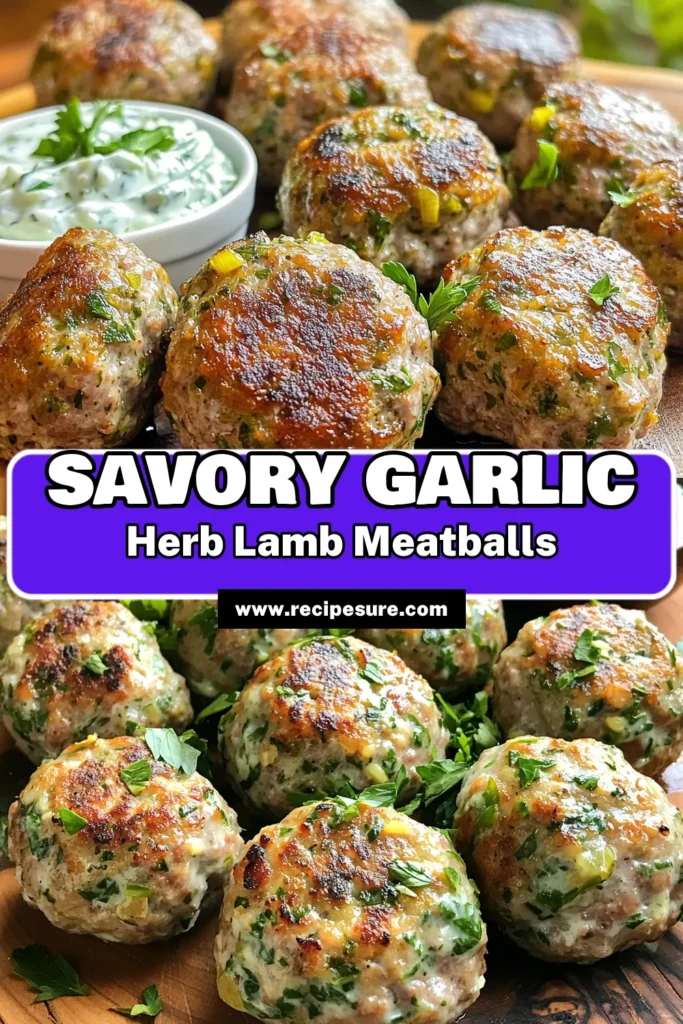 Discover the mouthwatering flavors of Savory Garlic Herb Lamb Meatballs! This easy recipe combines ground lamb with garlic, fresh herbs, and spices to create tender meatballs bursting with flavor. Perfect for a cozy dinner or a fun appetizer, these meatballs are sure to impress. Get the full recipe and elevate your cooking today! Click through now to explore and enjoy! #LambMeatballs #RecipeIdeas #CookingMadeEasy #HealthyEats