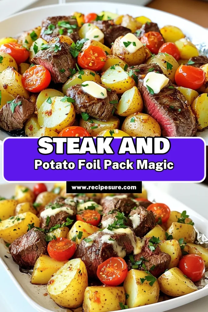 Indulge in the savory delight of Garlic Butter Steak & Potato Foil Packs! This easy recipe combines tender flank steak, buttery garlic potatoes, and fresh cherry tomatoes all cooked to perfection in foil. Perfect for grilling lovers, it’s a fuss-free meal ideal for summer nights. Don't miss out on this flavorful dish—click through for the full recipe and enjoy a delicious dinner experience! #SteakDinner #FoilPackRecipes #GrillingRecipes #EasyDinnerIdeas
