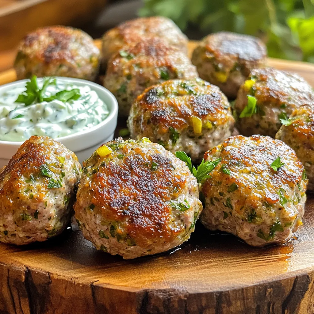 To make these tasty lamb meatballs, you need the right ingredients. Here’s what you will need: - 1 pound ground lamb - 3 cloves garlic, minced - 1/4 cup fresh parsley, finely chopped - 1/4 cup fresh mint, finely chopped - 1 teaspoon dried oregano - 1 teaspoon cumin - 1/2 teaspoon red pepper flakes (optional) - 1/2 teaspoon salt - 1/4 teaspoon black pepper - 1 large egg - 1/2 cup breadcrumbs (preferably whole wheat) - 2 tablespoons olive oil (for cooking) These ingredients create a rich and savory flavor in the meatballs. The ground lamb gives a nice, juicy texture. Fresh herbs like parsley and mint add brightness and aroma. Want to kick up the flavor a notch? You can add some optional ingredients: - 1/2 teaspoon garlic powder - 1 tablespoon lemon zest - 1 tablespoon grated Parmesan cheese Garlic powder can deepen the garlic taste. Lemon zest adds a fresh zing, while Parmesan brings a savory note. If you want a lighter twist, consider these alternatives: - Use ground turkey or chicken instead of lamb. - Swap breadcrumbs for rolled oats. - Use Greek yogurt in place of the egg. These swaps keep the meatballs tasty but lower in fat and calories. They also help you stick to your health goals while enjoying a delicious meal. To start, grab a large mixing bowl. Add 1 pound of ground lamb. Next, toss in 3 cloves of minced garlic. This adds a strong, savory flavor. Then, add 1/4 cup of finely chopped fresh parsley and 1/4 cup of fresh mint. These herbs give a fresh taste. Next, sprinkle in 1 teaspoon of dried oregano and 1 teaspoon of cumin. If you like some heat, add 1/2 teaspoon of red pepper flakes. Now, add 1/2 teaspoon of salt and 1/4 teaspoon of black pepper. This will season your meatballs well. Finally, crack 1 large egg into the bowl and mix in 1/2 cup of whole wheat breadcrumbs. Use your hands to blend everything until it’s smooth. Once your mixture is ready, it’s time to form the meatballs. Scoop a small amount and roll it into a ball about 1 inch wide. You should make around 20 meatballs. Heat 2 tablespoons of olive oil in a large skillet over medium heat. When the oil is hot, add the meatballs in batches. Don’t crowd the pan or they won’t brown well. Cook them for 5-7 minutes. Turn them often so they brown on all sides. Make sure the internal temperature reaches 160°F (70°C). This means they are cooked through. When done, place the meatballs on a plate lined with paper towels to soak up any extra oil. For the best texture, don’t overmix the meatball mixture. This helps keep them tender. Use fresh herbs for a brighter flavor. If you want more flavor, let the meatball mixture sit for 10-15 minutes before cooking. This allows the herbs to blend nicely. If you prefer a crispier outside, increase the heat slightly when cooking. Just watch them closely to avoid burning. Lastly, serve your meatballs warm. Garnish them with extra herbs for a nice touch. Enjoy them alone or with tzatziki sauce for dipping. To get meatballs that are golden and tasty, heat your pan well. Use medium heat and add olive oil. This oil helps create a nice crust. Place the meatballs in the pan without crowding them. Leave space so they can brown evenly. Turn them gently every few minutes. This way, they won’t fall apart. Look for a nice brown color all over. This adds flavor and makes them look great. After cooking, let your meatballs cool on a paper towel. This step helps absorb extra oil. If you have leftovers, you can store them in an airtight container. Keep them in the fridge for up to three days. When you're ready to eat, reheat them gently. You can use the microwave or a skillet. If using a skillet, add a little water to keep them moist. Heat until warm, but don’t overcook. You want them juicy and tender. Garlic herb lamb meatballs are versatile. You can serve them in many ways. Try them with tzatziki sauce for a fresh taste. They also go well with pita bread. For a complete meal, pair them with a salad or rice. You can even add them to pasta dishes. Feel free to sprinkle more fresh herbs on top for color. Enjoying them with friends makes them even better! {{image_2}} If you want a kick, add more heat. Mix in extra red pepper flakes. You can also use fresh jalapeños. Finely chop them and add to the meat mixture. This change brings a whole new flavor. Your meatballs will be spicy and fun! You can switch up the herbs too. Try using fresh basil or cilantro. Both give a bright taste. If you want a more earthy flavor, rosemary works well too. You can also play with spices. Smoked paprika or coriander can add depth to the meatballs. Explore different combinations until you find your favorite! Get creative with how you serve your meatballs. You can make skewers for a fun twist. Just thread the meatballs onto skewers and grill them. For a tasty snack, make sliders. Use small buns and add your favorite toppings. Serve them with tzatziki sauce for a fresh dip. You can also place the meatballs in a rich tomato sauce for a comforting meal. Each serving style brings a new experience! After enjoying your garlic herb lamb meatballs, store any leftovers right away. Place them in an airtight container. Make sure they cool down first, to keep them fresh. You can store them in the fridge for up to three days. Enjoy them later by adding them to pasta or a salad. Freezing meatballs is easy and smart! To freeze, first let the cooked meatballs cool completely. Then, lay them out on a baking sheet. Freeze them for about an hour. After that, transfer them to a freezer bag. They can last for up to three months in the freezer. When you crave them, just pull out what you need. Reheating your meatballs can be fun! For the best taste, use the oven. Preheat it to 350°F (175°C). Place the meatballs on a baking sheet. Heat them for about 10-15 minutes. You can also reheat them in a skillet with a bit of olive oil. Just heat them on medium until warm. Enjoy the flavors that bring them back to life! You can use ground beef, turkey, or chicken. Each option changes the taste slightly. Ground beef gives a rich flavor. Turkey and chicken are leaner and lighter. Choose what you enjoy most. Adjust spices to match your meat choice. Check the meatballs' internal temperature. It should reach 160°F or 70°C. You can use a meat thermometer for this. If you cut a meatball in half, it should be no longer pink inside. The juices should run clear. Yes, you can make them ahead. Form the meatballs and store them in the fridge for up to 24 hours. You can also freeze them for longer storage. Just thaw before cooking. This saves time and makes meal prep easy. In this blog post, we explored how to make delicious garlic herb lamb meatballs. I shared ingredients, including key and optional flavors, to enhance your dish. I provided clear steps for mixing, forming, and cooking the meatballs, plus tips for perfect texture. We also discussed cooking tricks, variations for spice lovers, and storage advice to keep leftovers fresh. Enjoy trying new flavors and techniques. Cooking should be fun and rewarding. Dive into this meal and impress your family and friends!