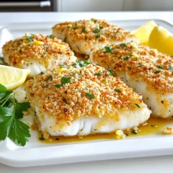 - 4 cod fillets (about 6 oz each) - 1 cup panko breadcrumbs - 1/2 cup grated Parmesan cheese - 2 tablespoons olive oil - 2 cloves garlic, minced The main ingredients create a tasty base for our dish. Cod fillets, mild and flaky, work perfectly here. Panko breadcrumbs add a crunch, while Parmesan gives a rich flavor. Olive oil and garlic ensure everything is well-seasoned and aromatic. - 1 teaspoon lemon zest - 1 teaspoon dried oregano - 1/2 teaspoon paprika - Salt and pepper to taste Seasoning is key to making this dish shine. Lemon zest adds brightness, while oregano brings depth. Paprika gives a hint of warmth. Salt and pepper balance all the flavors. - Fresh parsley, chopped (for garnish) - Lemon wedges (for serving) Garnish makes a meal look and taste better. Fresh parsley adds color and freshness. Serve with lemon wedges for a zesty kick. Pair this cod with sides like roasted veggies or rice for a complete meal. First, I preheat the oven to 400°F (200°C). This temperature helps the cod cook evenly and get crispy. Next, I line a large sheet pan with parchment paper. This makes cleanup easy and keeps the cod from sticking. In a bowl, I mix the breadcrumb topping. I add 1 cup of panko breadcrumbs and 1/2 cup of grated Parmesan cheese. Then, I pour in 2 tablespoons of olive oil along with 2 cloves of minced garlic. I also include 1 teaspoon of lemon zest, 1 teaspoon of dried oregano, and 1/2 teaspoon of paprika. Lastly, I add salt and pepper to taste. I mix everything well. The breadcrumbs should look coated and ready to go. Now, I place the cod fillets on the prepared sheet pan. Each fillet weighs about 6 ounces. I season them with salt and pepper. Then, I press the breadcrumb mixture on top of each fillet. I make sure each one is covered evenly. I bake the cod in the preheated oven for 12-15 minutes. The fish is done when it flakes easily with a fork, and the topping is golden brown and crispy. After baking, I remove the cod from the oven. I let it rest for a couple of minutes. This helps the juices settle and keeps the fish moist. Before serving, I garnish the cod with freshly chopped parsley. I also add lemon wedges on the side. The lemon adds a bright flavor that makes each bite even better. To get that perfect crispy crust, use panko breadcrumbs. They are lighter and crunchier than regular breadcrumbs. You want to coat them in olive oil for the best texture. Use just enough oil to make them glisten, but do not drown them. Olive oil helps brown the crust and adds flavor. One mistake is over or under-seasoning your cod. Too much salt can ruin the dish, while too little leaves it bland. Always taste the topping mix before using it. Another mistake is miscalculating cooking time. Cod cooks fast, so check it at 12 minutes. It should flake easily when done. Use a heavy-duty baking sheet for the best results. It helps distribute heat evenly. A non-stick sheet pan is great for easy cleanup, too. For tools, a sturdy spatula is a must for serving. A microplane zester makes adding lemon zest quick and easy. {{image_2}} You can try other fish if you want. Tilapia or haddock work great. These fish have similar textures and flavors. You can also use salmon for a richer taste. If you need a gluten-free option, swap panko with crushed cornflakes or gluten-free breadcrumbs. Both give a nice crunch. Just make sure to adjust the seasoning to match your choice. Adding spices or herbs brings more life to your dish. Consider using fresh dill or basil for a fresh twist. You can also try a pinch of cayenne for heat or smoked paprika for a deeper flavor. For garnishing, fresh lemon zest adds brightness. You can also sprinkle feta cheese for a salty kick. Chopped olives can add a Mediterranean flair, too. Pair this cod with simple sides like steamed broccoli or roasted potatoes. A fresh salad with mixed greens and a light vinaigrette complements it well. You can turn this dish into a salad or bowl. Just flake the cod and toss it with greens, cherry tomatoes, and avocado. Drizzle with a lemon olive oil dressing for a refreshing meal. To store leftovers, let the cod cool down first. Place the leftover cod in an airtight container. This keeps it fresh and tasty. You can store it in the fridge for up to three days. After that, the fish may lose its flavor and texture. When reheating, the oven is your best friend. Preheat it to 350°F (175°C). Place the cod on a baking sheet. Cover it loosely with foil to keep moisture in. Bake for about 10 minutes. This method helps keep the crust crispy. You can also use an air fryer. It reheats quickly and helps maintain that crunch. To freeze the cod, wrap each piece in plastic wrap. Then place them in a freezer-safe bag. This helps prevent freezer burn. You can freeze the dish for up to three months. When you want to eat it, take it out the night before. Let it thaw in the fridge. For reheating, follow the same oven or air fryer method. This keeps the fish flavorful and crispy. To make a crispy cod crust, use panko breadcrumbs. They give a great crunch. You can also try these tips: - Add more olive oil: This helps the crust brown better. - Broil at the end: Broil for 1-2 minutes after baking to get extra crispiness. - Use a wire rack: Place the cod on a wire rack on the sheet pan. This allows air to circulate and keeps the bottom from getting soggy. Yes, you can use frozen cod fillets. Here’s how to cook them from frozen: - Do not thaw: Cook them straight from the freezer for the best texture. - Increase cooking time: Bake for about 18-20 minutes instead of 12-15 minutes. - Check for doneness: Cod is done when it flakes easily with a fork. Pair your cod with these popular side dishes: - Roasted vegetables: Carrots, asparagus, or broccoli work well. - Rice or quinoa: These add a nice base to your meal. - Salad: A fresh green salad with lemon vinaigrette complements the fish. - Potatoes: Mashed or roasted potatoes are great options too. These sides will enhance your meal and make it even more delightful. Enjoy your cooking! In this blog post, we covered how to make delicious Sheet-Pan Parmesan Crusted Cod. You learned about the key ingredients, like cod fillets, panko breadcrumbs, and seasonings. We shared step-by-step cooking instructions and tips for a crispy crust. You also discovered ways to store leftovers and reheat them perfectly. Cooking can be fun and easy. With these tips, enjoy your tasty dish!