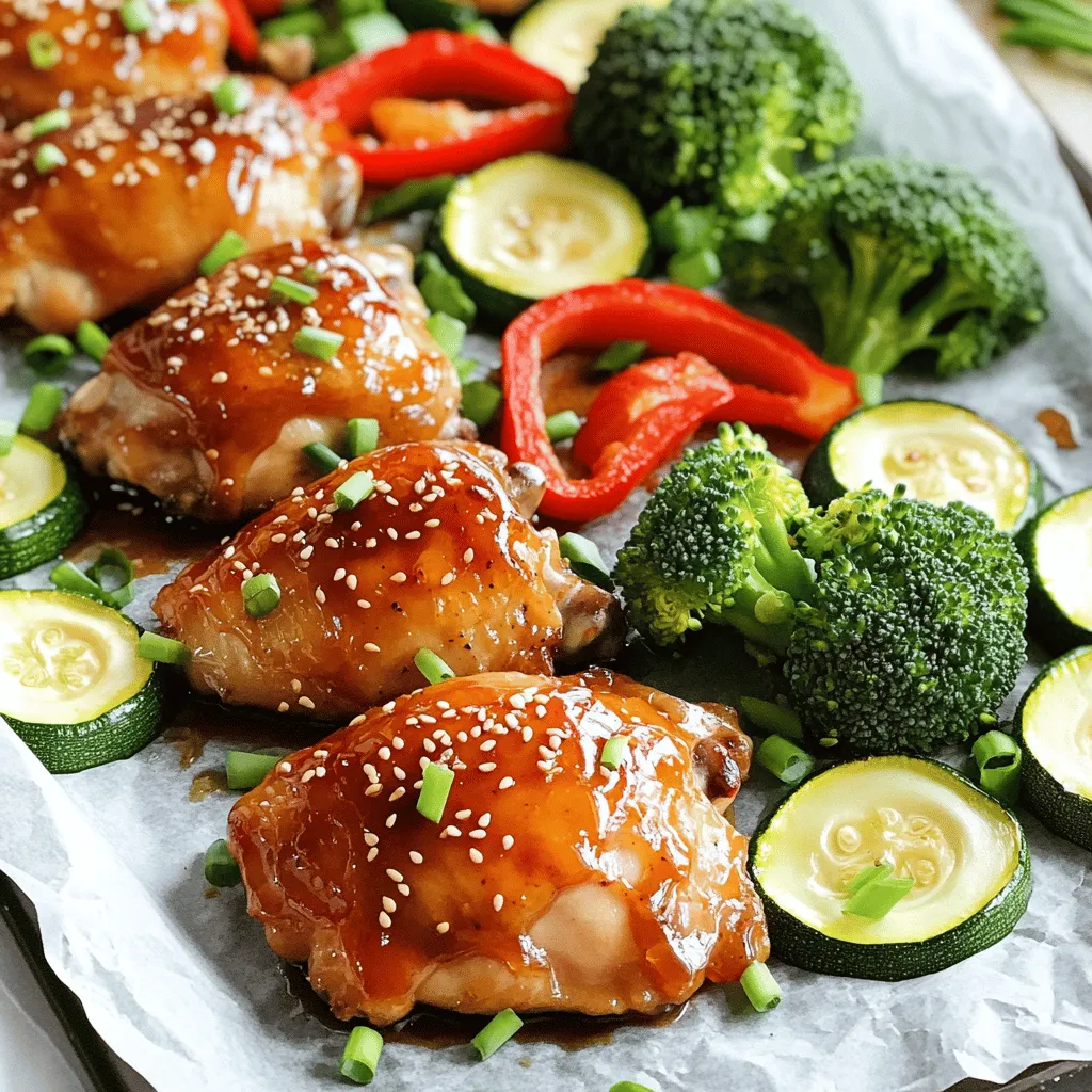 - 1.5 lbs boneless, skinless chicken thighs - 2 tablespoons honey - 2 tablespoons Sriracha sauce - 1 tablespoon soy sauce - 1 tablespoon olive oil - 1 teaspoon garlic powder - 1 teaspoon ground ginger - 1 teaspoon sesame oil - 1 red bell pepper, sliced - 1 zucchini, sliced - 1 cup broccoli florets - Salt and pepper to taste - Sesame seeds for garnish - Chopped green onions for garnish The main ingredients create a perfect blend of flavors. Chicken thighs give a juicy texture. Honey adds sweetness, while Sriracha brings the heat. Soy sauce adds depth. Olive oil helps in cooking and enhances flavor. Garlic powder and ginger give a lovely warm taste. The veggies add color and nutrients. You can add a squeeze of lime for a fresh twist. A pinch of red pepper flakes boosts heat. Fresh herbs like cilantro or basil add brightness. If you want more crunch, try adding nuts like cashews or peanuts. One serving has about 350 calories. It provides 25g of protein, 15g of fat, and 30g of carbs. This dish is low in sugar, thanks to honey. It also offers vitamins and fiber from the veggies. Enjoy this balanced meal while feeling good about your choices. First, you need to preheat your oven. Set it to 425°F (220°C). While the oven warms up, grab a large baking sheet. Line it with parchment paper. This makes cleanup much easier later. Next, it’s time to marinate the chicken. In a large bowl, mix together 2 tablespoons of honey, 2 tablespoons of Sriracha, 1 tablespoon of soy sauce, and 1 tablespoon of olive oil. Add 1 teaspoon of garlic powder, 1 teaspoon of ground ginger, and 1 teaspoon of sesame oil. Whisk everything well. Now, add the 1.5 lbs of boneless, skinless chicken thighs. Toss the chicken until it is fully coated with the marinade. Let it sit for at least 15 minutes. This helps the flavors soak in. While the chicken marinates, you can prepare the vegetables. Take another bowl and toss the sliced red bell pepper, zucchini, and broccoli florets. Drizzle with some olive oil and season with salt and pepper. Make sure all the veggies are well coated. This adds nice flavor and helps them roast better. Now, it’s time to arrange everything on the baking sheet. Place the marinated chicken in the center of the sheet. Spread the veggies around the chicken. This allows them to cook evenly. Bake everything in the preheated oven for about 25-30 minutes. Check that the chicken reaches an internal temperature of 165°F (75°C) and the veggies are tender. If you want a little extra char on your dish, you can broil it. After baking, set your oven to broil for 2-3 minutes. Keep an eye on it, so it doesn’t burn. This step adds a nice crisp to the chicken and veggies. Now, you’re ready to enjoy your delicious Sheet-Pan Honey Sriracha Chicken Veggies! To get the best flavor from your marinade, let the chicken sit. Marinate the chicken thighs for at least 15 minutes. For even more flavor, let it sit for 30 minutes. You can also marinate overnight in the fridge. This gives the chicken time to soak up the honey and Sriracha mix. Remember to flip the chicken halfway through marinating for even coverage. You can mix and match veggies for this dish. I love using red bell pepper, zucchini, and broccoli. They add great color and taste. Other good options include carrots, snap peas, and asparagus. Just cut them into similar sizes for even cooking. Toss them in olive oil, salt, and pepper for extra flavor. Using parchment paper is a game changer. It makes cleanup a breeze. You can also use a large mixing bowl for marinating. A sharp knife and cutting board help with chopping veggies. If you have a meat thermometer, use it to check chicken doneness. This ensures your chicken cooks perfectly every time. {{image_2}} You can change up the heat with different sauces. Try using chili garlic sauce for a garlicky kick. If you want a sweet heat, go for a sweet chili sauce. For a smoky flavor, smoked chipotle sauce works great. Each sauce brings its own twist, so feel free to experiment. Seasonal veggies can bring new life to this dish. Swap broccoli for Brussels sprouts in the fall. In the summer, use fresh corn or cherry tomatoes for a sweet bite. Winter root veggies like carrots or sweet potatoes also work well. Just remember, use what’s fresh and in season for the best taste. Not a fan of chicken? You can use shrimp or salmon instead. Both cook quickly and soak up the marinade well. For a vegetarian option, try firm tofu or tempeh. Just make sure to press out the moisture for better flavor. Each protein option can give this dish a new twist, fitting different diets and tastes. After you enjoy your meal, let the leftovers cool. Place the chicken and veggies in an airtight container. Store them in the fridge for up to three days. If you want to keep them longer, consider freezing. To reheat, use an oven or toaster oven for the best results. Preheat the oven to 350°F (175°C). Place the chicken and veggies on a baking sheet. Cover them with foil to keep moisture in. Heat for about 15-20 minutes. This keeps the chicken juicy and the veggies tender. You can freeze the leftovers if you have extra. First, let the food cool completely. Then, pack it in freezer-safe bags or containers. Remove as much air as possible to prevent freezer burn. It can last for up to three months in the freezer. To use, thaw in the fridge overnight before reheating. Yes, you can use chicken breasts. They will cook faster than thighs. Adjust the baking time to about 20-25 minutes. Make sure the chicken is juicy and cooked to 165°F. You can serve this dish with rice or quinoa. A fresh salad works well, too. You might also enjoy it with crusty bread to soak up the sauce. To make it gluten-free, use tamari instead of soy sauce. Most brands are gluten-free. Check the labels to be sure. Yes, you can prep the chicken and veggies ahead. Marinate the chicken and chop the veggies the night before. Store them in the fridge until ready to bake. This blog covers key ingredients and step-by-step instructions for Sheet-Pan Honey Sriracha Chicken. It offers tips for great flavor, variations for different tastes, and storage advice for leftovers. You can choose from various proteins and vegetables to make it your own. In summary, this dish is simple and fun to make. Enjoy a tasty meal that suits your needs and preferences, while making clean-up easy. Happy cooking!