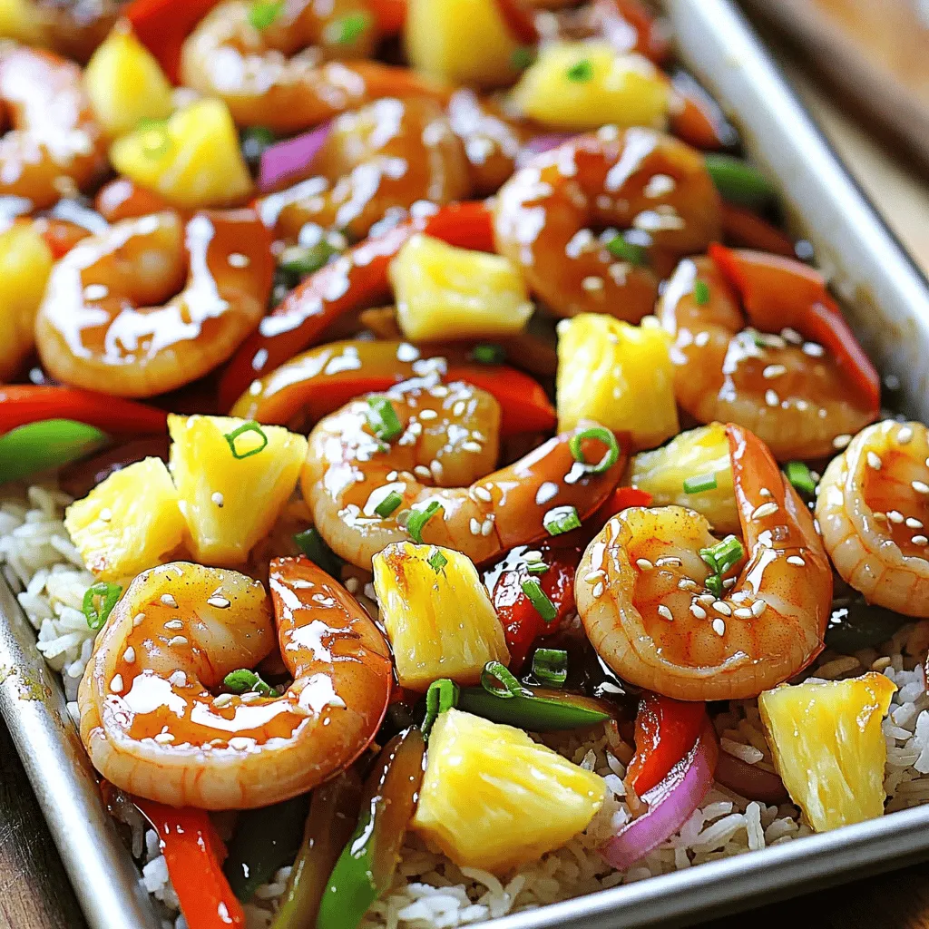 For this dish, you need: - 1 pound large shrimp, peeled and deveined - 1 cup fresh pineapple, diced - 1 red bell pepper, chopped - 1 green bell pepper, chopped - 1 medium red onion, sliced These fresh ingredients bring bright flavors and textures. Shrimp cooks quickly and pairs well with sweet pineapple. The bell peppers add crunch and color, while the onion gives depth. The key flavors come from: - 1/4 cup teriyaki sauce - 1 tablespoon olive oil - 1 teaspoon garlic powder - 1 teaspoon ground ginger - 1/4 teaspoon crushed red pepper flakes (optional) - Salt and pepper, to taste Teriyaki sauce adds a sweet and savory taste. Olive oil helps the shrimp and veggies cook well. Garlic and ginger provide aromatic notes. Use crushed red pepper for heat if you like spice. You can serve this dish with: - Cooked jasmine rice or quinoa - Chopped green onions and sesame seeds for garnishing The rice or quinoa acts as a base and absorbs the flavors. Green onions and sesame seeds add a nice crunch and visual appeal. This dish looks great and tastes even better! - Preheat your oven to 400°F (200°C). This step is key. A hot oven helps cook the shrimp and veggies evenly. - In a large bowl, combine the shrimp, diced pineapple, red bell pepper, green bell pepper, and red onion. Mix them well so every piece gets flavor. - Drizzle the olive oil and teriyaki sauce over the mixture. Add garlic powder, ground ginger, crushed red pepper flakes, salt, and pepper. Toss everything together until the shrimp and veggies are fully coated. - Next, spread the mixture on a large sheet pan. Make sure it is in a single layer. This helps everything cook well without steaming. - Bake in the preheated oven for about 12-15 minutes. The shrimp should turn pink and be cooked through. The veggies need to be tender but still bright. - Let the dish cool for a minute after baking. This helps avoid burns and makes it easier to eat. - Serve the shrimp and veggie mixture over a bed of cooked jasmine rice or quinoa in bowls. - Garnish with chopped green onions and sesame seeds. This adds a fresh crunch and makes your dish look nice. - Ensuring even cooking: Spread the shrimp and veggies in a single layer. This helps them cook evenly. Make sure not to overcrowd the pan. If you need, use two pans. Turn the pan halfway through cooking for best results. - Choosing the right pan: Use a large, rimmed sheet pan. This gives you space to spread out the ingredients. A darker pan will brown your shrimp and veggies better than a light one. - Alternatives for shrimp: You can use chicken or firm tofu if you want. Both options work well with the teriyaki flavor. Just make sure to adjust the cooking time. - Vegetables you can swap: Feel free to use broccoli, zucchini, or carrots. These veggies add color and flavor. Just cut them into uniform sizes for even cooking. - Additions for a spicy kick: If you like heat, add jalapeños or more crushed red pepper flakes. You can also drizzle sriracha over the finished bowls for extra spice. - Sweet and savory adjustments: For a sweeter touch, add a bit of honey or brown sugar to the teriyaki sauce. You can also mix in some soy sauce for a deeper flavor. Adjust to your taste! {{image_2}} Do you want to try different flavors? You can swap teriyaki sauce for soy sauce or sweet chili sauce. Both add a fun twist. If you want a sweeter taste, use honey or maple syrup mixed with soy sauce. Want to change the protein? You can use chicken or tofu instead of shrimp. If you pick chicken, cut it into small pieces. For tofu, press it to remove excess water and cube it. Both options work well with the same spices and sauce. If you need a gluten-free dish, choose a gluten-free teriyaki sauce. Many brands offer this option. You can also serve your dish over brown rice or cauliflower rice for a healthy twist. Going vegan? Use tofu or tempeh as your protein. Both soak up flavors and add great texture. You can keep the veggies and sauce the same for a delightful meal. Want to change how you serve this dish? Try using lettuce wraps instead of bowls. Just scoop the shrimp and veggies into large lettuce leaves and roll them up. This makes for a fun, hands-on meal. You can also customize your bowl! Add your favorite toppings, like avocado, shredded carrots, or even pickled ginger. Each bowl can be unique and reflect your taste. Enjoy experimenting! To keep your Sheet-Pan Teriyaki Shrimp Pineapple Bowls fresh, store any leftovers in the fridge. Place them in an airtight container. They can last for up to three days. For longer storage, freezing is a great option. Use a freezer-safe container or zip-top bag. Remove as much air as possible before sealing. This helps prevent freezer burn. You can freeze them for up to three months. When reheating, aim for the best texture. I suggest using an oven or stovetop. For the oven, preheat to 350°F (175°C). Spread the shrimp and veggies on a baking sheet. Heat for about 10 minutes. If you prefer the stovetop, use a non-stick pan over medium heat. Add a splash of water for moisture. Cook for about 5 minutes until warm. Avoid overcooking, as shrimp can become tough. To make this dish ahead of time, prep the ingredients in advance. Chop the veggies and store them in the fridge. You can also marinate the shrimp with the teriyaki sauce the night before. For meal prep containers, layer cooked jasmine rice or quinoa on the bottom. Add the shrimp and vegetable mix on top. This keeps everything fresh and ready to go. You can make enough for the week! You can use several seafood options if you want to swap shrimp. Try scallops or firm fish like salmon. Both will work well with the teriyaki sauce and veggies. If you prefer a vegetarian option, consider using tofu or tempeh. Both options absorb flavors nicely. You could also use chickpeas for a protein-packed dish. Just make sure to adjust cooking times for these alternatives. Yes, you can make this dish ahead of time. It’s great for meal prep. Cook the shrimp and veggies, then let them cool. Store them in airtight containers in the fridge for up to three days. To reheat, simply put it in the oven or microwave. Make sure to check the shrimp closely. You want to heat it until warm, but not overcook it. This keeps the shrimp tender. Perfectly cooked shrimp should be pink and opaque. It should curl into a C shape, which shows it is done. If it curls into an O shape, it might be overcooked. Common mistakes include cooking shrimp for too long. Keep an eye on the time. Even a minute too long can make shrimp rubbery. Enjoy your cooking! This guide covered delicious shrimp and pineapple recipes. You learned about key ingredients, cooking steps, and tips for great flavor. Now, you can customize these meals with substitutions or serving variations. Don’t forget to store leftovers properly and reheat them for the best taste. Cooking can be fun and easy. Try these ideas in your kitchen, and enjoy all the tasty possibilities!