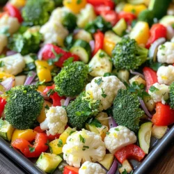 - 2 cups broccoli florets - 2 cups cauliflower florets - 1 red bell pepper, sliced - 1 yellow bell pepper, sliced - 1 zucchini, chopped - 1 red onion, roughly chopped - 4 cloves garlic, minced - 3 tablespoons olive oil - Juice and zest of 1 large lemon - 1 teaspoon dried oregano - 1 teaspoon smoked paprika - Salt and pepper to taste - Fresh parsley, chopped (for garnish) When I make Sheet-Pan Lemon Garlic Roasted Veggies, I love the fresh taste of the veggies. This dish is simple yet full of flavor. You need just the right mix of vegetables. I often use broccoli and cauliflower for their crunch. Bell peppers add color and sweetness. Zucchini gives a nice texture, while red onion adds a mild sharpness. Next, the seasoning really makes this dish shine. Garlic is a must; it adds a bold taste. Olive oil helps everything roast nicely. The lemon juice and zest brighten up the flavors. Oregano and smoked paprika give depth and warmth. Don’t forget salt and pepper to bring it all together. I always finish with fresh parsley for a pop of color. This simple blend of ingredients creates a dish that is both healthy and delicious. - Preheat the oven to 425°F (220°C). - Line a large sheet pan with parchment paper. This makes cleanup easy. - In a large bowl, mix the broccoli, cauliflower, red and yellow bell peppers, zucchini, and red onion. - In a small bowl, whisk garlic, olive oil, lemon juice, lemon zest, oregano, smoked paprika, salt, and pepper together. - Pour the lemon-garlic mixture over the veggies. Toss well to coat each piece. - Spread the veggies evenly on the prepared sheet pan. Make sure they are in a single layer. - Roast for 20-25 minutes. Stir halfway through. Look for tender veggies with a slight char. Cutting vegetables into uniform sizes helps them cook evenly. If some pieces are big and others small, they will roast at different rates. Aim for bite-sized pieces, about one inch. Stirring the veggies halfway through cooking ensures even roasting. This simple step can make a big difference in texture and taste. Adding fresh herbs and spices boosts flavor. Fresh garlic gives a strong taste, while dried oregano adds warmth. Combine them for a zesty kick. Fresh ingredients often taste better than dried ones. However, dried herbs are great for convenience. Use what you have, but don’t skip the garlic! Roast your veggies at 425°F (220°C) for great results. Different ovens may cook at different rates, so check your veggies. Look for a golden color and slight charring. If they are tender when pierced with a fork, they are done. Trust your senses; they guide you well! {{image_2}} You can mix in different veggies for more fun. Try these: - Brussels sprouts: They add a nice crunch. Just cut them in half. - Carrots: They bring sweetness. Slice them into thin rounds. - Sweet potatoes: They provide a creamy texture. Cut them into cubes. Adding these veggies gives your dish new tastes and colors. Feel free to explore! Switching up flavors can keep things exciting. Here are some ideas: - Different citrus juices: You can use lime or orange juice. Each gives a unique taste. - Alternative herbs and spices: Basil or thyme can change the flavor. Try chili flakes for heat. These swaps let you create your own signature dish. Don't be afraid to experiment! You can easily adjust this recipe to fit different diets. Here are some tips: - Vegan options: This recipe is already vegan! All the ingredients are plant-based. - Gluten-free considerations: All ingredients are gluten-free. Enjoy without worry. These modifications ensure everyone can enjoy this dish. Cooking should include everyone! Store your leftovers in the fridge. Use an airtight container to keep them fresh. Make sure the veggies cool down first. This helps avoid sogginess in your dish. Keep them in the fridge for up to four days. To reheat, use the oven for the best results. Preheat it to 350°F (175°C). Spread the veggies on a baking sheet and heat for about 10 minutes. For the microwave, place them in a bowl. Heat in short bursts to keep them soft and tasty. Yes, you can freeze roasted veggies! First, let them cool completely. Then, place them in a freezer-safe bag. Remove as much air as you can before sealing. They can stay in the freezer for up to three months. When ready to eat, thaw in the fridge overnight. Reheat in the oven to restore their crispness. Yes, you can use frozen vegetables. They work well, but fresh veggies taste better. Frozen vegetables may need a bit more time to roast. Make sure to spread them in a single layer. This helps them cook evenly. Roasted veggies last about 3 to 5 days in the fridge. Store them in an airtight container. This keeps them fresh and tasty for your next meal. Yes, you can prep the veggies ahead of time. Chop them and store them in the fridge. Just make sure to cover them well. This saves time when you want to cook. You can serve these roasted veggies with many dishes. They pair well with grilled chicken or fish. You can also add them to pasta or a grain bowl. For a light meal, serve them with a salad. The options are endless! This article shared a simple guide to making delicious lemon garlic roasted veggies. We covered the key ingredients, step-by-step preparation, and tips for perfect roasting. You learned about flavor options and storage methods, ensuring your dish stays tasty. Remember, cooking can be fun, so feel free to mix and match your favorite veggies. With these tips, you’ll enjoy healthy meals that are easy to prepare. Now, it’s time to try this recipe and enjoy the tasty results!