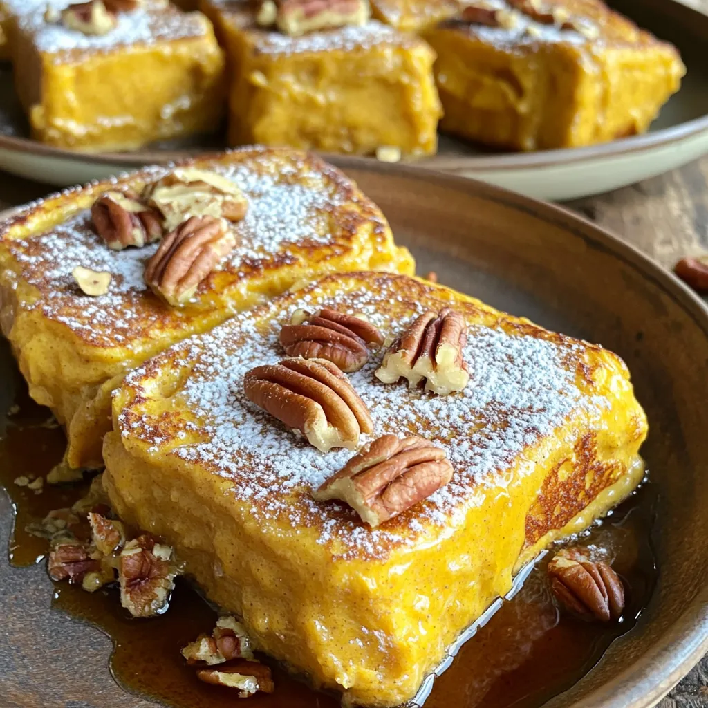 - 1 loaf of brioche or challah bread - 1 can (15 oz) pumpkin puree - 4 large eggs - 2 cups milk (or a milk alternative) - 1 cup brown sugar These ingredients make the base of your casserole. The brioche or challah bread adds softness. Pumpkin puree gives it a rich, warm flavor. Eggs hold it all together, while milk adds creaminess. Brown sugar sweetens and enhances the pumpkin taste. - 1/2 cup chopped pecans - Powdered sugar for serving - Maple syrup for serving Chopped pecans add a nice crunch. They also bring a bit of nutty flavor. Powdered sugar gives a sweet touch on top. Maple syrup is perfect for drizzling and adds a classic flavor. - 1 teaspoon vanilla extract - 1 tablespoon pumpkin pie spice - 1/2 teaspoon salt Vanilla extract enhances the sweetness. Pumpkin pie spice gives that classic fall flavor. A little salt balances the sweetness and rounds out the dish. With these ingredients in hand, you're ready to create a warm, comforting breakfast that everyone will love. - Preheat your oven to 350°F (175°C). Prepare a 9x13-inch baking dish by greasing it. - In a large bowl, mix together one can of pumpkin puree, four large eggs, and two cups of milk until smooth. Add one cup of brown sugar, one teaspoon of vanilla extract, one tablespoon of pumpkin pie spice, and half a teaspoon of salt. Whisk well. - Cut one loaf of brioche or challah bread into cubes. Gently fold the bread into the pumpkin mixture. If you like, add half a cup of chopped pecans for crunch. - Pour the mixture into the greased baking dish. Spread it evenly across the dish. Press down slightly to compact the bread. - Cover the dish with plastic wrap. Refrigerate for at least 30 minutes, or overnight if you want stronger flavors. - Remove the plastic wrap and bake the casserole for 45-50 minutes. It should be golden brown on top and set in the center. - After baking, let it cool for 10 minutes. Slice it and serve warm. Top with powdered sugar and drizzle with maple syrup for a sweet finish. Choosing the right bread is key. I recommend using brioche or challah. These breads soak up the pumpkin mixture well and stay soft. Avoid bread that is too dense or dry. It won’t give you the best texture. Overnight chilling is a must. Letting the casserole sit in the fridge helps the bread absorb all the flavors. Aim for at least 30 minutes, but overnight is best. This step makes the dish richer and tastier. When serving the casserole, cut it into squares. Place each square on a plate for a pretty look. Dust with powdered sugar for a sweet touch. Drizzle with warm maple syrup for extra flavor. If you like, add chopped pecans on top. They add crunch and look great. Using fresh spices makes a big difference. Freshly grated nutmeg or cinnamon can brighten the dish. If you use store-bought spices, try to choose high-quality ones. They can still bring good flavor. You can also add a splash of vanilla extract. It pairs well with the pumpkin and spices. This small addition adds a layer of warmth to each bite. {{image_2}} You can make this dish fit your needs. For a dairy-free or vegan version, use almond, oat, or soy milk. Substitute the eggs with flax eggs. Just mix one tablespoon of ground flaxseed with three tablespoons of water and let it sit for a few minutes until thick. If you need gluten-free options, choose gluten-free bread. Look for a loaf that is soft and fresh. This will help keep the casserole moist and tasty. Want to change up the flavors? You can add other spices like nutmeg or cinnamon. A splash of almond or maple extract can also bring a nice twist. During the fall, add seasonal ingredients. Chopped apples or cranberries work great in this dish. They add a nice tart flavor that pairs well with pumpkin. This casserole is great for breakfast or dessert. Serve it with whipped cream for a sweet treat after dinner. You can also enjoy it warm with yogurt for breakfast. Top it with powdered sugar for a pretty finish. Drizzle maple syrup on top for extra sweetness. You can even add some nuts for crunch. To keep your pumpkin spice French toast casserole fresh, store it in the fridge. Wait until it cools down before putting it in a container. Use an airtight container for best results. This way, it stays moist and safe. The casserole lasts up to three days in the fridge. You can freeze this casserole for later. First, let it cool completely. Then, cut it into portions. Wrap each piece in plastic wrap, then place it in a freezer bag. This helps keep the air out. When you want to eat it, thaw it in the fridge overnight. You can reheat it straight from frozen, but allow extra time. Serve it warm with syrup for a tasty treat. Reheat your casserole in the oven for the best results. Preheat it to 350°F (175°C). Place the casserole in an oven-safe dish, cover it with foil, and heat for about 20 minutes. This keeps it moist. You can also use a microwave. Heat individual portions for 1-2 minutes. Just make sure to check if it’s warm throughout. Enjoy your delicious leftovers without losing texture! Yes, you can make this casserole ahead of time. To do this, prepare the mixture and pour it into the baking dish. Cover it with plastic wrap and refrigerate it overnight. This allows the bread to soak up the pumpkin mixture well. When ready, just remove the wrap and bake it. Baking takes about 45 to 50 minutes at 350°F (175°C). If you don't have pumpkin puree, there are great options. You can use sweet potato puree or butternut squash puree as a substitute. Both give a nice flavor and texture. You can also use applesauce for a different twist. Just keep in mind that applesauce may add a bit more sweetness. To check if the casserole is done, look for a golden brown top. The center should feel firm, not jiggly. You can insert a knife in the middle; it should come out clean. If you see wet batter on the knife, it needs more time. Let it cool for about 10 minutes after baking before slicing. This blog post covers the joys of making a pumpkin casserole with ease. We explored essential ingredients like brioche bread, pumpkin puree, and eggs. I provided step-by-step instructions, tips for perfect texture, and variations for your taste. Remember, you can customize it to fit your needs, whether gluten-free or vegan. Enjoy creating and sharing this warm dish. It’s perfect for any gathering or cozy morning. Your friends and family will love it!