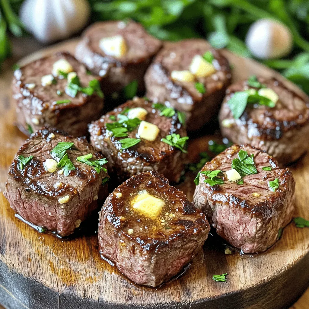 For this recipe, you need: - 1 lb sirloin steak, cut into 1-inch cubes - 3 tablespoons unsalted butter, melted - 4 cloves garlic, minced The sirloin steak gives the dish a rich flavor and tender bite. Cubing it helps the steak cook evenly. The butter adds a creamy taste that pairs well with garlic. The minced garlic brings a strong flavor that makes this dish special. You will also need: - 1 teaspoon dried oregano - 1 teaspoon smoked paprika - Salt and pepper to taste Dried oregano adds a nice herbal note. The smoked paprika gives a warm, smoky flavor that enhances the steak. Salt and pepper help to bring out all these flavors. Adjust these to your taste for the best results. To finish, use: - Fresh parsley, chopped Chopped parsley adds a pop of color and freshness. It also complements the rich flavors of the garlic butter. Using fresh herbs brightens the dish and makes it look appealing. First, gather your ingredients. You need butter, garlic, oregano, paprika, salt, and pepper. In a mixing bowl, pour in the melted butter. Add the minced garlic, dried oregano, and smoked paprika. Next, sprinkle in salt and pepper to taste. Mix all the ingredients well until they blend into a smooth mixture. This garlic butter will add a rich flavor to your steak bites. Now, take your sirloin steak and cut it into 1-inch cubes. Add the cubed steak to the bowl with the garlic butter. Toss the pieces well to coat them completely in the mixture. Let the steak marinate for 15 to 20 minutes. This step is key! It allows the flavors to soak into the meat, making each bite tasty. While the steak marinates, preheat your air fryer to 400°F (200°C). Give it about 5 minutes to heat up. Once hot, place the marinated steak bites in the air fryer basket. Make sure they are in a single layer to cook evenly. Avoid crowding the basket. Cook the steak bites for 8 to 10 minutes. Shake the basket halfway through for even cooking. Check for your desired doneness; 8 minutes gives you medium, while 10 minutes gives you well done. After cooking, carefully remove the steak bites. Drizzle any leftover garlic butter on top and sprinkle with fresh parsley. Enjoy your savory delight! To get the best doneness for your steak bites, use a meat thermometer. For medium, aim for 145°F. For well-done, go for 160°F. If you like your steak rare, cook it to 130°F. Remember, the steak will keep cooking after you take it out. Let it rest a few minutes before serving. This helps keep the juices inside. Do not pile the steak bites in the air fryer. This can cause uneven cooking. Keep them in a single layer. If you have more steak bites, cook them in batches. This ensures every bite cooks evenly and gets that nice crispiness. You can make your steak bites even tastier by adding herbs. Try fresh thyme or rosemary. These herbs pair well with garlic butter. You can also add a pinch of red pepper flakes for a bit of heat. Mix these in with the garlic butter before marinating the steak. This small change can make a big difference in flavor. {{image_2}} You can add a kick to your steak bites. Just mix in some red pepper flakes. Start with half a teaspoon. You can always add more if you like it spicy. This gives a nice heat without hiding the garlic flavor. It makes each bite exciting and bold. While I use sirloin steak, other cuts work well too. Try ribeye for a richer taste. Flank steak is leaner but great for flavor. Tender cuts will cook faster and stay juicy. Just remember to adjust your cooking time to avoid overcooking. Using the air fryer is fast and easy. It cooks steak bites quickly and keeps them juicy. You can also cook them in the oven. Set it to 400°F and bake for about 12-15 minutes. The air fryer gives a crisp outside, while the oven offers even cooking. Both methods taste great, but the air fryer saves time. After enjoying your steak bites, let them cool. Place the leftovers in an airtight container. They will stay fresh in the fridge for up to three days. Make sure to separate layers with parchment paper to prevent sticking. To reheat, use an air fryer for best results. Set your air fryer to 350°F (175°C). Heat the steak bites for about 3-5 minutes. This keeps them juicy and warm. You can also use a microwave, but they may lose some texture. You can freeze leftover steak bites if you want to save them for later. Place the cooled bites in a freezer-safe bag or container. They can last for about three months in the freezer. When ready to eat, thaw them overnight in the fridge before reheating. Yes, you can make this recipe in an oven. To do this, preheat your oven to 400°F (200°C). Spread the marinated steak bites on a baking sheet in a single layer. Bake for about 10-12 minutes. Check the steak for doneness to make sure it is cooked to your liking. Steak bites pair well with many sides. Here are some great options: - Garlic mashed potatoes - Crispy Brussels sprouts - Fresh salad with vinaigrette - Creamy mac and cheese You can also serve them as appetizers with toothpicks for fun snacking. To check if steak is done, use a meat thermometer. For medium rare, aim for 135°F (57°C). For medium, go for 145°F (63°C). For well done, it should be around 160°F (71°C). You can also cut into a piece to see if it is cooked to your taste. Marinating the steak is not required, but it adds great flavor. The garlic butter mixture infuses the meat with rich taste. If you have time, let it marinate for 15-20 minutes. This step makes a big difference in flavor. We explored a great recipe for Garlic Butter Steak Bites and their key ingredients. You learned the simple steps to prepare, marinate, and cook them in an air fryer. I shared tips for perfect doneness and how to enhance flavor with herbs. You can also try fun variations and store leftovers easily. This dish is perfect for quick meals or sharing with friends. Enjoy creating your tasty steak bites and don’t hesitate to experiment with your favorite flavors!