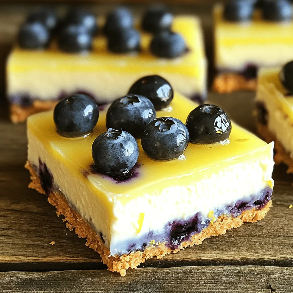 - 1 ½ cups graham cracker crumbs - ½ cup unsalted butter, melted - 2 tablespoons sugar - 16 oz cream cheese, softened - 1 cup granulated sugar - 3 large eggs - 2 teaspoons vanilla extract - Zest of 1 lemon - ½ cup freshly squeezed lemon juice - 1 cup fresh blueberries - Pinch of salt To make lemon blueberry cheesecake bars, you need fresh and simple ingredients. The graham cracker crumbs create a crunchy crust. You will need unsalted butter to bind the crumbs. Sugar adds sweetness to balance the tangy cream cheese. Cream cheese is the star of the filling. It must be softened for smooth mixing. Eggs help the cheesecake set, while vanilla extract adds a warm flavor. The zest and juice of the lemon bring bright, zesty notes to the dessert. Fresh blueberries add bursts of flavor. They also make the bars look pretty. A pinch of salt enhances all the tastes in the filling. Gather these ingredients before you start. Having everything ready makes the process easy and fun. You can find most of these items at your local grocery store. With these, you are set to create a delightful treat! - Preheat the oven to 325°F (160°C). - Prepare the baking dish with parchment paper. First, you need to warm your oven. This helps the cheesecake bake evenly. While the oven heats, grab an 8x8 inch baking dish. Line it with parchment paper. Leave some paper hanging over the sides. This makes it easy to lift out the bars later. - Combine graham cracker crumbs, melted butter, and sugar. - Press mixture into the dish and bake. Next, let’s make the crust. In a medium bowl, mix 1 ½ cups of graham cracker crumbs, ½ cup of melted butter, and 2 tablespoons of sugar. Stir it until it looks crumbly. Now, press this mixture firmly into the bottom of your prepared dish. This will form a solid base. Bake it for 10 minutes. When done, let it cool for a bit. - Beat cream cheese and add sugar. - Incorporate eggs, flavorings, and blueberries. - Pour filling over the crust and bake. Now, we will make the cheesecake filling. In a large bowl, beat 16 oz of softened cream cheese with a hand mixer until it's smooth. Gradually add in 1 cup of granulated sugar. Keep mixing until it’s well blended. Next, add 3 large eggs one at a time. Mix well after each egg. Then, add 2 teaspoons of vanilla extract, the zest of 1 lemon, and ½ cup of lemon juice. Don’t forget a pinch of salt! Mix until everything is smooth. Now, gently fold in 1 cup of fresh blueberries. Be careful not to squish them. Finally, pour this filling over the cooled crust. Spread it evenly. Bake in the preheated oven for 30-35 minutes. The center should be set but still slightly jiggly. Once baked, turn off the oven. Crack the door open and let the cheesecake cool for about an hour. After that, refrigerate it for at least 4 hours or overnight. When it’s cold, lift it out using the parchment paper. Cut into bars and enjoy! To ensure a smooth cheesecake texture, start with room-temperature cream cheese. Cold cream cheese can make lumps. Use a hand mixer to beat the cream cheese until it is creamy and smooth. This simple step makes a big difference. When folding in blueberries, do it gently. You want to keep the blueberries whole. Stir them in with a spatula, not a mixer. This keeps your cheesecake looking pretty. Monitor your bake time closely. Bake the cheesecake bars between 30 to 35 minutes. You want the center to be set but still jiggly. Overbaking can lead to a dry texture. Cooling is key to prevent cracks. After baking, turn off the oven and leave the door open. Let the bars cool slowly for about an hour. This helps avoid sudden temperature changes that can crack your cheesecake. These bars are best served cold. Use a sharp knife to cut neat squares. You can garnish with extra blueberries or a sprinkle of lemon zest. This adds a pop of color and flavor. For toppings, consider a drizzle of lemon glaze or a scoop of whipped cream. These pair nicely with the tangy lemon flavor. You might also enjoy a dollop of yogurt for a creamy finish. {{image_2}} You can easily change the flavor of your cheesecake bars. Try adding different fruits. Raspberries or strawberries work well. You can also mix in some peaches. Each fruit adds its own sweet twist. You can also infuse other flavors into the mix. A splash of vanilla adds warmth. If you love almond, use almond extract instead. Just a little will enhance the taste. These simple swaps keep your cheesecake fun and fresh. For a healthier version, consider low-sugar options. You can use sugar substitutes like stevia or monk fruit. They keep the sweetness without the calories. Another great tip is to use Greek yogurt. It adds creaminess and protein. Swap half the cream cheese for Greek yogurt. This makes your bars lighter and just as tasty. If you need a gluten-free option, you can swap the graham cracker crust. Use almond flour or gluten-free cookies instead. Just crush them and mix with melted butter. For the filling, you might need a different thickener. Cornstarch or arrowroot powder can work well. They help the filling set nicely without gluten. These options keep your dessert safe and delicious. To keep your lemon blueberry cheesecake bars fresh, store them in the fridge. Place the bars in an airtight container. This keeps moisture in and prevents them from drying out. If you want to freeze them, wrap each bar tightly in plastic wrap. Then, place them in a freezer-safe bag or container. This method helps prevent freezer burn. In the fridge, these cheesecake bars last about 5 days. Watch for signs of spoilage. If you see any mold or a change in smell, it’s time to throw them away. When frozen, they can last up to 3 months. If you want to enjoy them warm, you can reheat the bars. The best method is to use a microwave. Heat them for about 10-15 seconds at a time. Check to see if they are warm enough. Be careful not to overheat, as this can change their texture. Enjoy your dessert while it's delicious and fresh! Can I make these bars ahead of time? Yes, you can make these bars a day or two ahead. They taste even better when chilled overnight. Just store them in the fridge in an airtight container. This way, the flavors blend nicely. Can I use frozen blueberries instead of fresh? You can use frozen blueberries, but they may release more juice. Be careful when folding them in. This can make the bars a bit more watery. If possible, thaw and drain the frozen berries first to reduce moisture. What can I substitute for cream cheese? If you need a substitute for cream cheese, try using Greek yogurt or mascarpone. Both provide a creamy texture. You can also use a vegan cream cheese if you prefer a dairy-free option. Adjust sugar levels to taste, as these options can vary in sweetness. You now have all the steps to make delicious lemon blueberry cheesecake bars. We explored important ingredients, precise instructions, and helpful tips. Flavor variations and storage info give you the flexibility to customize. You can create a sweet treat that fits your tastes. Whether serving at a party or enjoying at home, these bars are a hit. Try making them soon, and enjoy the fresh flavors. Happy baking!