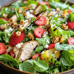 - 2 boneless, skinless chicken breasts - 2 cups mixed salad greens (arugula, spinach, or spring mix) - 1 cup strawberries, hulled and sliced The main ingredients bring life and flavor to your salad. Chicken breasts offer protein, while the mixed greens provide a fresh base. Strawberries add sweetness and a pop of color. - 1/3 cup balsamic vinegar - 2 tablespoons honey - 2 tablespoons olive oil The dressing is key for flavor. Balsamic vinegar gives a tangy kick. Honey adds a touch of sweetness, while olive oil brings richness. This mix ties all the flavors together. - 1/2 cup feta cheese, crumbled - 1/4 cup walnuts, toasted - Fresh basil leaves for garnish Toppings make your salad special. Feta cheese adds creaminess and saltiness. Walnuts provide a nice crunch. Fresh basil gives a burst of flavor and aroma, making each bite delightful. To start, season the chicken breasts with salt and pepper. This adds flavor right from the start. Heat a skillet over medium heat and add one tablespoon of olive oil. Once hot, place the chicken in the skillet. Cook for about six to seven minutes on each side. You want the chicken to be fully cooked through. After cooking, it's important to let the chicken rest for about five minutes. This step keeps the juices inside. Once rested, slice the chicken into thin strips. Next, grab a small bowl for the dressing. Whisk together the balsamic vinegar, honey, and remaining olive oil. This will create a sweet and tangy flavor. Taste your dressing and adjust with salt and pepper to suit your liking. Now, it’s time to assemble the salad. In a large salad bowl, add the mixed salad greens. Then, toss in the sliced strawberries and crumbled feta cheese. Mix gently to combine. Finally, arrange the sliced chicken on top of the salad. Drizzle the balsamic dressing over everything. Toss gently to avoid bruising the greens and strawberries. For the finishing touch, sprinkle toasted walnuts and add fresh basil leaves for a pop of color and flavor. To check if your chicken is done, use a meat thermometer. The internal temperature should be 165°F. If you don’t have a thermometer, make a small cut in the thickest part. The juices should run clear, not pink. You can cook the chicken in different ways. Grilling adds a smoky flavor and nice grill marks. Baking is easy and keeps the chicken moist. Just place it in a preheated oven at 375°F for about 25-30 minutes. You can add herbs or spices to the dressing for extra flavor. Try fresh basil, thyme, or oregano. These will give the dressing a fresh twist. If you want a different sweetness, use maple syrup or agave nectar instead of honey. This change can create a different taste profile, making the salad unique. Pair this salad with a light soup or some crusty bread. These side dishes balance the meal nicely. For presentation, use a large bowl to showcase the colorful ingredients. Arrange the chicken in a fan shape on top. Add a sprinkle of feta and walnuts for a beautiful finish. {{image_2}} You can make this salad vegetarian by using tofu instead of chicken. Start with firm tofu. Press it to remove extra water. Cut it into cubes and sauté it in olive oil until golden brown. You can also add plant-based ingredients like chickpeas or quinoa. These ingredients add protein and texture to your salad. Feel free to swap strawberries for other fruits. Blueberries, raspberries, or peaches work well. You can also use seasonal fruits like apples in fall or oranges in winter. Each fruit brings its own flavor, making the salad unique every time. If you need a nut-free option, just leave out the walnuts. You can use sunflower seeds or pumpkin seeds for crunch. These seeds add a nice texture without the nuts. To store leftovers, place the salad in an airtight container. Make sure to keep the dressing separate. This helps keep greens fresh. The salad can last up to three days in the fridge. However, the dressing stays good for about one week. You can prep ingredients ahead of time. Wash and slice strawberries in advance. Store them in the fridge for easy access. You can also cook the chicken and let it cool. Slice it before storing. This way, you can assemble your salad quickly. You can freeze cooked chicken. Wrap it tightly in plastic wrap or foil. Use a freezer bag for extra protection. However, avoid freezing the salad. Freezing can change the texture of the greens and strawberries. Thawing might make them mushy, affecting quality. Yes, you can use other vinegars. Try red wine vinegar for a sharper taste. Apple cider vinegar adds a fruity twist. If you like a milder flavor, use rice vinegar. Each type gives a unique taste to your salad. To make this salad gluten-free, choose gluten-free chicken. Ensure that the balsamic vinegar is gluten-free. Most brands are safe, but always check the label. You can also skip the feta cheese if you prefer. Use a dairy-free cheese or leave it out. Serve this salad as a light lunch or dinner. It’s great for picnics or BBQs. Aim for about one cup per person. Pair it with crusty bread or a light soup. The colors and flavors make it a fun dish to share! This blog post highlights a tasty Balsamic Strawberry Chicken Salad. You learned about the main ingredients like chicken, strawberries, and mixed greens. I shared how to cook the chicken and make a delicious dressing. Plus, I included tips for the perfect salad and ideas for variations. Remember, you can customize it to fit any diet. This salad is flexible and great for any meal. Enjoy making it fresh or prepping for quick lunches. Dive into this salad, and let your creative side shine!