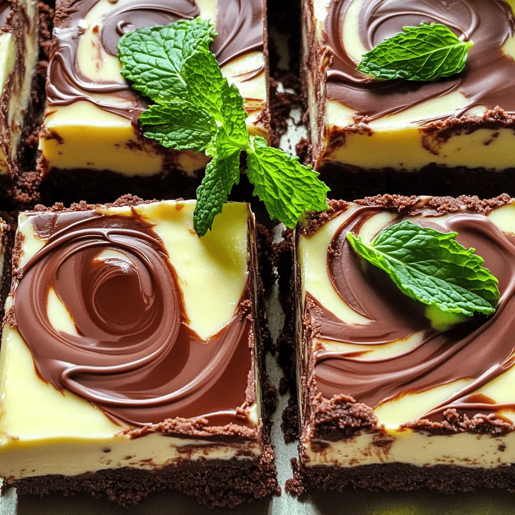 Here’s what you need for No-Bake Chocolate Mint Cheesecake Bars. Gather these items: - 1 ½ cups chocolate cookie crumbs - ½ cup unsalted butter, melted - 16 oz cream cheese, softened - 1 cup powdered sugar - 1 teaspoon vanilla extract - 1 teaspoon mint extract - 1 cup heavy whipping cream - ½ cup semi-sweet chocolate chips - Fresh mint leaves for garnish (optional) These ingredients create a rich and creamy dessert. The chocolate cookie crumbs form a crunchy crust. The melted butter helps bind the crumbs. Cream cheese gives the filling its smooth texture. Powdered sugar adds sweetness without grit. Vanilla and mint extracts enhance the flavor. Heavy whipping cream makes the filling light and fluffy. Semi-sweet chocolate chips add a touch of chocolatey goodness. Fresh mint leaves are a lovely garnish if you choose to use them. Make sure to use fresh ingredients for the best taste. I always recommend checking your cream cheese and whipping cream for freshness. This simple list will help you create a delicious treat that everyone will love. To start, grab a medium bowl and add your chocolate cookie crumbs. Next, pour in the melted butter. Mix them well until you see a dark, wet mixture. This helps form a tasty crust. Now, take this mixture and press it evenly into a 9x9 inch square baking pan. Make sure it covers the bottom well. Once done, place the pan in the fridge for about 15 minutes. This helps the crust set nicely. For the filling, take a large mixing bowl and add softened cream cheese. Use an electric mixer to beat it until smooth and creamy. It should look fluffy. Gradually add the powdered sugar, mixing at a low speed. This makes sure the sugar blends in without flying everywhere. Now, it’s time to add flavor! Pour in the vanilla extract and mint extract into the cream cheese mixture. Beat it again to mix well. Make sure the flavors are even throughout so every bite tastes great. In another bowl, pour in the heavy cream. Use a mixer to whip it until stiff peaks form. This means the cream should hold its shape well. Once you achieve this, gently fold the whipped cream into the cream cheese mixture. Be careful not to deflate it; you want a light and airy filling. Next, take the cheesecake filling and pour it over the chilled crust. Use a spatula to spread it evenly across the crust. This step is crucial for balanced bites. In a small microwave-safe bowl, add your semi-sweet chocolate chips. Microwave them in 20-second intervals. Stir the chocolate in between until it’s fully melted. Once melted, drizzle the chocolate over the cheesecake filling. You can use a toothpick or knife to create fun swirls. Cover your cheesecake bars with plastic wrap and place them in the fridge. They need to chill for at least 4 hours. This helps the bars set and makes them easier to slice. Once the bars are set, take them out and slice them into squares. For a fresh touch, garnish each square with a mint leaf. This adds color and a nice aroma to your dessert! Using softened cream cheese is key. It mixes better and gives a smooth filling. Take the cream cheese out of the fridge ahead of time. Let it sit for about 30 minutes to soften. While mixing, always scrape the bowl to make sure everything blends well. For whipping cream, use a cold bowl. Chill your mixing bowl in the fridge for 10 minutes. This helps the cream whip faster. Whip it until stiff peaks form. This means the cream stands up when you lift the whisk. The right crumb consistency makes a big difference. Mix the chocolate cookie crumbs with melted butter until it feels like wet sand. If it's too dry, add a little more butter. Chill the crust for at least 15 minutes. This helps it firm up before you add the filling. If you have time, chilling it longer is even better. You can swap out mint for other extracts. Try almond or orange for a twist. Just use the same amount as the mint extract. For added texture, mix in some mini chocolate chips or chopped nuts. These add crunch and surprise to every bite. Experiment with your favorite flavors and enjoy the fun! {{image_2}} You can easily swap mint for other flavors. Try lemon or raspberry for a fruity twist. You can also mix in peanut butter for a nutty flavor. Adding fruit purees is another fun option. Just blend fresh fruit into the cream cheese mix. This adds a bright taste and a beautiful color. While chocolate cookie crumbs work well, graham cracker crumbs offer a classic taste. Just mix them with melted butter as you would with chocolate crumbs. If you need a gluten-free option, try using almond flour or gluten-free cookies. Both choices will still taste great. If you're looking for low-sugar options, use a sugar substitute. This keeps the bars sweet without added sugars. For a vegan version, replace cream cheese with cashew cream or tofu. Use coconut cream instead of heavy cream for a rich texture. These swaps make the dessert lighter while still tasty. To keep your no-bake chocolate mint cheesecake bars fresh, store them in an airtight container. Use a container that fits the bars snugly to prevent movement. I recommend a glass or plastic container with a tight lid. You can also wrap the bars tightly in plastic wrap before placing them inside. This method seals in moisture and keeps them tasting great. If you want to freeze the bars, first cut them into squares. Place the squares in a single layer on a baking sheet. Freeze for about 1 hour. Once frozen, transfer them to a freezer-safe container or bag. Make sure to separate layers with parchment paper. The bars can stay frozen for up to three months. When you're ready to eat, thaw them in the fridge overnight. These cheesecake bars stay fresh in the fridge for about five days. Look for any changes in color or texture as signs of spoilage. If you notice an off smell or mold, it’s best to discard them. Enjoy them while they are fresh for the best taste! Yes, you can. Try using graham crackers or even Oreos. Each will add a unique taste. Just make sure the cookie crumbs bind well with the butter. These bars need at least four hours to chill. If you can, chill them overnight. This makes them firm and easy to slice. Absolutely! These bars are great for making ahead. They stay fresh in the fridge for up to a week. This is perfect for parties or special events. Yes, you can make a dairy-free version. Use dairy-free cream cheese and coconut cream for whipping. This keeps the creamy texture while being dairy-free. You can definitely add more mint flavor. Just increase the mint extract a little. Be careful not to overdo it, or it might be too strong. This blog post covered how to make delicious cheesecake bars with a chocolate crust. I shared the steps from mixing ingredients to chilling the bars. You can tweak flavors and even use different crusts. Follow my tips for perfect texture and storage to keep them fresh. Enjoy making these tasty treats! They are easy to prepare and perfect for any occasion.