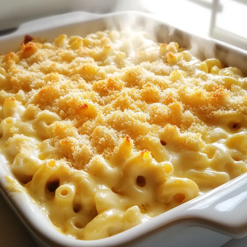 - 2 cups elbow macaroni - 3 tablespoons unsalted butter - 3 tablespoons all-purpose flour - 2 cups whole milk - 1 cup heavy cream - 2 cups white cheddar cheese, shredded - 1 cup Gruyère cheese, shredded - 1 teaspoon garlic powder - 1 teaspoon onion powder - 1/2 teaspoon mustard powder - Salt and pepper to taste - 1/2 cup panko breadcrumbs - 2 tablespoons olive oil Gather these simple yet key ingredients. Start with elbow macaroni, the classic choice. The unsalted butter and all-purpose flour will help create a smooth roux. Whole milk and heavy cream add richness to the dish. For the cheese, white cheddar gives a sharp taste, while Gruyère adds a nutty flavor. Seasonings like garlic powder and onion powder bring depth. Mustard powder adds a slight tang. You’ll need salt and pepper to enhance the flavors. Finally, panko breadcrumbs mixed with olive oil will give a crunchy topping. These ingredients work together to create a creamy, cheesy delight. Enjoy the process of gathering them and preparing for a cozy meal! To start, bring a large pot of salted water to a boil. Add 2 cups of elbow macaroni. Cook it according to the package directions until it is al dente. This usually takes about 8 to 10 minutes. Once done, drain the pasta and set it aside. In the same pot, melt 3 tablespoons of unsalted butter over medium heat. Once the butter melts, whisk in 3 tablespoons of all-purpose flour. Cook this mixture for 1 to 2 minutes until it forms a smooth paste. This step is key to avoid the raw flour taste. Gradually pour in 2 cups of whole milk and 1 cup of heavy cream. Keep whisking until the mixture thickens, which takes about 5 to 7 minutes. Now, lower the heat and stir in 2 cups of shredded white cheddar cheese and 1 cup of shredded Gruyère cheese. Mix until the cheese fully melts. Add 1 teaspoon of garlic powder, 1 teaspoon of onion powder, and 1/2 teaspoon of mustard powder. Don’t forget to season with salt and pepper to taste. This mix creates a rich and creamy sauce that coats every noodle. Preheat your oven to 350°F (175°C). Gently fold the cooked macaroni into the cheese sauce. Ensure every piece is well-coated. Transfer this mixture to a greased 9x13 inch baking dish. In a small bowl, mix 1/2 cup of panko breadcrumbs with 2 tablespoons of olive oil. Sprinkle this topping evenly over the mac and cheese. Bake for 25 to 30 minutes, until the top is golden brown and bubbly. Let it cool for a few minutes before serving. To get that smooth cheese sauce, start with a good roux. Melt the butter in a pot over medium heat. Once melted, whisk in flour until it forms a paste. This keeps the sauce from clumping. Slowly add whole milk and heavy cream. Keep whisking until you see bubbles. This process thickens your sauce. - Use whole milk for richness. - Avoid adding cold ingredients to the hot mixture. - Stir constantly to prevent sticking. White cheddar gives a sharp taste. Gruyère adds a nutty flavor. You can mix in other cheeses too. Try mozzarella for stretch or fontina for creaminess. Each cheese brings its own unique taste. - Use a mix for depth. - Shred your cheese for easy melting. - Experiment with smoked cheeses for a twist. A common mistake is overcooking the pasta. Cook it just until al dente. This helps it stay firm in the oven. When baking, keep an eye on the top. If it browns too fast, cover it with foil. - Preheat your oven before baking. - Let the mac and cheese cool slightly before serving. - Use a greased dish to prevent sticking. {{image_2}} You can easily add vegetables to your creamy white cheddar mac and cheese. Broccoli is a great choice. Just steam it lightly before adding it to the dish. Spinach works well too, adding color and nutrients. You can also use peas or roasted red peppers for extra flavor. Adding veggies not only makes the dish healthier, but it also enhances the taste. If you want to boost protein, consider adding cooked chicken or crispy bacon. Grilled chicken adds a nice smoky flavor. Bacon gives a crunchy texture that contrasts with the creamy cheese. You can also use ham or even cooked shrimp for a seafood twist. Just mix in your choice of protein after you combine the pasta and cheese sauce for a hearty meal. For gluten-free options, swap the elbow macaroni with gluten-free pasta. Many brands offer great alternatives that cook just like regular pasta. If you're vegan, use plant-based cheese and substitute the milk and cream with almond or coconut milk. You can also use a vegan butter alternative. These swaps let everyone enjoy this dish without compromising on flavor! To keep your creamy white cheddar mac & cheese fresh, store it properly. - Let it cool before putting it in the fridge. - Use an airtight container to prevent drying out. - If you want to freeze it, portion it into smaller containers. - Label them with the date to track freshness. When reheating, you want to keep that creamy texture. - Use the oven or stovetop for the best results. - For the oven, preheat to 350°F (175°C). Add a splash of milk to the mac & cheese. - Cover it with foil and heat for about 20 minutes. - On the stovetop, heat over low heat. Stir in a bit of milk to help it blend. Knowing how long your mac & cheese lasts is key. - In the fridge, it stays good for about 3-5 days. - If you freeze it, it can last up to 2-3 months. - Always check for any signs of spoilage before eating. To add heat to your mac and cheese, try these ideas: - Add jalapeños: Dice fresh or pickled jalapeños for a kick. - Use spicy cheese: Swap some white cheddar for pepper jack cheese. - Add hot sauce: Mix in your favorite hot sauce to the cheese sauce. - Include red pepper flakes: Sprinkle red pepper flakes into the mix for a mild heat. Each option changes the flavor and spice level, so choose what you like best! Yes! You can use many pasta types for mac and cheese. Here are some great options: - Shells: They hold more cheese sauce. - Cavatappi: Its spiral shape adds fun texture. - Penne: A classic choice that works well. Changing the pasta can change the dish's feel, but it's still delicious. Just make sure the pasta cooks to al dente for the best results. White cheddar has a sharper taste and is creamier than regular cheddar. Here’s a quick breakdown: - Flavor: White cheddar has a more intense flavor with nutty notes. - Color: White cheddar is pale, while regular cheddar is often orange due to annatto. - Usage: White cheddar works well in creamy dishes like mac and cheese for depth. Using white cheddar can give your dish a unique twist, making it stand out! Mac and cheese is a delightful dish. We covered the key ingredients, like pasta, cheese, and spices. I shared clear steps to cook it perfectly, plus tips for a creamy sauce. You can even try fun variations with veggies or proteins. Storing and reheating leftovers is easy with the right methods. Now, you can make a yummy mac and cheese at home. Enjoy experimenting with flavors and textures. Trust your skills and enjoy this comforting meal truly!