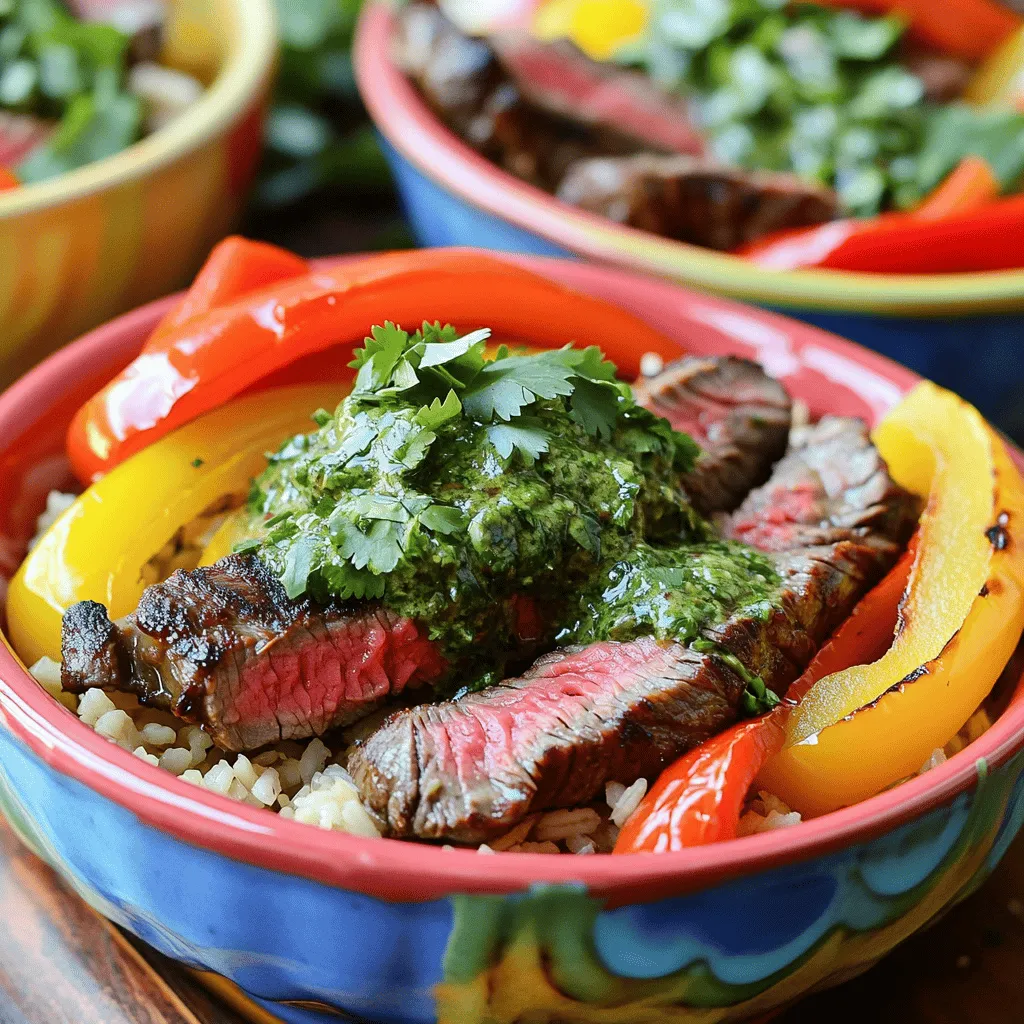 To make these tasty fajita bowls, you need: - 1 lb flank steak, sliced against the grain - 1 red bell pepper, sliced - 1 yellow bell pepper, sliced - 1 red onion, sliced - 3 tablespoons olive oil - 2 teaspoons chili powder - 1 teaspoon cumin - Salt and pepper to taste - 1 cup cooked brown rice or quinoa - Fresh cilantro, chopped (for garnish) These ingredients create a colorful and flavorful dish that is sure to please. The chimichurri sauce adds a great kick. For this sauce, gather: - 1 cup fresh parsley, finely chopped - 1/4 cup fresh oregano, finely chopped - 2 garlic cloves, minced - 1/2 cup olive oil - 2 tablespoons red wine vinegar (or apple cider vinegar) - 1 teaspoon red pepper flakes - Salt and pepper to taste This bright sauce brings a fresh taste that pairs well with steak. To finish your bowls, consider these garnishes: - Fresh cilantro, chopped - Lime wedges on the side These simple touches elevate your dish with flavor and color. Start by gathering all your ingredients. You need: - 1 lb flank steak, sliced against the grain - 1 red bell pepper, sliced - 1 yellow bell pepper, sliced - 1 red onion, sliced - 3 tablespoons olive oil - 2 teaspoons chili powder - 1 teaspoon cumin - Salt and pepper to taste - 1 cup cooked brown rice or quinoa - Fresh cilantro, chopped (for garnish) For the chimichurri sauce, you will use: - 1 cup fresh parsley, finely chopped - 1/4 cup fresh oregano, finely chopped - 2 garlic cloves, minced - 1/2 cup olive oil - 2 tablespoons red wine vinegar (or apple cider vinegar) - 1 teaspoon red pepper flakes - Salt and pepper to taste Make sure to slice the steak and vegetables thinly. This helps them cook evenly. Preheat your oven to 425°F (220°C). Line a large baking sheet with parchment paper to avoid sticking. In a large bowl, combine the sliced flank steak, bell peppers, and red onion. Drizzle with 3 tablespoons of olive oil. Next, sprinkle in 2 teaspoons of chili powder, 1 teaspoon of cumin, and some salt and pepper. Toss everything well to coat. Spread the beef and vegetable mix in a single layer on the baking sheet. Roast this in the oven for about 20-25 minutes. Check halfway through to toss the mix. This will help everything cook evenly. The steak should reach your desired doneness, and the veggies should be tender. While the steak and veggies roast, prepare the chimichurri sauce. In a small bowl, mix together the parsley, oregano, minced garlic, olive oil, vinegar, red pepper flakes, salt, and pepper. Let it sit for at least 10 minutes. This allows the flavors to blend well. When your steak and veggies are done, take the baking sheet out of the oven. Let them cool slightly so you don’t burn yourself. To assemble the bowls, scoop a portion of the cooked brown rice or quinoa into each bowl. Top it with the steak and vegetable mixture. Finally, drizzle chimichurri sauce generously over each bowl. Sprinkle fresh cilantro on top for a burst of color and flavor. Enjoy your vibrant and tasty Sheet-Pan Chimichurri Steak Fajita Bowls! For the best steak, slice against the grain. This keeps the meat tender. A flank steak is great for fajitas. Marinate the steak for an hour if you have time. This adds flavor and makes it more juicy. Always let the steak rest for a few minutes after cooking. This helps keep the juices in. Chimichurri sauce is very flexible. You can add more garlic or extra herbs. Try using cilantro for a twist. Add lime juice for a fresh kick. If you like heat, increase the red pepper flakes. Taste your sauce as you mix it. Adjust the salt and pepper to your liking. To store leftovers, place them in airtight containers. Keep the chimichurri sauce separate to avoid sogginess. Leftover fajita bowls last about three days in the fridge. To reheat, use a microwave or oven. Add a splash of water to keep them moist. Enjoy your tasty meals again! {{image_2}} To make a vegetarian version, swap the flank steak for hearty veggies. Use portobello mushrooms for a meaty texture. Bell peppers and onions still shine here. Toss in zucchini and corn for extra color and flavor. To keep the dish filling, serve it over quinoa or brown rice. You can also add black beans for protein. You can easily switch the steak for chicken. Chicken thighs are juicy and flavorful. Just cut them into strips and season like the steak. Tofu works well too. Choose firm or extra-firm tofu for the best results. Press it to remove moisture, then cut it into cubes. Marinate it in chimichurri for a burst of flavor. Shrimp is another great option. Simply sauté them for a quick cook time. Feel free to mix in other veggies. Try adding sliced carrots or sweet potatoes for sweetness. Broccoli or cauliflower can add crunch. You can also use asparagus or snap peas for freshness. The key is to choose colorful, firm veggies that roast well. This makes your fajita bowls vibrant and full of flavor. Each serving of Sheet-Pan Chimichurri Steak Fajita Bowls is packed with nutrients. Here’s what you get: - Calories: Approximately 500 - Protein: About 30 grams - Carbohydrates: Roughly 45 grams - Fat: Around 20 grams - Fiber: Approximately 6 grams These numbers can vary based on the exact ingredients you use. This dish offers many health benefits thanks to its fresh ingredients: - Flank Steak: Rich in protein, iron, and vitamin B12. Great for muscle health. - Bell Peppers: High in vitamin C and antioxidants. They help fight disease. - Red Onion: Contains quercetin, which may help reduce inflammation. - Olive Oil: Packed with healthy fats. It’s good for heart health. - Chimichurri Sauce: Made with parsley and oregano, both have anti-inflammatory properties. Each ingredient adds flavor and boosts health. This meal is great for many diets. It fits well for those watching calories. You can adjust portions based on your needs. - Gluten-Free: This recipe is gluten-free, making it safe for those with gluten intolerance. - Low-Carb Option: Swap brown rice for cauliflower rice to lower carbs. - Vegetarian Option: Replace steak with grilled vegetables or black beans for a plant-based meal. Always check your ingredient labels to match your dietary needs. The best steak for fajitas is flank steak. It has great flavor and tenderness. Slicing it against the grain makes it even more tender. You can also use skirt steak if you prefer. Both cuts cook well and absorb flavors nicely. Yes, you can make chimichurri sauce ahead of time. It tastes even better after sitting for a while. Just mix all the ingredients and store it in the fridge. Let it sit for at least 10 minutes before using. You can keep it for up to a week. Just give it a stir before serving. To adjust the spice level, change the amount of red pepper flakes. If you like it mild, use less. For more heat, add more red pepper flakes. You can also add sliced jalapeños for extra spice. Taste as you go and find your perfect balance. This blog covered how to make tasty sheet-pan chimichurri steak fajita bowls. We discussed key ingredients and made a simple chimichurri sauce. You learned the steps to prep, roast, and assemble your bowls. I shared tips for cooking steak, customizing the sauce, and storing leftovers. In the end, this dish is fun to make and enjoy. Feel free to try out variations, like using different proteins or veggies. You can create a meal that suits your taste. Happy cooking!