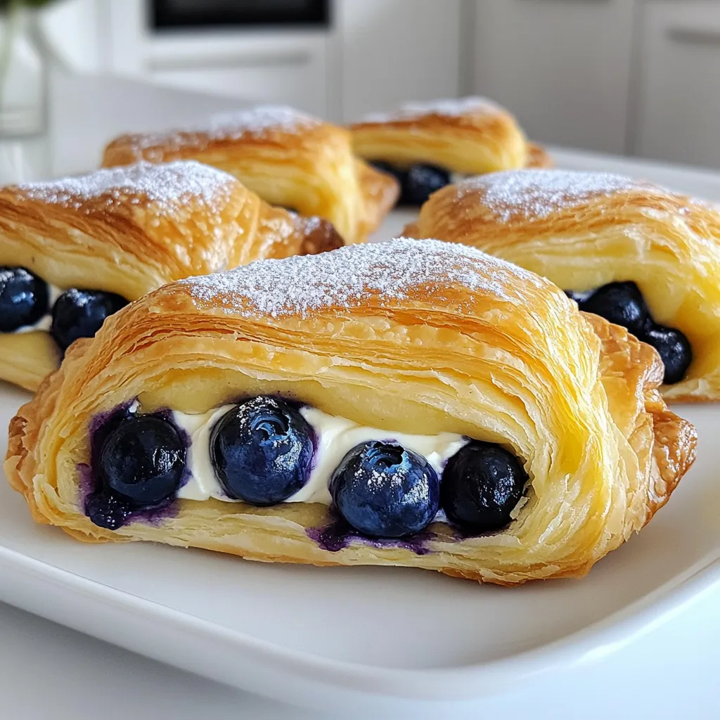 - 1 sheet of puff pastry (thawed) - 4 oz (113g) cream cheese, softened - 1/4 cup powdered sugar - 1 teaspoon vanilla extract - 1 cup fresh blueberries - 1 tablespoon cornstarch - 1 tablespoon lemon juice - 1 egg (for egg wash) - 1 tablespoon milk (for egg wash) - Optional: additional powdered sugar for dusting Gathering the right ingredients is key to making a great Blueberry Cream Cheese Danish. Start with a sheet of puff pastry. This recipe uses one that is already thawed for ease. The puff pastry gives the danish its flaky, buttery texture that everyone loves. Next, you need cream cheese. Four ounces of softened cream cheese mixes well with powdered sugar and vanilla extract for a sweet filling. The powdered sugar adds sweetness, and the vanilla brings out a lovely flavor. Fresh blueberries are a must for this recipe. You will need one cup. They provide a burst of flavor and color. Mixing them with a bit of cornstarch and lemon juice helps thicken the filling and enhance the blueberry taste. For the egg wash, you need one egg and a tablespoon of milk. This mixture will give your danishes a beautiful golden color when baked. Finally, you can dust your danishes with optional powdered sugar for a sweet finish. Make sure you have all these ingredients ready. Each one plays an important role in making your danish a delightful treat. Preheat your oven to 400°F (200°C). This temperature gives the Danishes that nice rise. Line a baking sheet with parchment paper. This will help keep them from sticking. In a bowl, mix 4 oz of softened cream cheese, 1/4 cup of powdered sugar, and 1 teaspoon of vanilla extract. Stir until it is smooth and creamy. The filling should be easy to spread. Combine 1 cup of fresh blueberries with 1 tablespoon of cornstarch and 1 tablespoon of lemon juice. Toss gently to coat the blueberries. This helps thicken the filling and adds a nice flavor. Lightly flour your work surface. Roll out the thawed puff pastry to a rectangle about 12x16 inches. Cut it into smaller rectangles, about 4x6 inches each. This size is perfect for filling. Place a tablespoon of cream cheese filling in the center of each rectangle. Top it with a spoonful of the blueberry mixture. Fold the pastry edges over the filling to create a rectangle. Pinch the edges to seal well. In a small bowl, whisk together 1 egg and 1 tablespoon of milk for an egg wash. Brush this mix on the tops of the pastries. Bake for 15-18 minutes or until they are puffed and golden brown. You want a nice color and a crisp texture. Using puff pastry is key for a light and flaky texture. This dough puffs up well when baked, giving that perfect bakery look. When you roll it out, make sure it’s even. This helps all parts cook the same. For a golden color, brush the pastry with an egg wash. Mix one egg and a bit of milk. This step adds shine and makes your Danish look appealing. Pair your Blueberry Cream Cheese Danish with a cup of coffee or tea. The flavors blend well, making each bite delightful. For a fun twist, serve with whipped cream or a scoop of vanilla ice cream. To present your Danishes beautifully, place them on a nice platter. A dusting of powdered sugar adds a lovely touch. One big mistake is overfilling the pastries. Too much filling can cause them to burst. Stick to a tablespoon of each filling. Another error is not sealing the edges well. If they’re not pinched tightly, the filling may leak out while baking. Take your time with these steps to ensure perfect Danishes every time. {{image_2}} You can switch up the blueberries for many other fruits. Try raspberries, strawberries, or peaches. Each fruit brings a unique taste. Seasonal fruits work great too. Blackberries shine in summer, while apples are tasty in fall. Want to change the cream cheese flavor? Add lemon zest for a fresh kick. Spices like cinnamon or nutmeg can add warmth. You can also use flavored cream cheese, like strawberry or vanilla, for a fun twist. If you need vegan options, swap the puff pastry for a plant-based version. Look for vegan cream cheese in stores. For the egg wash, mix plant milk with a bit of maple syrup. This gives a nice shine without using eggs. To keep your Blueberry Cream Cheese Danishes fresh, store any leftovers in the fridge. Place them in an airtight container to prevent drying out. They will stay good for 2-3 days. If you want to store them longer, freezing is a great option. Wrap each Danish in plastic wrap, then place them in a freezer bag. This way, they can last up to 2 months. When you’re ready to enjoy your Danishes again, reheating them properly is key. The best way to reheat is in the oven. Preheat it to 350°F (175°C). Place the Danishes on a baking sheet and heat for about 10-15 minutes. This method keeps the puff pastry crispy. Avoid using the microwave, as it can make the pastry soggy. Always check to ensure they are warmed through while keeping that delightful texture. Yes, you can make the dough from scratch. Many people enjoy creating their own pastry. You can use a simple recipe with flour, butter, and water. This gives you full control over the flavor and texture. However, using store-bought puff pastry saves time. It also offers a flaky, light texture that many love. If you want a fun challenge, try making your own dough. Blueberry Cream Cheese Danishes stay fresh for about three days in the fridge. Make sure to place them in an airtight container. This helps keep them moist. If you want to store them longer, freeze them. They can last up to two months in the freezer. Just wrap them tightly in plastic wrap before freezing. If you don’t have fresh blueberries, use frozen or canned ones. Frozen blueberries work well. Just thaw them and drain excess liquid. Canned blueberries can also work, but rinse them first. They may be sweeter, so adjust the sugar in your filling. Dried blueberries can add a unique flavor too, though they will be chewier. Yes, store-bought cream cheese is perfect for this recipe. It is easy to find and saves you time. Just make sure it is softened for easy mixing. Look for full-fat cream cheese for the best flavor. If you prefer, try flavored cream cheese for a twist. You now have all the steps to make delicious Blueberry Cream Cheese Danishes. Start with the right ingredients like puff pastry and fresh blueberries, then follow the simple instructions for mixing and baking. Remember to avoid common mistakes like overfilling and not sealing edges. Feel free to explore variations such as different fruits or vegan options. Enjoy your danishes fresh, or store them properly for later. With these tips, you can bake like a pro and impress anyone who tries them!