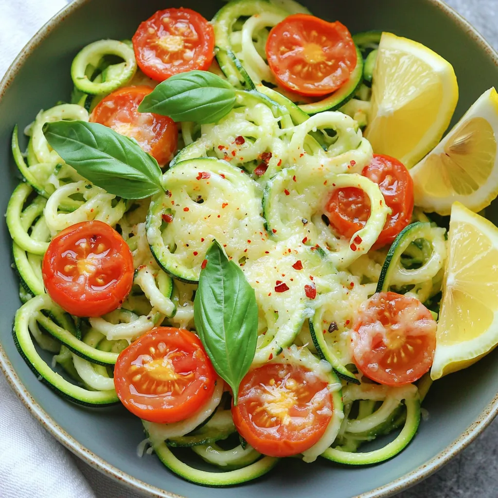 - 2 medium zucchinis (zoodles) - 3 cloves garlic, minced Zoodles are a fun and healthy base for this dish. You can make them by spiralizing zucchinis. They add a great crunch and freshness. Garlic gives the zoodles a nice, savory flavor. - 2 tablespoons olive oil - ½ teaspoon red pepper flakes (optional) - 1 cup cherry tomatoes, halved - Salt and pepper to taste - ½ cup grated Parmesan cheese Olive oil helps cook the garlic and zoodles. Red pepper flakes can add a kick, but it’s up to you. Cherry tomatoes bring sweetness and color. Parmesan cheese adds creaminess and depth to the dish. Don’t forget to season with salt and pepper! - Fresh basil leaves, for garnish - Lemon wedges, for serving Basil adds a fresh aroma and flavor on top. Squeezing lemon juice brightens the dish. It’s a great way to balance the richness of the cheese. Serve everything in bowls for a lovely presentation. To make zoodles, you need two medium zucchinis. First, wash them well. Then, use a spiralizer to create long, thin noodles. If you don't have a spiralizer, a vegetable peeler works too. Just peel the zucchini into strips. Set your zoodles aside. This step is quick and easy, taking about 5 minutes. Next, grab a large skillet and heat 2 tablespoons of olive oil over medium heat. Once the oil is hot, add 3 minced garlic cloves and ½ teaspoon of red pepper flakes if you want some heat. Sauté them for about 30 seconds. The garlic should smell great. Now, toss in your zoodles. Stir them well in the garlic oil for 2-3 minutes. You want them tender but still crisp. Now it’s time to add flavor. Stir in 1 cup of halved cherry tomatoes. Cook them for another 1-2 minutes until they warm up. When everything is just right, take the skillet off the heat. Add ½ cup of grated Parmesan cheese and mix well. The cheese should melt and coat your zoodles. Lastly, season with salt and pepper to taste. You can now serve your zoodles in bowls. Garnish with fresh basil leaves and a squeeze of lemon juice. Enjoy your meal! To get the best zoodle texture, you need to spiralize the zucchini well. Use firm zucchinis for a good grip. Cut off the ends before spiralizing. This helps you get even strands. When cooking, don’t overdo it. Cook zoodles for just 2-3 minutes. They should stay slightly crunchy for the best bite. The key to a tasty dish is in the seasoning. Use fresh garlic for a strong flavor. I like to add red pepper flakes for some heat. Adjust the amount based on your taste. Don’t forget the salt and pepper! They help bring out the zoodle and tomato flavors. A squeeze of fresh lemon juice at the end adds brightness. Prep your ingredients in advance to save time. Spiralize your zucchinis and store them in the fridge. They stay fresh for a few days. Mince garlic and halve tomatoes ahead of time, too. When you’re ready to cook, it all comes together fast. This dish takes only about 10 minutes to make! {{image_2}} You can add protein to your zoodle bowls for extra flavor and nutrition. Grilled chicken works well. Simply slice it and toss it in. Shrimp is another great choice. Sauté the shrimp in the garlic oil before adding the zoodles. For a meatless option, try chickpeas or white beans. Both add protein and make the dish filling. While Parmesan cheese is classic, you can switch it up. Try feta cheese for a tangy flavor. Goat cheese adds creaminess and pairs nicely with zoodles. If you're dairy-free, nutritional yeast gives a cheesy taste without the milk. Just sprinkle it in at the end for a nice finish. Feel free to swap in other veggies based on the season. In spring, add asparagus or peas for freshness. Summer corn or bell peppers bring sweetness. In fall, try butternut squash or kale for heartiness. Winter veggies like spinach or broccoli also work well. Just remember to adjust cooking times for each veggie to keep them tender yet crisp. To keep your Minute Garlic Parmesan Zoodle Bowls fresh, store them in an airtight container. Make sure to let them cool first. I like to divide the zoodles and sauce into separate containers. This way, the zoodles stay crisp. Store them in the fridge for up to two days. When you're ready to enjoy leftovers, reheat them in a skillet. Heat over medium heat for about 3-5 minutes. Stir often to ensure even heating. You can also microwave them for about 1-2 minutes. Just remember to cover the bowl to keep moisture in. Freezing zoodle bowls is an option, but the texture may change. If you want to freeze them, do so before adding cheese. Place zoodles and sauce in a freezer-safe bag. Squeeze out all the air and seal it tightly. They can last in the freezer for up to a month. When you're ready to eat, thaw in the fridge overnight before reheating. You can use other veggies like carrots or cucumbers. These also create fun noodles. Just peel and cut them into thin strips. They hold flavors well and fit the dish nicely. If you lack a spiralizer, you can use a box grater. Just grate the zucchini into thin strips. You can also use a knife to cut thin slices, then cut those into strips. Both methods work well for zoodles. Yes, you can make it vegan easily. Just leave out the Parmesan cheese. You can use nutritional yeast for a cheesy flavor. Olive oil adds richness, and the garlic still gives it great taste. In this post, we explored zoodles, from the base ingredients to tasty add-ins. I shared tips for perfect texture and flavorful seasoning. We looked at meal prep and how to store leftovers for later use. Remember, you can customize zoodles with proteins and seasonal veggies. They’re easy to make and can fit various diets. Keep experimenting with flavors to find your favorite version. Now, you can enjoy healthy meals with zoodles anytime you want!