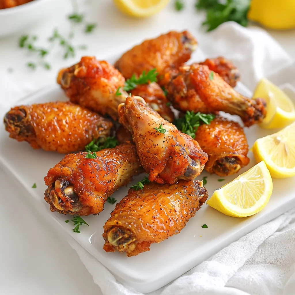You will need 2 lbs of chicken wings. Choose fresh wings for the best taste. Rinse them under cold water. Make sure to pat them dry with paper towels. This step helps them get crispy. For flavor, gather these seasoning ingredients: - 2 tablespoons olive oil - 1 teaspoon garlic powder - 1 teaspoon onion powder - 1 teaspoon smoked paprika - 1 tablespoon baking powder - 1 teaspoon salt - 1 teaspoon black pepper - Zest of 1 lemon - 2 tablespoons lemon juice Each of these adds a unique taste. The garlic and onion powder boost flavor. Smoked paprika gives a nice warmth. Baking powder helps with crispiness. To finish your wings, use fresh parsley, chopped. It adds color and a fresh taste. You can also serve lemon wedges on the side. They add a nice zing when squeezed on the wings. To start, rinse the chicken wings under cold water. This cleans them well. Next, pat them dry with paper towels. Dry wings cook better. Moisture makes them soggy. Aim for a clean, dry surface. Grab a large bowl for mixing. In this bowl, combine the garlic powder, onion powder, smoked paprika, baking powder, salt, black pepper, and lemon zest. Mix these well until they all blend together. This mix gives your wings their great flavor. Before cooking, preheat your air fryer to 400°F (200°C). This takes about five minutes. While it heats, coat your wings with olive oil and lemon juice. Add the wings to the seasoning mix and toss them well. Make sure every wing is covered. Now, place the wings in the air fryer basket. Keep them in a single layer. This helps them cook evenly. If you have many wings, cook them in batches. Cook the wings for 25 to 30 minutes. Halfway through, shake the basket. This ensures all sides get crispy. When they are golden brown, they are ready. For extra crunch, you can cook them for an extra 3 to 5 minutes. Once they are done, take the wings out. Place them on a serving platter. Garnish with fresh parsley and add lemon wedges on the side. This adds a nice touch! To get your wings super crispy, start by drying them well. Moisture makes wings soggy. Use paper towels to pat them dry. Next, add baking powder to your seasoning mix. This helps create the crispy texture we love. When cooking, arrange the wings in a single layer. Overcrowding traps steam and makes them less crispy. Shake the basket halfway through cooking to ensure even crispness. If you want extra crunch, cook them for an extra few minutes. While lemon pepper is a classic, you can mix it up! Try adding cayenne pepper for heat or smoked paprika for a deeper flavor. If you like sweet, add a bit of brown sugar. You can also use fresh herbs, like thyme or rosemary, for a unique twist. Experiment with your favorite spices. This way, you can create a flavor that suits your taste! Serve your wings hot with a side of lemon wedges. The extra juice brings out the flavor. Pair them with a cool dip like ranch or blue cheese. Fresh veggies, like celery or carrot sticks, add a nice crunch. You can also toss them in a light salad for a fresh twist. These wings are perfect for game day or a fun family dinner! {{image_2}} You can easily turn up the heat in your wings. To make spicy lemon pepper wings, add cayenne pepper or chili powder to your seasoning mix. Start with half a teaspoon and adjust to your taste. The heat pairs well with the zesty lemon flavor. This spicy twist gives your wings a bold kick. You can also toss the wings in a hot sauce after cooking for an extra punch. For a sweet and tangy flavor, try honey garlic lemon wings. Add two tablespoons of honey and a teaspoon of minced garlic to your seasoning mix. This creates a sticky glaze that coats your wings. The sweetness from the honey balances the lemon perfectly. After air frying, drizzle more honey on top for added flavor. Your taste buds will love this mix. Bring in fresh herbs for a fragrant twist. Use thyme, rosemary, or oregano to enhance your lemon wings. Simply chop two tablespoons of your chosen herb and mix it into the seasoning. The herbs add depth and a fresh taste. You can also sprinkle fresh herbs on the wings after cooking for a beautiful finish. These herb-infused wings will impress your guests at any gathering. You can store leftover wings in the fridge. Place them in an airtight container. They stay fresh for up to 3 days. Make sure they cool down before sealing them. This helps keep them crispy. To freeze wings, wrap them well in plastic wrap. Next, place them in a freezer bag. Label the bag with the date. Frozen wings can last for about 3 months. Thaw them in the fridge before cooking. To reheat wings, use the air fryer for best results. Set it to 350°F (175°C) and cook for about 5-7 minutes. This keeps them crispy. You can also use an oven. Heat it to 375°F (190°C) and bake for 10-15 minutes. Enjoy your wings as if they were freshly made! Yes, you can use frozen chicken wings. Just remember to thaw them first. Place the wings in the fridge overnight or run them under cold water. After thawing, follow the same steps as fresh wings. This helps them cook evenly and get crispy. To reduce the spice level, use less black pepper. You might also leave out smoked paprika if you find it too strong. Adding more lemon juice can also balance the flavors. This keeps your wings tasty without too much heat. The best dipping sauce depends on your taste. A classic choice is ranch dressing. It adds a creamy touch. Alternatively, you can use a honey mustard sauce for sweetness. Try serving your wings with both sauces. This way, everyone can pick their favorite! In this blog post, we explored how to make delicious chicken wings. We covered key ingredients, from the wings to seasonings and garnishes. I provided step-by-step instructions to help you succeed. We shared tips for crispiness, flavor variations, and storage info. In my view, chicken wings are fun to make and enjoy. With the right steps, you can impress anyone. Try these recipes and enjoy the tasty results!